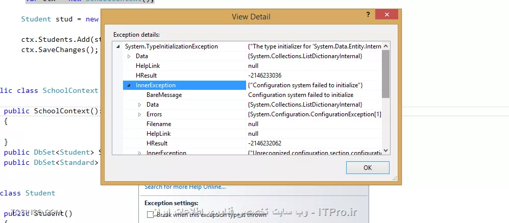 بله .. خطا داره .. 
اینه *Configuration system failed to initialize*

<text>
System.TypeInitializationException was unhandled
  HResult=-2146233036
  Message=The type initializer for 'System.Data.Entity.Internal.AppConfig' threw an exception.
  Source=EntityFramework
  TypeName=System.Data.Entity.Internal.AppConfig
  StackTrace:
       at System.Data.Entity.Internal.LazyInternalConnection..ctor(DbContext context, String nameOrConnectionString)
       at System.Data.Entity.DbContext..ctor()
       at CodeFirst_01.Program.SchoolContext..ctor() in D:\New Project\CodeFirst_01\CodeFirst_01\Program.cs:line 25
       at CodeFirst_01.Program.Main(String[] args) in D:\New Project\CodeFirst_01\CodeFirst_01\Program.cs:line 14
       at System.AppDomain._nExecuteAssembly(RuntimeAssembly assembly, String[] args)
       at System.AppDomain.ExecuteAssembly(String assemblyFile, Evidence assemblySecurity, String[] args)
       at Microsoft.VisualStudio.HostingProcess.HostProc.RunUsersAssembly()
       at System.Threading.ThreadHelper.ThreadStart_Context(Object state)
       at System.Threading.ExecutionContext.RunInternal(ExecutionContext executionContext, ContextCallback callback, Object state, Boolean preserveSyncCtx)
       at System.Threading.ExecutionContext.Run(ExecutionContext executionContext, ContextCallback callback, Object state, Boolean preserveSyncCtx)
       at System.Threading.ExecutionContext.Run(ExecutionContext executionContext, ContextCallback callback, Object state)
       at System.Threading.ThreadHelper.ThreadStart()
  InnerException: 
       BareMessage=Configuration system failed to initialize
       HResult=-2146232062
       Line=0
       Message=Configuration system failed to initialize
       Source=System.Configuration
       StackTrace:
            at System.Configuration.ConfigurationManager.PrepareConfigSystem()
            at System.Configuration.ConfigurationManager.GetSection(String sectionName)
            at System.Configuration.PrivilegedConfigurationManager.GetSection(String sectionName)
            at System.Diagnostics.DiagnosticsConfiguration.Initialize()
            at System.Diagnostics.DiagnosticsConfiguration.get_IndentSize()
            at System.Diagnostics.TraceInternal.InitializeSettings()
            at System.Diagnostics.TraceInternal.get_Listeners()
       InnerException: 
            BareMessage=Unrecognized configuration section configuration.
            Filename=D:\New Project\CodeFirst_01\CodeFirst_01\bin\Debug\CodeFirst_01.vshost.exe.Config
            HResult=-2146232062
            Line=7
            Message=Unrecognized configuration section configuration. (D:\New Project\CodeFirst_01\CodeFirst_01\bin\Debug\CodeFirst_01.vshost.exe.Config line 7)
            Source=System.Configuration
            StackTrace:
                 at System.Configuration.ConfigurationSchemaErrors.ThrowIfErrors(Boolean ignoreLocal)
                 at System.Configuration.BaseConfigurationRecord.ThrowIfParseErrors(ConfigurationSchemaErrors schemaErrors)
                 at System.Configuration.BaseConfigurationRecord.ThrowIfInitErrors()
                 at System.Configuration.ClientConfigurationSystem.EnsureInit(String configKey)
            InnerException: 

<text>


||http://programming.tosinso.com/files/get/d1c81d8c-0c86-418b-981e-07fb04b3586d||

بنده احساس میکنم شاید AppConfig ( یا همون قسمت کنکشن استرینگ) مشکل داره ..
