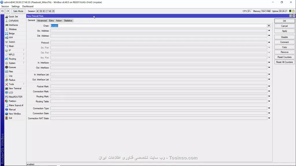 از قسمت Firewall سربرگ filter rule یک رول بسازید و در آن source رو آی پی استاتیک مد نظر رو بزارید و destination رو سرور ریموت و در قسمت پروتکل tcp و پورت 3389 رو بذارید و action رو Allow بذارید و یک رول هم بسازید که همه آسی پی ها رو که با 0.0.0.0 مشخص میشن رو Drop کنید
||https://mikrotik.tosinso.com/files/get/d1e52bac-0670-4d12-b161-3f91516da81e||