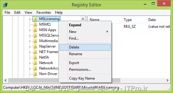 وارد Run  شوید و عبارت Regedit  را تایپ کنید 
به مسیر زیر بروید

HKEY_LOCAL_MACHINE\SOFTWARE\Microsoft\MSLicensing

||https://network.tosinso.com/files/get/d23a121d-474c-4370-9b7b-0b0bcd2f8402||

بر روی گزینه MSLicensing  همانند شکل بالا راست کلیک کنید و Delete ‌را بزنید .
||https://network.tosinso.com/files/get/6ebb9dbe-4c73-469e-b399-b43484ed2af2||
بر روی پیغام Yes  کلیک کنید سپس کامیپیوتر را ریستارت کنید سیستم شما در هنگام بالا آمدن مجددا آن را در Regedit  میسازد 