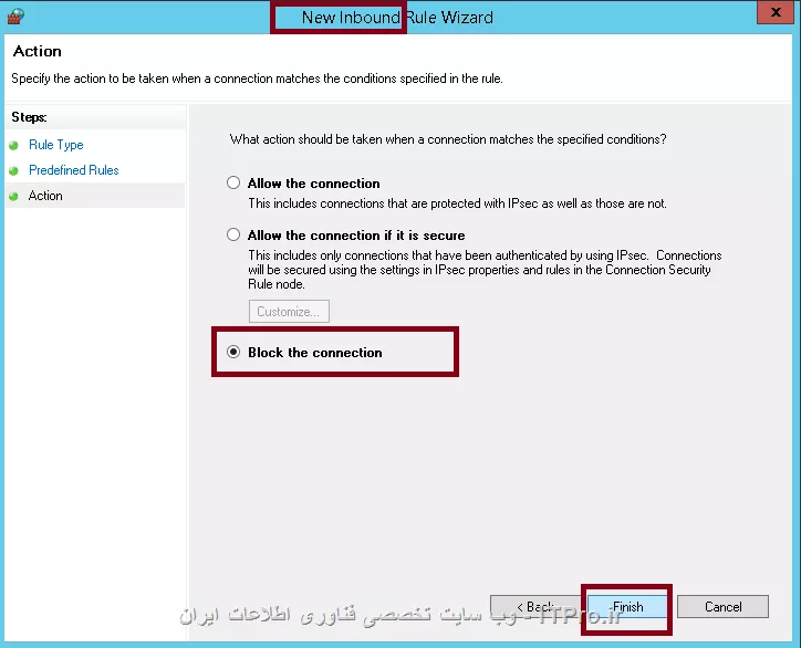 با سلام
شما باید در سرور این تنظیمات را انجام دهید :

1- وارد group policy managment شوید سپس Forest > Domains  بر روی دامینی که برای راه اندازی سرور ساخته اید مثلا sv1.local
راست کلیک کرده و گزینه Create a GPO in this domain, and link to here و نام مناسبی برای آن انتخاب کنید مثلا turnoff Network Discovery
||http://network.tosinso.com/files/get/3c31eb19-d27c-4bb7-b368-ce6a57ea2402||
بعد انتخاب نام مناسب و تایید آن بر روی همین Gpo که ساخته اید راست کلیک و گزینه Edit را بزنید سپس این مسیر را رفته :
Computer Configuration>> Administrative Templates >>Network and select Link-Layer Topology Discovery>> Turn on Mapper I/O (LLTDIO) driver
و
Turn on Responder (RSPNDR) driver

را دابل کلیک کرده و گزینه Disble را انتخاب کنید

2- همچنین باید یک رول برای بلوک کردن از طریق فایروال بسازید :
وارد group policy managment شوید سپس Forest > Domains  بر روی دامینی که برای راه اندازی سرور ساخته اید مثلا sv1.local
راست کلیک کرده و گزینه Create a GPO in this domain, and link to here و نام مناسبی برای آن انتخاب کنید مثلا Blcok Network Discovery
||http://network.tosinso.com/files/get/3c31eb19-d27c-4bb7-b368-ce6a57ea2402||

بعد انتخاب نام مناسب و تایید آن بر روی همین Gpo که ساخته اید راست کلیک و گزینه Edit را بزنید سپس این مسیر را رفته :

Computer Configuration >> Windows Settings >>Security Settings >> Windows Firewall with Advanced Security
سپس این مراحل را برای 
Inbound Rules
outbound rules
انجام دهید 
بر روی صفحه سمت راست راست کلیک و گزینه new rules را انتخاب کنید

||http://network.tosinso.com/files/get/cf7d16fa-fd76-44da-b3ca-baa4a4598d01||
 و طبق عکس های زیر عمل نمائید :

||http://network.tosinso.com/files/get/b2499996-c591-4ae8-aedc-9ffc5b744cf4||

||http://network.tosinso.com/files/get/5c17ea42-926b-4a96-9f23-a704179ec4a1||

||http://network.tosinso.com/files/get/d249fb6d-55b7-4263-9c64-9ec004223fb9||

پیروز باشید