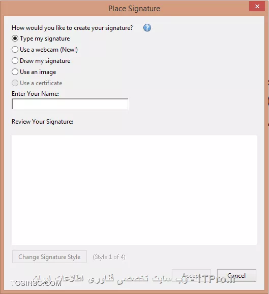 فایل pdf رو با adobe reader باز کنید
از منوی view گزینه sign رو انتخاب کنید تا پنجره sign باز شود.
||http://icdl.tosinso.com/files/get/4036bb2c-27d3-4cf5-a03c-df6ee9cf0eb4||
گزینه place signature را کلیک کنید تا پنجره زیر باز شود. متن دلخواه را تایپ کنید.
||http://icdl.tosinso.com/files/get/d2690810-cc8f-4025-8b37-5449208c8d51||
کادر متن امضای شما قابل تغییر ابعاد و چرخش هست. و همینطور با کلیک راست روی کادر متن امضا و انتخاب گزینه properties می توانید میزان شفافیت امضا را تغییر دهید.

