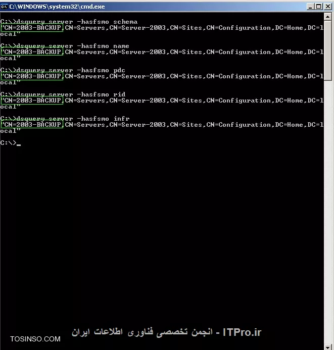 متشکرم .

مراحل رو طبق راهنماییتون انجام دادم . ip سیستم additional رو همون 172.16.10.2 گذاشتم بمونه // 

یک مشکل در ترسنفر رول ها بوجود اومده . من رول ها رو از dc-1 ترنسفر کردم روی dc-2 . دو هر دو سیستم dc-1 و dc-2 هم بصورت GUI و هم بصورت کامندی با موفقیت رول ها ترنسفر شدن ! 

||http://network.tosinso.com/files/get/d32b2900-6300-403d-b4fa-9506afd33b2d||

اما مشکلی که هست وقتی روی child از fsmo role ها کوئری میگیرم ، رول schema و domain naming رو روی dc-1 نشون میده // چند بار دیگه هم ترنسفر کردم و سیستما رو ری استارت کردم . بازم درست نشد 

||http://network.tosinso.com/files/get/6c95d646-f665-4565-98bb-66ef971c29bc||
||http://network.tosinso.com/files/get/159ffaa1-6afb-40b7-9030-a99a4bd9feff||

dc-1 = 2003-1
dc-2 = 2003-backup

// ممنون