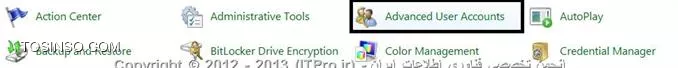 سلام دوست عزیز
 User Account بصورت پیش فرض در Control panel وجود نداره ولی می تونی اضافش کنی 
 اول از طریق این| لینک فایل ریجستری با پسوند .reg دانلود میکنید ::http://www.sevenforums.com/attachments/tutorials/219782d1341464029-control-panel-add-advanced-user-accounts-add_advanced_user_accounts_to_control_panel.reg|وقتی دانلود تموم شد Run رو میزنی تا نصب بشه وقتی نصب تموم شد آیکونش در Control panel ساخته می شود  مانند تصویر پایینی

||http://www.tosinso.com/files/get/d53dc9d5-4e40-4997-8f2c-7b8ac542d639||

این هم بگم اگر بخواهید این آیکون رو از Control Panel حذف کنید باید این |فایل با پسوند.reg را دانلود کرده::http://www.sevenforums.com/attachments/tutorials/219783d1341464029-control-panel-add-advanced-user-accounts-remove_advanced_user_accounts_from_control_panel.reg| و آن رانصب کنید بعد از نصب فایل آن حذف میشود