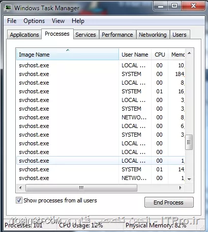 سلام خدمت اساتید محترم و دوستان عزیز

برای خیلی از ما سوال هست که این همه پردازش با اسم svchost.exe چی هست؟این چه پردازشی هست که نه میتوان اون رو خاتمه داد و نه اینکه می دونیم کی اون رو استارت کردیم!
برای آگاه شدن از این موضوع همراه با ITPRO باشید:
||http://tosinso.com/files/get/d58090d2-f91a-4b5e-9737-2dd692054b2e||

مدت ها پیش، مایکروسافت شروع به جابجایی تمامی ساختار و توابع داخلی سرویس های ویندوز از فایلهای exe به dll کرد.از دید برنامه نویسان این کار باعث قابل استفاده تر شدن برنامه ها می شد.اما مسئله اینجا بود که شما نمیتونید یک فایل dll رو به صورت مستقیم در ویندوز اجرا کنید.برای اینکارشما نیاز به load کردن اون در یک برنامه ی قابل اجرا یا همون برنامه های با پسوند .exe دارید.
درست همین مبارک سحر و فرخنده شب بود که svchost.exe متولد شد.

*بالا بودن تعداد svchost.exe چیست؟*
اگر شما یکبار به سرویس های موجود در ویندوز سر زده باشید و نگاهی انداخته باشید، متوجه میشید که تعداد زیادی سرویس در ویندوز فعالیت میکنند و در حال اجرا هستند.اگر هر سرویسی که اجرا میشه رو با یک فایل svchost.exe مرتبط کنیم و اجرای اون سرویس رو بر دوش یک فایل svchost.exe  بزاریم، احتمال اینکه یک سرویس fail بشه و در نتیجه کل ویندوز ما بیاد پایین هست!برای جلوگیری از این مشکل مایکروسافت svchost.exe هارو پخش کرد.یعنی سرویس هایی که مشاهده کردید رو به صورت دسته بندی شده در گروه هایی قرار داد و اونها رو طبقه بندی و بسته بندی کرد و برای هر کدوم از این گروه ها یک فایل svchost.exe اختصاص داد.
به طور مثال یک svchost.exe برای run کردن 3 سرویس فایروال فعالیت میکنه و یا یک svchost.exe دیگر مربوط به اجرای تمام سرویس های مربوط به Interface ویندوز است و...

*در زمان پردازش زیاد،ما چه کاری می تونیم انجام بدیم؟*
در وهله ی اول می تونیم سرویس هایی که کارایی برامون ندارند رو stop و یا disable کنیم.بله، دوستان از اتاق فرمان اشاره میکنند که مشکل اینجاست که از کجا بدونیم svchost.exe مربوط به کدام سرویس است؟؟!!برای اینکار ما 2 راه داریم:

* 
Task Manager رو اجرا کنید و روی هر svchost.exe که پردازش بالایی داره راست کلیک کنید و مثل عکس عمل کنید
||http://tosinso.com/files/get/1b3d72ec-0b54-456d-b790-9a359dfec9cc||
همونطور که میبینید سرویس ها برای شما مشخص شده اند
||http://tosinso.com/files/get/8650e539-ddfb-482e-8139-568297f8d3ac||

* 
در این روش با کلید ترکیبی Win+R وارد محیط Run بشید و cmd رو برای وارد شدن به محیط Command Prompt اجرا کنید
||http://tosinso.com/files/get/bd765ecd-2e85-4a6a-9bdf-80f33aa80aef||
دستور زیر را وارد کنید
<c#>
tasklist /SVC
<c#>
||http://tosinso.com/files/get/8988a105-29e8-470a-81f8-b5f9227213d9||
با scroll کردن صفحه پردازش خودتون رو پیدا کنید
||http://tosinso.com/files/get/a9fe812c-65fa-405e-b639-2d83f4461bf1||

امیدوارم که براتون مفید واقع شده باشه.

نویسنده: مهدی عسکری 
منبع: |جزیره سرویس های شبکه مایکروسافت وب سایت توسینسو::https://tosinso.com/microsoft|
هرگونه نشر و کپی برداری بدون ذکر منبع و نام نویسنده، دارای اشکال اخلاقی می باشد. 