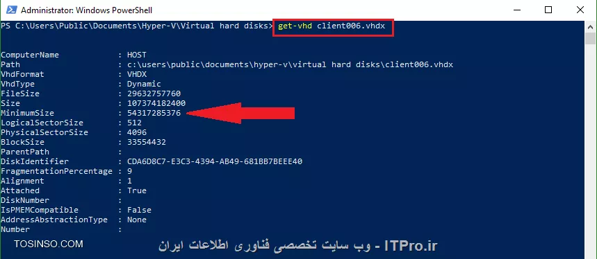 Hyper-V شما بر روی چه ویندوزی است؟ 
به صورت کلی ابتدا می بایست داخل VM از Shrink استفاده کنید و میزان فضایی که می خواهید کاهش پیدا کند را مشخص کنید تا پس از Shrink تبدیل به Unallocated گردد. (چه از Disk Management و یا Diskpart و یا Powershell)
حالا بر روی HOST با دستور Get-VHD می توانید اطلاعات فایل را مشاهده کنید.
||https://network.tosinso.com/files/get/d5abeef5-84bc-4172-af99-5748b403e8ea||
همانطوری که مشاهده می نمایید بعد از Shrink کردن گزینه Minimum Size با Size متفاوت شد.(اگر همین دستور را پیش از Shrink اجرا کنید این دو عدد برابر هستند)
در ادامه چه از محیط Hyper-V Manager و چه از طریق Powrshell می توانید حجم را کاهش دهید.
<powershell>
Resize-VHD Client006.vhdx -ToMinimumSize
<powershell>
نکته: در دوحالت شما نمی توانید از این راهکار استفاده نمایید.
1- اگر در ماشین مجازی Logical Disk شما به صورت داینامیک باشد.
2- اگر شما به جای vhdx از vhd استفاده کرده باشید. (البته میشه تبدیل کرد)