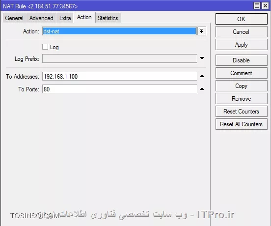 با سلام خدمت دوستان گرامی
من دو عدد DVR دارم با آی پی های 192.168.1.100 و 192.168.1.101
و آی پی های شبکه م به شکل زیره:

||https://tosinso.com/files/get/eb111c55-c17b-4b84-ab43-b478debf70d5||

برای انتقال تصویر هر کدوم از DVR ها دو عدد رول NAT نوشتم طبق تصویر زیر:

||https://tosinso.com/files/get/4488cae2-d1e3-4338-b318-93bcdafbcebd||

||https://tosinso.com/files/get/d63dabe5-38ce-462b-91ee-15b87d8d304d||

این تصویر مال یکی از DVR هام هست و دیگری هم به همین شکل نوشته شده منتها پورتش متفاوته.
تنظیمات یکی از DVR ها هم میتونید توی تصویر زیر مشاهده کنید:

||https://tosinso.com/files/get/f19c3ea6-f9fc-438f-a623-f1798b1747b2||

نرم افزار روی موبایل هم که ازش برای انتقال تصویر استفاده میشه برای همین DVR ، نرم افزار XMEye هست.
متاسفانه با توضیحاتی که دادم نتونستم تصویر دوربین ها رو روی موبایل داشته باشم.
ممنون میشم اساتید راهنمایی کنن.