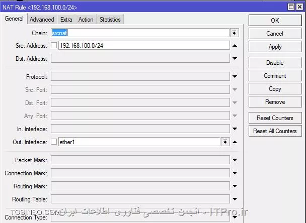 ابتدا به اینترفیس ها ip  می دهید
در این مثال ether1 به مودم adsl با ip 192.168.1.2/24
ether2 به کامپیوتر 1 متصل است ip 192.168.100.1/24
ether3 به کامپیوتر 2 متصل است ip 192.168.200.1/24

||http://network.tosinso.com/files/get/72aa67d3-fd71-414d-a6a6-40a1fd9efee8||
در قسمت route باید یک default route ایجاد کنید اگر از مودم adsl آی پی می گیرد خودبه خود ایجاد می شود

||http://network.tosinso.com/files/get/6826dd16-acc8-40d3-ba35-531a8121d186||

سپس nat ها را ایجاد  کنید
||http://network.tosinso.com/files/get/d66253df-f113-4b6b-b119-ef6b29042b6b||
action را نیز تنظیم کنید

||http://network.tosinso.com/files/get/fd582251-82dc-4661-9b10-ddc1e1fa5f77||
 
سیستم ها را تست می کنیم

||http://network.tosinso.com/files/get/75a50599-1948-45d9-b4eb-d142854b0405||
||http://network.tosinso.com/files/get/5142163e-ccf9-4582-8ae1-7ca3cc6cf5cc||
