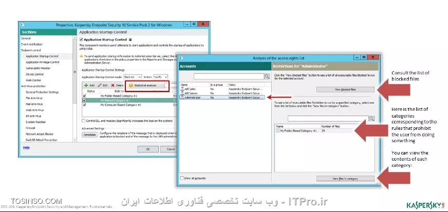 !! مد های Control 
یکی از این دسته مد ها به نام  Application Startup Control است که به صورت پیش فرض در Endpoint کسپرسکی با سرویس پک 1 غیر فعال است . یکی از این دلایل غیر فعال بودن برنامه برای این است که برنامه های اجرایی اطلاعات خودشان را ارسال نکنند بنابراین لازم است که مدیر شبکه قبل از تنظیمات آن را فعال کند . این ابزار برای ایجاد مد های Black list و White list استفاده می شود ، رول های این ابزار دارای پارامتر های زیر هستند :

- Category : یک Application Category را در بخش کسپرسکی سرور ایجاد می کند 

- Trusted updaters : تمامی دسته بندی برنامه ها را به صورت یک اپدیت کننده Trust انجام می دهد 

||https://tosinso.com/files/get/bb21b7fe-a58c-4a5a-aaf6-dfb85aad0658||

||https://tosinso.com/files/get/f7d39323-bfb4-49f5-a01c-1489acf11959||


- Trusted updaters : اگر این رول را فعال کنید در هنگام نصب برنامه ها همراه با بروزرسانی های معتبر انجام شده حتی اگر ان برنامه ها بلاک شده باشند و به صورت پیش فرض این رول فعال است 

- Golden Image : شامل برنامه های اجرایی و فایل های ضروری آنها برای اجرا در سیستم عامل است این فایل ها توسط سیستم عامل پشتیبانی می شوند و برنامه هایی استاندارد هستند . KES قادر است تا جلوی بلاک شدن آنها به صورت تصادفی را بگیرد 

- نحوه یافتن فایل های بلاک شده و ممنوعه 

برای مشاهده این رول ها می توانید از بخش Statistical analysis استفاده کنید و در بخش پالیسی KES لیست برنامه های Startup control را می شود مشاهده کرد . 

||https://tosinso.com/files/get/95650b18-dc1f-46e2-afc2-5e1af15de213||

||https://tosinso.com/files/get/d6f167a8-f3b5-4638-93fd-a8aeab8f7ee8||

||https://tosinso.com/files/get/e2a53e60-d844-4105-afe6-d7321d5bcf6c||

- مشاهده لاگ ها

لاگ های Application Startup به صورت 7 روز نگهداری می شوند و شامل Application startup blockage messege to administrator هست این لاگ ها به صورت 5 نوع عمده هستند :

- برنامه هایی که ممنوع هستند 

- برنامه هایی که بلاک شده اند توسط مدیر شبکه 

- برنامه هایی که به صورت مد آزمایشی ممنوع شده اند 

- برنامه هایی که به صورت مد آزمایشی اجازه داده شده اند 

||https://tosinso.com/files/get/0ad67a26-c0b8-4400-a631-e0a667c1048b||

||https://tosinso.com/files/get/da5e8d42-8d6f-4595-a68d-a6b6149d3f9b||

||https://tosinso.com/files/get/12a6a80e-b035-45a6-90bf-2e69dda056b6||

نویسنده : سید احمد توسلی
منبع : |جزیره امنیت اطلاعات و ارتباطات وب سایت توسینسو::https://tosinso.com/security|
هرگونه نشر و کپی برداری بدون ذکر منبع و نام نویسنده دارای اشکال اخلاقی است

