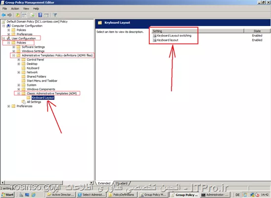 <c#>
CLASS USER

   CATEGORY Keyboard Layout
     POLICY Keyboard Layout switching
     KEYNAME Software\Microsoft\Windows\CurrentVersion\Run
       VALUENAME internat.exe
       VALUEON internat.exe
       VALUEOFF DELETE
       END POLICY
   
     POLICY Keyboard layout
     KEYNAME Keyboard Layout\Preload
         PART Enable English CHECKBOX
           DEFCHECKED
          VALUENAME 1
           VALUEON 00000409
           VALUEOFF DELETE
         END PART

         PART Enable Farsi CHECKBOX
           DEFCHECKED
          VALUENAME 2
           VALUEON 00000429
           VALUEOFF DELETE
         END PART
         END POLICY
END CATEGORY
<c#>
کد فوق رو در Notpad با پسوند یا فرمت adm ذخیره کنید مانند Keyboard_Layout.adm ما بقی راه رو به صورت تصویری ادامه میدیم ، حال فایل فوق رو با کلیک راست کردن بر قسمت Administrator Templates... و زدن add اضافه کرد
||http://network.tosinso.com/files/get/d787c949-5409-425b-99ee-1c577346494d||
||http://network.tosinso.com/files/get/2901564a-72dd-4a9e-9761-4470298a4f1d||
||http://network.tosinso.com/files/get/4b8ffaf6-dd0d-4184-a0f7-806878c494e4||