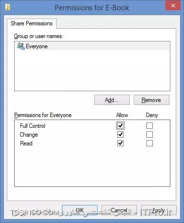 خب اولین کار اینکه برای هر 2 کامپیوتر و به خصوص کامپیوتری که میخواین بهش وصل بشین، یه Password انتخاب کنین.
البته این Password می بایست با تنظیمات Password Policy روی کامپیوتر اول سازگار باشه (از لحاظ طول Password، پیچیدگی و ...)
سپس به کامپیوتر مقصد برین و روی اون فولدر که قصد Share کردن دارین، راست کلیک کنید و سپس گرینه Properties رو انتخاب کنین.
حالا به تب Sharing برین.

||http://network.tosinso.com/files/get/3cd4a4fe-a1a4-4cb6-bcac-dd553f880353||

حالا گزینه Advanced Sharing رو انتخاب کنین و سپس گزینه Share this folder رو انتخاب کنین و برای این Share، یک اسم انتخاب کنین.

||http://network.tosinso.com/files/get/7f7ec009-1e46-48b6-9757-c25ae14d7948|| 

حالا پاین صفحه گزینه Permissions رو انتخاب کنید. حالا برای اطمینان از اینکه مشکلی به وجود نیاد، به Everyone دسترسی Full Control بدین.

||http://network.tosinso.com/files/get/d8235c34-b5f5-443a-9df8-0f66d2023f74||

این نکته رو فراموش نکنین که خیلی اوقات عدم اختصاص Password باعث بروز این مشکل میشه.