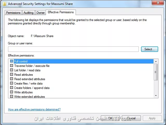 
دامین نیست. شبکه بر اساس ویندوز سرور نیست
ویندوز سرور و کلاینتها سون هست

نحوه share کردن:
روی پوشه کلیک راست کردم  گزینه properties تب sharing رو انتخاب کردم در آنجا Advanced sharing رو انتخاب و تیک گزینه share this folder رو انتخاب کردم در قسمت Permissions روی Everyone و full control رو انتخاب کردم

تو قسمت Effective Permissions کاربری انتخاب نشده. تا حالا با این بخش کار نکردم. دقیقا اینجا چی کار باید بکنم

||http://network.tosinso.com/files/get/d82e14f1-07e0-43cb-959f-af46e0f4ca1d||