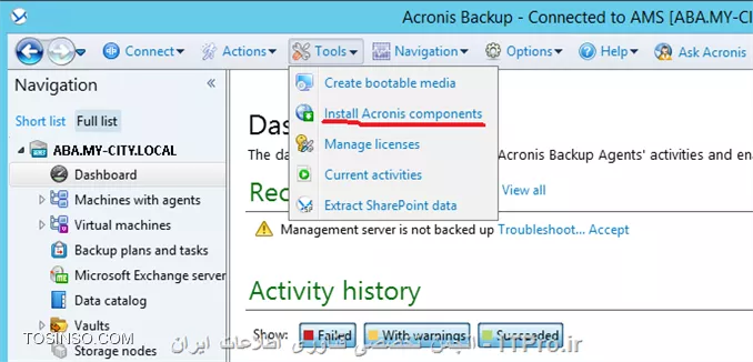 بعد از نصب و راه اندازی Acronis backup advanced و تعین جائی برای ذخیر سازی اطلاعات قدم بعدی Deploy کردن Agent بر روی Client/Serverها می باشد.
! قبل از شروع چند نکته را بخاطر بسپارید :
--
* گاهی وقتا UAC باعث عدم نصب Componentها از راه دور می شود. برای غلبه بر این مشکل بصورت موقت UAC را غیرفعال کنید.
* برای نصب Acronis Agent بر روی remote computer باید پورت 445 و 9876 و 25001  بر روی Firewall باز باشد. با فعال کردن  File and Printer Sharing پورت 445 بصورت اتومات بر روی Firewall باز می شود.
* قابلیت Use simple file sharing باید بر روی Windows XP and Windows server 2003 غیرفعال باشد.
* می توانید با استفاده از Group Policy پورت 25001 را بر روی همه firewallهای Client/Serverها بصورت exceptions باز کنید. از مسیر زیر استفاده کنید:
<ltr>
Administrative Templates -> Network -> Network Connections -> Windows Firewall -> Domain Profile -> Windows Firewall: Define inbound port exceptions
<ltr>
و پارامتر آن را بصورت زیر اضاف کنید:
<c#>
25001:tcp:*:enabled:Acronis remote install
9876:tcp:*:enabled:Acronis remote install
<c#>
||http://tosinso.com/files/get/9395539a-18ce-451e-8d6e-95f968a3ede9||
بعد از آماده سازی مراحل اولیه می توانید دست بکار شوید
بوسیله Console Management به Management Server وصل شوید و از منوی :
||http://tosinso.com/files/get/d83b2fd8-f3ae-4be7-8eb2-774ec24d817e||
گذینه بالا را انتخاب کنید
||http://tosinso.com/files/get/159ea00e-21ea-4fcb-9a4f-b8f0d6eda9d0||
گذینه های آن آسان می باشد و نیازی به تعریف نیست. طبق معمول من گذینه From Active Directory را کلیک و کامپیوترهای که می خواهم را اضافه می کنم.
||http://tosinso.com/files/get/83e053ce-9e54-49a7-b09e-c395f1d8e8fa||
نکته : برای اضافه کردن این دو باید اکانتی را انتخاب کنید که مجوز مدیریتی بر روی کامپیوترهای بالا را داشته باشد.
||http://tosinso.com/files/get/2793a366-9698-4469-a0a6-90da135a3b3a||
اینجا میگه چه Componentی می خواهید بر روی این کامپیوترها نصب کنید؟؟؟ که ما فقطagent for Windows  را انتخاب و Next
||http://tosinso.com/files/get/62d1e975-7361-4d69-8da7-1376c99537d1||
اینجا میگه باید یک License Server معرفی کنید. من همه این Componentها را بصورت آزمایشی نصب می کنم.
||http://tosinso.com/files/get/de768cbb-750e-48a1-955a-97b4640c7723||
همان بحث تکراری Machine account service می باشد که من یک User از پیش تعریف شده برای اینکار در نظر گرفتم. 
Next, next and Proceed
بعد از اتمام نصب باید کامپیوترها را به Management Server اضاف کنید (قائدتا بعد از نصب باید بصورت اتومات به سرور add بشن ولی این برنامه اینطوریه)
از منوی 
||http://tosinso.com/files/get/92696a1c-a71f-4625-b9da-45645f99157f||
را انتخاب و کامپیوترهای قبلی را دوباره انتخاب 
||http://tosinso.com/files/get/cc13c372-5966-4e98-8402-08380552ee2e||
||http://tosinso.com/files/get/e3a68b06-01a9-4f67-908c-132af5d04af6||
در انتهای این آموزش به این نکته هم اشاره کنم. وقتی شما قابلیت  Management Web-baseرا بر روی Management Server نصب و کانفیگ کرده باشید می توانید از هر جای شبکه با وارد کردن ادرس Management Server و پورت آن به Management Web-base وصل و Component مناسب را بر روی آن Client/Server نصب کنید:
||http://tosinso.com/files/get/e18940a6-08e6-4761-b6aa-97fbf1d0145e||
--
موفق و پیروز باشید 

نویسنده: احمد جهلولی 
منبع: |جزیره راهکارهای ذخیره سازی اطلاعات وب سایت توسینسو ::https://tosinso.com/virtualization|
نشر و کپی برداری، صرفاً با ذکر نام نویسنده و منبع مجاز می باشد. 
