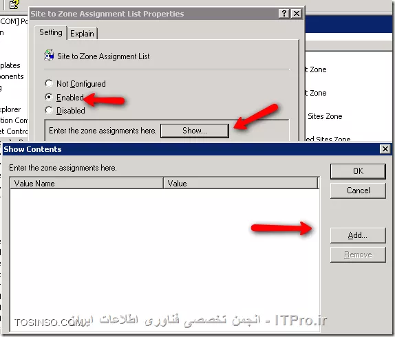 سلام 
1. ||http://network.tosinso.com/files/get/c4126329-116f-4fb6-ab67-ab348c566ef7||
2. ||http://network.tosinso.com/files/get/d83f1843-d66f-4d67-99ea-5e247b792090||
3. ||سایت مورد نظر رو وارد کنید و با توجه به Zone Value مشخص کنید که Zone مورد نظرتون چه نوع باشه ::http://network.tosinso.com/files/get/9b1a18b0-aa30-4768-a774-f74cf53ce87e||
<text>
1. Intranet zone – sites on your local network.
2. Trusted Sites zone – sites that have been added to your trusted sites.
3. Internet zone – sites that are on the Internet.
4. Restricted Sites zone – sites that have been specifically added to your restricted sites.
<text>
شما باید مقدار 2 رو برای Trusted Sites قرار بدید.