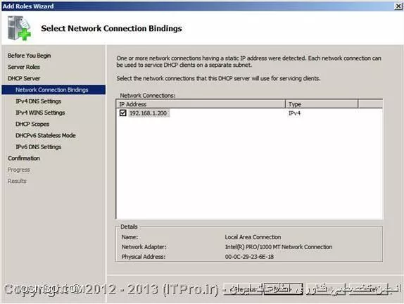 DHCP  یا Dynamic Host Configuration Protocol هسته ی یکی از سرویس های زیرساختاری شبکه محسوب می شود که مسئولیت ارائه IP آدرس ها و اطلاعات مربوط به DNS  سرورها به کلاینتها را بر عهده دارد. درمقاله |DHCP Option::http://www.tosinso.com/Articles/Details/541/DHCP%20Options| به معرفی Option ها و گزینه هایی که در نصب سرویس DHCP در ویندوز سرور 2008 به دانستن مفهوم آنها نیازمند بودیم پرداختم.در این مقاله به صورت تصویری نحوه ی نصب رول DHCP را توضیح خواهم داد و نگاهی گذرا به کنسول مدیریتی DHCP در ویندوز سرور 2008 خواهم داشت.

جهت نصب رول DHCP ، اولین موردی که باید به آن توجه داشت و پیش از نصب ،تنظیم مربوط به آن را چک کرد،داشتن Static IP سروری است که قصد نصب رول DHCP بر روی آن را دارید.در صورتی که سرور دارای Static IP نباشد،شما قادر نخواهید بود رول DHCP را بر روی آن نصب کنید.بعد از دادن IP دستی به سرور یا همان تنظیم Static IP باید طراحی های لازم جهت راه اندازی سرویس DHCP را انجام دهید.در طراحی باید موارد زیر را در نظر بگیرید:

* شبکه ای که قصد نصب این سرویس را بر روی آن دارید دارای چند سابنت و چه رنج IP می باشد؟
* IP آدرس های مر بوط به DNS سرور ،Default Gateway  و  دیگر سرورهای حیاتی و مهم در شبکه ،چه IP هایی هستند؟
*  سرویس DHCP مسئولیت ارائه خدمات به چندین کلاینت یا Device را در شبکه دارد؟
* سروری که قرار است سرویس DHCP بر روی آن نصب شود دارای چند کارت شبکه است ؟
* آیا نیاز شما اقتضا میکند که به روی هرکارت شبکه یک Scope  طراحی کنید یا نه ؟
* متناسب با تعداد کارتهای شبکه،چندین Scope خواهید داشت و کدام Scope بر روی کدام کارت شبکه قرار خواهد گرفت؟
* هر Scope باید از چه رنج IP شروع و تا چه رنج  IP ادامه داشته باشد.بهتر است Scopeها از قبل تعیین شوند.
* رنج IP مربوط به Exclusion Range را مشخص کنید.
* پیشنهاد می شود کلاینتهایی را که می خواهید IP آنها در Reservation Range قرار گیرند را مشخص کنید تا از قلم نیفتند.

!! نصب DHCP Role
جهت نصب رول DHCP ابتدا باید وارد کنسولServer Manager شوید،سپس گزینه Add Roles را انتخاب کنید:

 ||http://www.tosinso.com/files/get/49e7db6a-f526-430f-b283-eef0c7313ab5||
||http://www.tosinso.com/files/get/5ac7cf32-5bb3-4e9b-ba6e-ac73fd9855d5||
 سپس در میان رولهای نمایش داده شده در پنجره زیر،رول DHCP را تیک دارو گزینه Next را انتخاب کنید:

||http://www.tosinso.com/files/get/05e5b9ba-1932-4229-ad65-9ea4b7eeff08||
در صورتی که به سرور خود Static IP نداده باشید،در این مرحله اخطاری مبنی بر Static IP نبودن سرور و عدم امکان نصب رول DHCP را دریافت خواهید کرد.
در مرحله بعدی تعداد کارتهای شبکه ای که در سرور شما وجود دارند و شما می خواهید به روی آنها Scope های خود را تعریف کنید، نمایش داده خواهدشد. هرکدام از کارت شبکه هایی که می خواهید Scope های خود را به روی آنها تعریف کنید ،انتخاب یا تیک دار کنید.اصطلاح Connection Binding یعنی اینکه کدام رنجهای IP بر روی کدام کارت شبکه قرار گرفته باشند. 
همچنین شما درحین نصب رول DHCP  میتوانید دیگر تنظیمات مربوط به Scope ها را هم انجام دهید.در صورتی که تمایل داشته باشید Scope های خود را در همان کنسول مدیریتی DHCP انجام دهید،میتوانید از این مراحل بدون پر کردن گزینه های آن بگزرید.در اینجا ما انجام تنظیمات مربوط به Scope ها را به کنسول مدیریتی DHCP واگذار خواهیم کرد.

 ||http://www.tosinso.com/files/get/d954be2c-3741-4e67-87d9-2f18a1386ca6||
سپس در این مرحله مشخصات مربوط به Parent Domain یا دومینی که می خواهید DHCP  سرور بر روی آن فعالیت داشته باشد و همچنین مشخصات مربوط به DNS Server را وارد کنید و سپس گزینه Validate  را انتخاب کنید تا معتبر بودن DNS سرور شما بررسی و تایید شود.در صورت درست بودن IP مربوط به DNS سرور ، عبارت Valid همراه با تیک سبز رنگ در زیر آن قسمت ظاهر خواهد شد.در نهایت گزینه Next  را انتخاب کنید.

 ||http://www.tosinso.com/files/get/047dd83e-aab9-4ec0-9fa9-ef2a23c0e9e2||
در این مرحله در مورد سرویس WINS از شما سوال پرسیده می شود.در صورتی که در شبکه خود از این سرویس استفاده میکنید در اینجا IP مربوط به سرورهای آن را باید وارد کنید در غیر اینصورت گزینه اول را انتخاب و Next را بزنید:

 ||http://www.tosinso.com/files/get/c8f90b3b-bced-48bf-9612-0c8f1d61b39a||
همانطور که در بالانیز اشاره کردم شما میتوانید در حین نصب رول DHCP ، Scopeهای خود را نیز تعریف کنید .اینکار را در این مرحله از نصب رول می توانید انجام دهید.جهت تعریف Scope  کافی است گزینه Add را زده و اطلاعات خواسته شده مربوط به آن Scope را نیز وارد کنید.در غیر اینصورت گزینه Next را انتخاب کنید و وارد مرحله بعد شوید.
 
||http://www.tosinso.com/files/get/5a9b42e5-6711-44c5-8caa-de4dee95a345||
||http://www.tosinso.com/files/get/ae7a8e02-c12b-4299-9df7-3444b4a306d3||

در این مرحله در صورتی که از IPV6 استفاده میکنید میتوانید گزینه اول را جهت فعالسازی DHCPV6 انتخاب کنید.در غیر اینصورت گزینه دوم را انتخاب و Next را بزنید.
 
||http://www.tosinso.com/files/get/7e1dc8f1-17c7-45d1-b44f-abdf4f620325||

همانطور که از عنوان این پنجره بر می آید،در این قسمت نحوه Authorize کردن را انتخاب میکنید.اکتیودایرکتوری لیستی از DHCP سرورهای مجاز را در خود ذخیره میکند .جهت ذخیره و معرفی این DHCP سرور به اکتیودایرکتوری ،در این قسمت کاربری که در اکتیودایرکتوری است را وارد میکنید.در گزینه اول کاربری که با آن مشغول نصب این سرویس می باشید را انتخاب میکند که معمولا این کاربر ادمین است.در گزینه دوم شما نام کاربر دیگری را میتوانید وارد کنید.در گزینه ی آخر هم می توانید از ذخیره و معرفی این DHCP سرور به اکتیودایرکتوری خودداری کنید و گزینه Next را انتخاب کنید.اما همانطور که میبینید در پایین گزینه سوم به شما این هشدار را میدهد که این DHCP سرور برای اینکه بتواند در اکتیودایرکتوری سرویس دهد باید در آن Authorize شود.به هر حال این انتخاب شما می باشد.در نهایت گزینه Next را انتخاب کنید.

||http://www.tosinso.com/files/get/eabf314e-768e-4890-88cc-f4cadc3d7c7a||
 
در آخر خلاصه ای از اطلاعاتی که وارد کرده اید را به شما نمایش میدهد  و شما با زدن کلید Install این اطلاعات را تائید و نصب رول DHCP را آغاز میکنید.در صورتی که قسمتی از اطلاعات به درستی وارد نشده است گزینه  Previous را انتخاب و آن قسمت مورد نظر را اصلاح کنید.

||http://www.tosinso.com/files/get/7cf3ecd5-e7f5-4656-b614-a0ea465ad130||
 
با انتخاب گزینه Install ، رول DHCP شروع به نصب میکند.

||http://www.tosinso.com/files/get/be4b7009-f294-4b9d-9161-aa79f43cf497||
 
و در نهایت رول DHCP نصب می شود:
 
||http://www.tosinso.com/files/get/ab71f3f7-eae5-4fe1-900c-ecf8be4eeb96||

جهت وارد شدن به کنسول مدیریتی DHCP سرور از طریق منوی استارت،گزینه Administrative Tools و سپس DHCP را انتخاب کنید یا در Run تایپ کنید: dhcpmgmt.msc

شکل زیر نمایی از کنسول مدیریتی DHCP سرور است:

||http://www.tosinso.com/files/get/9d02c750-7c35-4dc4-9607-627f90456827||

!! ایجاد Scope جدید
برای ایجاد یکScope جدید در کنسول مدیریتی DHCP ،بر روی IPV4 راست کلیک کرده و گزینه New Scope را انتخاب کنید.سپس مراحل زیر را با دقت دنبال کنید:
 
||http://www.tosinso.com/files/get/34d01466-0152-4896-8166-7742f011fd8f||
||http://www.tosinso.com/files/get/b252e709-06b6-4010-9263-7b276c3ccf82||
 
در این پنجره باید برای Scopeی که می خواهید ایجاد کنید نامی انتخاب کنید و برای آن می توانید توضیحاتی را در قسمت Description اضافه کنید.Description در مواقعی که تعداد Scope ها زیاد باشد بسیار کاربردی می باشد.سپس گزینه Next را انتخاب کنید:

||http://www.tosinso.com/files/get/9fe64976-e2b7-4ee8-a34d-03144fc29c63||
 
در این پنجره،رنج IP ی که می خواهید آن Scope داشته باشد را مشخص می کنید.به خاطر داشته باشد که در End IP ، 8 کاراکتر آخر نمی تواند بیشتر از 254 باشد(همانطور که می دانید از 255 جهت Broadcast استفاده می شود). متناسب با رنج IP ی که واردمیکنید و کلاسی که آن رنجIP دارد،در قسمت پایین به صورت خودکار Subnet پر می شود:

||http://www.tosinso.com/files/get/47653958-410e-44a5-b8e7-0848a93487fa||
 
در پنجره بعدی شما آن رنجی را که می خواهید به عنوان Exclusion Range در نظر بگیرید را تعریف میکنید.شما می توانید بیش از یک Exclusion Range تعریف کنید.همانطور که میبینید در اینجا دو رنج IP برای Exclusion Range در نظر گرفته شده است:
 
||http://www.tosinso.com/files/get/a4f5cca4-1815-44ae-b36d-1cdd28af941b||

همانطور که از اسم این پنجره بر می آید،شما در اینجا مدت زمانی را که می خواهید IP ها را به کلاینتها قرض بدهید را تعریف می کنید،این مدت زمان یا همان Lease Duration به صورت پیش فرض 8 روز در نظر گرفته شده است که می توانید آن را تغییر دهید:
 
||http://www.tosinso.com/files/get/1fa23d7d-5a2b-4f5b-869f-22e83d7dde20||

در پنجره بعدی مشخص میکنید که آیا می خواهید تنظیمات مربوط به Option های DHCP را انجام دهید یا نه؟در اینجا جهت انجام این تنظیمات گزینه اول انتخاب شده است:

||http://www.tosinso.com/files/get/4ceda800-8a6c-42b8-bc71-0fe5f861c063||
 
Default Gateway های خود را در این قسمت تعریف و سپس Next را انتخاب کنید:

||http://www.tosinso.com/files/get/0a0c83ef-0d91-43c0-a71e-efbd5718af35||
 
در مرحله بعدی نام دومین و مشخصات مربوط به DNS Server را وارد کنید و گزینه Next را انتخاب کنید:

||http://www.tosinso.com/files/get/0d7d3874-6843-4b34-b2b7-09fbfae2d0b7||
 
در صورتی که از سرویس WINS استفاده میکنید اطلاعات مربوط به آن را وارد کنید ،در غیر اینصورت هم مجددا گزینه Next را انتخاب کنید:

||http://www.tosinso.com/files/get/2240e1fe-d43e-46a4-acea-a66de90341e7||
 
در این پنجره از شما پرسیده می شود که آیا می خواهید Scope مورد نظر را فعال کنید یا خیر؟در اینجا گزینه اول جهت فعالسازی Scope انتخاب شده است:
 
||http://www.tosinso.com/files/get/ae9083c0-05aa-4546-8595-30643ec0ff85||

و در نهایت با انتخاب گزینه Finish ،Scope  مورد نظر شما ایجاد خواهد شد:

||http://www.tosinso.com/files/get/51623f82-3668-4d53-b0c8-d0787a10bc3c||
 
و این هم نمایی از Scope ی که ایجاد کرده اید:

||http://www.tosinso.com/files/get/883a7d9c-1a06-417e-a07a-e6b23a5ec24f||
 
!! Scope Options
*Address Pool:*
کلیه IPهای مربوط به Scopeی که تعریف کرده اید در این قسمت قرار دارند.

*Address Lease:*
هر کلاینتی که در شبکه بالا بیاید و از سرویس DHCP ، IP دریافت کند در قسمت Address Leases ظاهر خواهد شد.

*Reservation:*
جهت اختصاص دادن Static IP به برخی از کلاینتهای بخصوص در این قسمت می توانید IP را برای آن کلاینتها را تعریف کنید.بر روی Reservation راست کلیک کرده و New Reservation را انتخاب کنید و سپس اطلاعاتی که از شما خواسته شده است را وارد کنید:
 
||http://www.tosinso.com/files/get/b47b5539-2d25-4c5f-b24d-f18d5fc240f3||
||http://www.tosinso.com/files/get/e98f70a0-d7bf-48f1-8320-e8e8f797e3f0||
 
*Scope Option:*
در این قسمت می توانید تنظیمات مربوط به Scope را ایجاد یا تغییر دهید.بر روی Scope option راست کلیک و گزینه Configure Option را انتخاب کنید:
 
||http://www.tosinso.com/files/get/1519b44e-51b7-4855-90d5-944f365797c0||
||http://www.tosinso.com/files/get/124f24c0-3cf9-4966-8522-dc9ef93f2115||
 
!! نتیجه گیری
DHCP یکی از سرویس های پایه ای و اساسی در شبکه محسوب می شود که تعریف،نصب و راه اندازی آن همانند دیگر سرویس های مهم شبکه نیازمند دقت و طراحی  می باشد.در این مقاله سعی شد نگاهی بر مبانی لازم جهت نصب و راه اندازی این سرویس مهم را  ارائه دهم.


نویسنده : فاطمه قرباوی
منبع : |جزیره سرویس های شبکه مایکروسافت وب سایت توسینسو::https://tosinso.com/microsoft|
هرگونه نشر و کپی برداری بدون ذکر منبع دارای اشکال اخلاقی می باشد. 