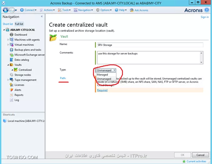 --
وقتی که Acronis backup advanced را در نصب کرده ایم قدم بعدی تعین جائی برای ذخیره سازی Backup های گرفته شده می باشد. ABA برای ذخیره سازی اطلاعات خود از Vaults استفاده می کند. Vaults یک مکان مرکزی و متمرکز برای ذخیره سازی Backup های گرفته شده تعریف می کند.Vaults برای ذخیره اطلاعات از دو روش استفاده میکند:
•	Managed
•	Unmanaged
تفاوت این دو را می توانید در جدول زیر مشاهده کنید:
||http://tosinso.com/files/get/f7bd07f7-ea4b-43a1-ae96-13c28ea63b28||
||http://tosinso.com/files/get/a38e7ad7-2d05-410b-b519-58a892740cf9||
واضحه ولی بعضی از پارامترها را توضیح میدم  
•	Deduplication این فابلیت فقط در روش Managed قابل پیاده سازی می باشد و کار آن کاهش فضای ذخیره سازی Storage می باشد و اینکار را با حذف فایلی های هم سایز وهمشکل در یک Storage node انجام می دهد.توضیح مکانیزم Deduplication باعث طولانی شدن این مقاله می شود. 
برای اطلاع بیشتر فایل زیر را بخوانید:
<c#>
http://www.acronis.com/download/docs/abr10d/datasheet/
<c#>
•	قابلیت رمزگذاری کردن Vaults : این قابلیت باعث رمزگذاری شدن اطلاعات ذخیره شده در این Vaults می شود. در زمان خواندن اطلاعات از این Vault اطلاعات رمزگشائی می شود. 
•	Backup Storage node: استفاده از این سرویس، فقط در روش Managed قابل اجراس.
•	Data Catalog را هم در بخش Backup storage توضیح می دهم.
•	Cloud Storage: با این متد میتوانید اطلاعات خود را در سرورهای Acronis ذخیره کنید.
نکته : در روش  Managed فقط میتوانیم  Storage node را ایجاد کنیم.
ما دو نوع Vaults در ABA داریم:
•	Centralized Vaults 
•	Personal vaults
Centralized vault : یک Storage خاص که بر روی Network قرار دارد مشخص می کند. و بصورت پیش فرض تمام Backup plan ها و غیره در این Vaults قرار دارند. روش Managed فقط در این Vaults قابل پیاده سازی میباشد.
Personal Vaults : زمانی می توانید از این Vault استفاده کنید که به صورت مستقیم به Managed Machine وصل شوید و از ریسورسهای آن مانند Disk Drive- removable Storage  و غیره استفاده کنید.
نکته : به Client/Serverی که بر روی آن Agent نصب شده است Managed Machine گفته می شود.
*Vault path: * به پارامتری گفته میشود که محل ذخیره سازی در روش Unmanaged را و Managed را مشخص می کند.
Vault path های Managed :
||http://tosinso.com/files/get/c9a8b48e-5f2c-4435-bb94-41a1c5060063||
 Vault path های Unmanaged :
||http://tosinso.com/files/get/0ac23163-6c27-4ab8-9303-caa87340bf73||
روش ایجاد یک Vault در Centralized vault :
به Management server وصل می شویم و قسمت Vault را کلیک می کنیم:
||http://tosinso.com/files/get/099eab0e-61f4-433f-afa8-6d094ca4c9f9||
||http://tosinso.com/files/get/d96a1aa9-a0aa-44cd-8c33-f537a73bfb32||
یکی از روش های Manage and unmanaged را انتخاب و Path را کلیک کنید.
||http://tosinso.com/files/get/cf11cb0a-8b1e-40b6-91df-3bef2fc10300||

یکی از Storageهای مورد نظر را انتخاب و Ok کنید.
NFS Folder  یکی از پروتکلهای به اشتراک گذاشتن پوشه در محیطهای Linux می باشد. میتوانید این سرویس را به راحتی در Windows server 2012 R2 پیاده سازی کنید.
SFTP Server مخفف Secure File Transfer Protocol می باشد که بوسیله پروتکل SHH
یک FTP سرور نسبتا امنی برای کاربران ایجاد میکند. 
از این دو پارامتر میتوانید در ایجاد یک Vault استفاه کنید.
||http://tosinso.com/files/get/e2582e24-f30e-40f9-b174-b8bc32b442d5||
روش ایجاد Vault در Personal Vault :
برای اینکار با Management Console به یکی از Managed machine وصل شوید:
||http://tosinso.com/files/get/2a7dee5f-ea65-4732-9540-15bab8219c0a||
||http://tosinso.com/files/get/91fb85ec-a95e-46f5-b116-64ed7c71a616||
و گذینه Create را کلیک کنید:
||http://tosinso.com/files/get/63290095-21b6-4b58-871b-04e2ece1e110||
میشه اینطوری نتیجه گرفت که استفاده از Removable Storage and local Disk فقط در Personal Vault امکان پذیر می باشد.
بقیه پارامترها و مانند اضافه کردن Vault حذف Vault و غیره کار راحتیه و نیازی توضیح خاصی نداره.

در فایل آموزش بعدی Backup Storage Node را آموش می دهم.

موفق و پیروز باشید 

نویسنده: احمد جهلولی 
منبع: |جزیره راهکارهای ذخیره سازی اطلاعات وب سایت توسینسو ::https://tosinso.com/virtualization|
نشر و کپی برداری، صرفاً با ذکر نام نویسنده و منبع مجاز می باشد. 