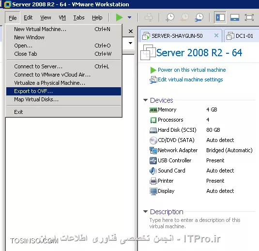 سلام 
توی Vmware Workstation 11 ماشین و انتخاب کردم و از منوی File گزینه Export To OVF
||http://virtualization.tosinso.com/files/get/d9dc0d11-e97a-4e4b-bcbb-87da6483d15c||
مسیر ذخیره فایل و می پرسه و شروع به Export کردن می کنه
||http://virtualization.tosinso.com/files/get/2db353fc-2e32-4c40-a629-d8a793ce4b63||


ادامه کار که میشه Upload کردن تو ESXi رو انجام دادم اینجا هم میزارم