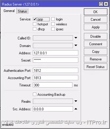 طبق تصویر زیر یک PPOE Client ایجاد کردم
||https://network.tosinso.com/files/get/8d693f50-c66d-43cf-b0dc-5da8bf098f21||
||https://network.tosinso.com/files/get/fa83d231-5a0d-479b-9cdf-3c4e3fca2295||
سپس یک NAT مطابق تصویر زیر ایجاد کردم
||https://network.tosinso.com/files/get/710f33c3-7ffa-42fe-b138-5ba7934f6b2b||
یک ppp profile ایجاد کردم طبق تصویر زیر
||https://network.tosinso.com/files/get/d9e8e21d-dfbf-4807-a003-035c7ddb7bf0||
||https://network.tosinso.com/files/get/d9e8e21d-dfbf-4807-a003-035c7ddb7bf0||
||https://network.tosinso.com/files/get/84cd0d81-5cc8-4665-9097-1ab930de768a||
سپس ردیوس
||https://network.tosinso.com/files/get/da22d731-a4ba-43fd-91dc-b0bd0fe2c7b9||
||https://network.tosinso.com/files/get/1fd8d1b7-603f-4194-9364-7f95129c6575||
در نهایت هم userman رو نصب کردم و ادامه ماجرا. امیدوارم کامل گفته باشم.
