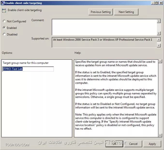 در دو قسمت قبلی مقاله به شرح تعاریف مربوط به WSUS پرداختیم و انواع آپدیت های ارائه شده توسط شرکت مایکروسافت و نیز نصب کنسول WSUS را قدم به قدم با همدیگر مرور کردیم  و باکنسول مدیریتی WSUS و  چگونگی دریافت و مدیریت آپدیت توسط این کنسول آشنا شدیم  .حال در قسمت پایانی نحوه عضویت کامپیوتر ها به این سرور و تنظیمات گروپ پالسی را برای کلاینت ها دنبال کرده و در نهایت به تایید و توزیع آپدیت ها در محیط شبکه می پردازیم.

!!! عضویت  و تنظیمات کلاینت ها در WSUS سرور

برای عضویت کامپیوتر ها در WSUS سرور آسان ترین راه استفاده از تنظیمات گروپ پالسی می باشد . اگر کامپیوترها عضو دومین باشند ،یک GPO ساخته و آن را به دومین لینک می دهیم و یا اینکه در کنسول Active Directory Users & Computers  یک OU   می سازیم و کامپیوتر های عضو دومین را به آن منتقل کرده  و یک GPO  ایجاد و به آن لینک می دهیم و تنظیمات WSUS سرور موجود در گروپ پالسی را برای آن انجام می دهیم . در بخش Computers کنسول WSUS نیز می شود ، یک گروه ایجادکرده و آن را به گروپ پالسی معرفی کنیم تا کامپیوتر هایی که عضو WSUS  سرور می شوند ، با اعمال شدن تنظیمات گروپ پالسی برای کامپیوتر ها ، به جای اینکه به صورت پیش فرض در گروه Unassigned Computer قرار بگیرند مستقیما پس از عضویت ،به گروهی که ساختیم منتقل شوند. برای ایجاد یک گروه جدید تنها کافیست در کنسول WSUS به قسمت Computers  رفته و روی زیر گره All Computers  کلیک و گزینه Add computers Group  را انتخاب کنیم. مراحل طی شده در تصویر زیر نمایش داده شده است .

||http://network.tosinso.com/files/get/8e96f9f9-7a0e-454a-8b45-86a0887c0b15||

پس از ساخت گروه به باید کاری کنیم تا کامپیوترها از تنظیمات گروپ پالسی تبعیت کنند به همین منظور با کلیک روی گره Option  در کنسول گزینه آپشن Computers  را در پنل وسط صفحه انتخاب و گزینه Use Group Policy or registry settings on computers  را مارکدار می کنیم .پیشتر توضیح مربوط به این قابلیت در بخش بررسی آپشن های  WSUS عنوان شده است.

||http://network.tosinso.com/files/get/a5ce1c36-6d94-43ed-8a0c-8eb80943587e||

حال که پیش نیازهای تنظیمات گروپ پالسی را فراهم کردیم برای انجام تنظیمات در Group policy management editor به مسیر زیر می رویم :

<c#>
Computer Configuration  => Administrative Templates => Windows Components  => Windows Update
<c#>

در قسمت Windows Update  تنظیمات مربوط به WSUS قرار دارد در این مقاله ما به مهم ترین این تنظیمات اشاره می کنیم .

||http://network.tosinso.com/files/get/93fa1925-9f58-4f4c-adb9-f0ea49b70541||

در جدول بالا تنظیماتی که باید در گروپ پالسی انجام شوند لیست شده است .در توضیحات این تنظیمات همراه با تصاویر مربوط به آنها مشاهده می کنیم  :

!!!! Configure Automatic Updates

فعال کردن این پالسی آپشن  هایی را در اختیار ما قرار می دهد  که باید یکی از این آپشن ها را انتخاب کنیم در زیر  به شرح هر کدام از این قابلیت ها می پردازیم :

* *2- Notify for Download and notify for install:* اطلاع رسانی سرور قبل از دانلود آپدیت ها و نیز پیش از نصب آنها
* *3-Auto download and notify for install:* تنظیمات پیش فرض ، دانلود اتوماتیک آپدیت ها و نیز اطلاع رسانی زمانیکه آپدیت ها آماده برای نصب هستند 
* *4-Auto download and schedule the install:* دانلود اتوماتیک آپدیت  ها و نصب آنها طبق یک برنامه ی ویژه ی زمانی . اگر این آپشن را انتخاب کنیم باید روز و ساعت مورد نظر را نیز برای جستجوی آپدیت ها و نصب آنها مشخص کنیم .
* *5-Allow local admin to choose setting:* این آپشن به ادمین های لوکال اجازه می دهد که پیغام های آپدیت اتوماتیک را دریافت کرده و آنها را نصب کنند ، انتخاب این گزینه قابلیت برنامه ریزی زمانی برای نصب آپدیت ها را در اختیار ادمین لوکال قرار می دهد.باید بخاطر داشت که ادمین لوکال اجازه ی غیر فعال کردن Automatic update  را ندارد.

||http://network.tosinso.com/files/get/577735b6-403a-49e5-aff9-95f2a6db178d||

!!!! Specify intranet Microsoft Update service location

در این قسمت آدرس  WSUS سرور را وارد می کنیم تا سایر کامپیوتر ها بتوانند برای دریافت آپدیت ها به جای برقراری ارتباط با سایت مایکروسافت  از یک  سیستم بروز رسانی مرکزی داخلی  موجود در  شبکه ی  سازمان بهره گیرند.در این پالسی باید نام دو سرور را معرفی کنیم : 

* *Set the intranet update service for detecting updates:* در این بخش آدرس و نام  سروری را عنوان می کنیم که وظیفه ی تشخیص و دانلود آپدیت ها را بر عهده دارد.
* *Set the intranet Statistics server:* برای این قسمت نیز نام سروری را مشخص می کنیم که کلاینت ها اطلاعات مربوط به نصب آپدیت ها را به آن گزارش می دهند.
در بیشتر موارد یک سرور این دو وظیفه را بر عهده دارد. در اینجا نیز ما نام یک سرور را به دو بخش عنوان شده معرفی می کنیم .

||http://network.tosinso.com/files/get/1de33e10-d065-4fd6-afb4-2e0aeaa148ad||

!!!! Automatic updates detection frequency
برای پرسش کلاینت ها از WSUS سرور در مورد در دسترس بودن آپدیت ها  یک فاصله زمانی را  مشخص می کند  بصورت پیشفرض برای این پالسی تعریف شده که کلاینتها برای این منظور هر 22 ساعت یکبار با سرور ارتباط برقرار کنند. در اینجا ما این زمان را به 12 ساعت تغییر داده ایم .باید بخاطر داشته باشیم که این پالسی در صورتی موثر است که Specify intranet Microsoft Update service location را Enable  کرده باشیم .

||http://network.tosinso.com/files/get/1a3cd326-8e74-4867-9fbe-a6f7a786c4ed||

!!!! Allow non-administrators to receive update notifications
  فعال کردن این پالسی باعث می شود تا علاوه بر یوزر های ادمین ،کاربران دیگر نیز پیغام مبتنی بر نصب آپدیت را دریافت کرده و بتوانند آپدیت ها را نصب کنند .

||http://network.tosinso.com/files/get/9674e965-6e36-4407-b67f-33caa1a0f901||

!!!! Enable client-side targeting
 فعال کردن این پالسی شرایطی را فراهم می آورد تا کامپیوتر ها به هنگام برقراری ارتباط با WSUS سرور به جای اینکه در قسمت Unassign computer قرار بگیرند به Computer Group  ای که پیشتر ساختیم و نام آن را به این بخش معرفی کردیم ،منتقل شوند و WSUS سرور نیز آپدیت ها را برای این گروه ها Deploy  کند.همچنین این پالسی موجب شده که تمامی تنظیماتی که در GPO انجام داده ایم ،تنها به گروه ذکر شده در این بخش اعمال شوند. باید توجه داشت که این تنظیم در صورتی کارایی دارد که پالسی Specify intranet Microsoft Update service location  فعال باشد اگر چندین گروه برای کامپیوترها در WSUS سرور ایجاد کرده باشیم در صورتی که بخواهیم تنظیمات صورت گرفته به تمامی این گروه ها اعمال شوند، در این بخش می توانیم نام این گروه ها مشخص کنیم باید توجه داشت که نام گروه ها در این پالسی باید با نماد سمی کالن یا همان نقطه ویرگول از یکدیگر تفکیک شوند.

||http://network.tosinso.com/files/get/da63b92b-ddad-4d1d-acc5-88beb8ea5b7c||

پس از انجام تنظیمات گروپ پالسی و اعمال شدن آنها به سرور و کلاینت های عضو دومین ، مجددا به سراغ کنسول WSUS می رویم . در پنل سمت چپ ، گره یComputers  را باز می کنیم . همانگونه که در تصویر زیرمشخص است کامپیوترها به صورت اتوماتیک در گروهی که ایجاد کردیم قرار گرفته اند .

||http://network.tosinso.com/files/get/a48d380c-2c15-438d-ba88-a8ddeab7374c||

پس از انجام تنظیمات گروپ پالسی و عضویت کلاینت ها در WSUS  سرور، حال نوبت به نصب متمرکز آپدیت ها می رسد.  در این بخش به بررسی شیوه ی مرور وضعیت آپدیت ها و کامپیوتر ها و نیز مدیریت و نصب متمرکز آپدیت ها تحت شبکه می پردازیم.پس از عمل Synchronization ، آپدیت های دریافتی در قسمت Updates قرار می گیرند. همچنین انتخاب گزینه Updates در کنسول WSUS ،با نمایش یک overview   از انواع آپدیت ها در صفحه ،یک راه سریع برای آگاهی از وضعیت آپدیت ها در محیط شبکه برای ما فراهم می آورد. برای بدست آوردن اطلاعات بیشتر در رابطه با جزئیات آپدیت ها از زیر گره های گزینه Updates  (نوع آپدیت ها )بهره می گیریم با کلیک روی هر کدام از انواع آپدیت ها ، لیست آپدیت های دانلود شده ی  آن نمایش داده می شود .برای تحلیل وضعیت آپدیت ها باید از تعاریف مربوط به وضعیت آپدیت ها و نیز تصدیق آنها آگاهی داشته باشیم .

!!!! انواع Status  های تعریف شده برای آپدیت ها

*failed:* معرف آپدیت هایی است که بهنگام تشخیص و نصب آنها توسط کامپیوتر ، خطا رخ داده است.
*needed: *بدین معنیست که آپدیت سازگار با کامپیوتر و مورد نیاز آن است بنابراین باید نصب شود.
*Update Install / not applicable: *بیانگر تعداد آپدیت هایی است که روی سیستم نصب شده اما قابل اجرا شدن نیست .مثلا نصب آپدیت های یک نرم افزار روی سیستم، در صورتی که  این نرم افزار در سیستم موجود نیست، بنابر این این آپدیت قابلیت اجرا ندارد.
*no status: *معمولا بیانگر این مطلب است که از زمانی که WSUS سرور آپدیتی را Synchronize  کرده ، هیچ کامپیوتری برای دریافت و نصب آن با WSUS سرور ارتباط برقرار نکرده است 
علاوه بر موارد ذکر شده ،WSUS سرور از ترکیبی از وضعیت آپدیت ها مثلا Failed or Needed, Installed/Not Applicable, No Status برای مشخص کردن وضعیت آپدیت های موجود بهره می گیرد.

!!!! انواع تائیدیه(Approvals) برای آپدیت ها
پس از اینکه آپدیت ها توسط WSUS سرور دریافت شدند بصورت اتوماتیک برای ارتباط با کامپیوتر های عضو WSUS سرور اسکن می شوند با این حال قبل از Deploy شدن آپدیت ها در شبکه برای نصب ، باید آنها را به صورت دستی Approve و تایید کرد. انتخاب هر کدام از گزینه های ذکر شده در زیر برای WSUS سرور تعریف می کند که چه رفتاری با آپدیت ها داشته باشد.

*Approved: * آپدیت های دانلود شده ،برای نصب تائید شده اند.
*Unapproved:* جهت عدم تائید آپدیت ها برای نصب از این گزینه استفاده می کنیم ، اما آپدیت مذکور در لیست پیش فرض آپدیتها باقی خواهد ماند.
*Declined:*انتخاب این گزینه باعث می شود که آپدیت به کلی از لیست آپدیت ها حذف شود ، بنابراین WSUS سرور قادر نخواهد بود این آپدیت را برای ارزیابی و نصب به کامپیوتر ها عرضه کند.

همانطور که  پیشتر ذکر کردیم در زیر گره Update  انواع آپدیت ها نمایش داده شده است که مراجعه به آنها شرایط را برای بررسی آپدیت هایی که قصد Deploy  کردن آنها را داریم ، فراهم می کند.بعنوان مثال با استفاده از بخش Critical Update  می توانیم مروری بر آپدیت های حساس داشته و آنها را Deploy  نماییم.  اگر روی قسمت All Update  کلیک کنیم و از منوی کشویی موجود در صفخه ) منوی Approval) گزینه Unapproved را انتخاب کرده و سپس رویRefresh  کلیک کنیم ،لیستی از آپدیت های تایید نشده ی آماده برای Deploy  شدن برای ما نمایش داده خواهد شد. 

||http://network.tosinso.com/files/get/161382fd-7fc1-443f-9104-05eb2dc4f4b6||

با کلیک روی هر کدام از آپدیت ها و هایلایت کردن آنها اطلاعات و جزئیات  بیشتر در مورد آن آپدیت ،  در بخش پایین پنل میانی کنسول ظاهر می شود.

||http://network.tosinso.com/files/get/fd1ced94-489e-4383-88bd-52f18838364f||

پس از دریافت لیست آپدیتها از سایت مایکروسافت و بررسی وضعیت آنها برای deploy  شدن در شبکه نوبت به فراهم آوردن شرایط لازم برای دریافت آپدیت ها توسط کامپیوتر های تحت شبکه می رسد.  باید در نظر داشت که Deploy کردن آپدیت ها در شبکه بصورت متمرکز ممکن است مشکلاتی جدی برای شبکه ایجاد کند و بهتر است که پیش از دریافت آپدیت ها توسط کاربران شبکه ، این آپدیت ها در یک محیط تست روی چند سیستم که همانند سیستم های موجود  در سازمان هستند ، آزمایش شده و در صورت عدم بروز مشکل در کل شبکه Deploy شوند. برای این منظور  باید  علاوه بر Computer group  در نظر گرفته شده برای کامپیوتر های تحت شبکه ، یک Computer group  هم  برای کامپیوتر هایی که قصد تست کردن آپدیت ها را روی آنها داریم (در اینجا ITPro-Test Lab ) را ایجاد کنیم . در کنسول  Active Directory users & computers  نیز دو OU  یکی برای کامپیوتر هایی که برای تست عضو دومین شده اند  و دیگری برای کامپیوترهای شبکه ایجاد می کنیم  و به هرکدام GPO  لینک داده و تنظیمات مربوط به Windows update را روی آنها اعمال می کنیم  .  تصویر زیر طرح مورد نظر ما برای توزیع آپدیت ها در شبکه را نمایش می دهد. 

||http://network.tosinso.com/files/get/36fa9c96-de52-4269-a97f-1aeaf0ec5a1d||

برای نصب آپدیت ها تنها کافیست در کنسول WSUS به بخش Updates رفته و زیر گره ی All Updates  را باز کنیم .در پنل میانی که لیست آپدیت ها در آن موجود است روی آپدیت مورد نظر کلیک کرده و گزینه Approve  را انتخاب کنیم . پس از آن پنجره ای باز می شود که لیست تمامی Computer Group های موجود را در بر دارد روی Computer Group  ای که می خواهیم آپدیت را برای آن نصب کنیم کلیک کرده و گزینه Approve for install  را انتخاب می کنیم .

||http://network.tosinso.com/files/get/d06ba812-7448-499f-a686-ec4509eeef9e||

در نتیجه فرایند Approve  شدن آپدیت آغاز می شود .پس از تایید موفیت آمیز آپدیت روی گزینه Close  کلیک می کنیم .

||http://network.tosinso.com/files/get/643e48f3-2c64-4e82-9177-e76aedab8a29||

بدین ترتیب آپدیت ها توسط کامپیوتر هایی که عضو Computer Group  انتخاب شده هستند دریافت می شوند . کامپیوتر ها تا زمانیکه برای نصب آپدیت در پالسی ها تعیین کردیم ، در انتظار برای نصب آپدیت باقی می مانند و در زمان معین شده به نصب آپدیت می پردازند .پس از نصب آپدیت کامپیوتر کلاینت Reboot  خواهد شد.
*نکته:* از آنجایی اکثرسازمانها در ایران از ویندوز های کرک شده و غیر ارجینال استفاده می کنند باید مراقب باشیم که آپدیت های مربوط به اکتیویت ویندوز ها Approve  نشوند در غیر اینصورت ویندوز های سازمان  دچار مشکل می شوند. دو شمار کد برای اکتیویت آپدیت ها موجود است که باید از نصب این دو آپدیت جلو گیری کنیم به این آپدیت ها اصطلاحا WGA می گویند که مخفف عبارت Windows Genuine Advantage  می باشد .(هر آپدیت یک شماره ی کد مشخص با پسوند KB به معنی Knowledge Base دارد ).شماره ی KB971033  برای  Activation Update ویندوز 7 و شماره ی KB905474 برای ویندوز  XP می باشد.پس از اینکه آپدیت ها روی کامپیوتر های مورد آزمایش نصب شدند .در صورت اطمینان از عدم بروز خطا و ایجاد اختلال، می توانیم با خیالی آسوده آپدیت ها را در شبکه Deploy کنیم . بنابراین تمامی مراحل ذکر شده برای Approve  و نصب آپدیت را برای Computer Group  در بردارنده کامپیوتر های موجود در شبکه نیز انجام می دهیم . 

نویسنده: مریم حیات رمضانی
منبع : |جزیره سرویس های شبکه مایکروسافت وب سایت توسینسو::https://tosinso.com/microsoft|
هرگونه نشر و کپی برداری بدون ذکر منبع دارای اشکال اخلاقی می باشد 