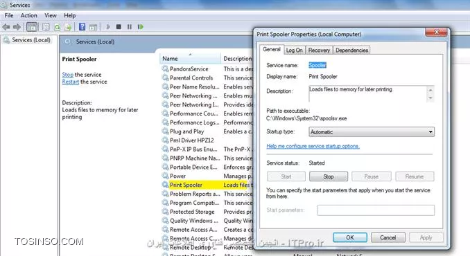 سلام
میتونی هم توی services سرویس print spooler رو بصورت دستی یه بار restart کنی و کلا روی Automatic باشه حتما..
||http://network.tosinso.com/files/get/da660809-a5e4-4411-a4a3-ef40ba25e1c3||