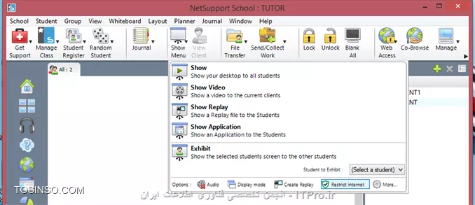 در این آموزش قصد دارم نحوه راه اندازی و استفاده از نرم افزار Net Support School رو بر روی VMware به صورت شماتیک توضیح بدم گرچه این روش در عمل کاربردی نداره ولی یک روش تمرینی خوب برای یاد گرفتن این نرم افزار کاربردی است. قسمت اول این اموزش مربوط به راه اندازی ماشین مجازی هست (اگر اشنایی دارید به بخش دوم مراجعه کنید) و بخش دوم استفاده از نرم افزار Net Support  ، در این مطلب آموزشی بر اساس یک سناریو نصب و راه اندازی VMWare و اتصال آنها به اینترنت و ایجاد یک شبکه داخلی و سپس راه اندازی نرم افزار کاربردی Net Support بر روی 3 ماشین VMWare که یکی از آنها به عنوان دستگاه معلم (Tutor) و 2 دستگاه دیگر به عنوان دانشجو (Student) شبیه سازی میشود.بر طبق این سناریو به ترتیب زیر 3 ماشین VMWare ایجاد میشود.
قدم اول : ایجاد یک ماشین مجازی جدید به ترتیب زیر:
||http://tosinso.com/files/get/c422d8d5-5359-4b5d-90c2-fcb1334963ef||
قدم دوم : یکی از دو حالت Typical یا Custom را انتخاب کرده و Next را میزنیم.
||http://tosinso.com/files/get/823e8f27-f990-4c0b-aecc-6d8c7c62d77e||
قدم سوم : در این مرحله میتوانیم محل فایل ایزوی ویندوز 8 را مشخص کرده و یا ان را به بعد موکول کنیم.
||http://tosinso.com/files/get/e76fa852-0add-402d-bf8f-fbc98eacfa0f||
قدم چهارم : در این مرحله نوع سیستم عامل و ورژن محصول را انتخاب میکنیم.
||http://tosinso.com/files/get/cf51fbad-5deb-4a73-a59a-382aec627b84||
قدم پنجم : نام ماشین مجازی را مشخص میکنیم.
||http://tosinso.com/files/get/3e1aa1aa-a0ca-4a3f-a1b6-4395d6e32c1f||
قدم پنجم : سپس با زدن Customize Hardware میتوانیم تنظیمات سخت افزاری ماشین مجازی را به دلخواه خود انجام دهیم.
||http://tosinso.com/files/get/25545a3a-c7b0-4914-b95c-03aed588ef1b||
قدم ششم : در این مرجله مقدار RAM ماشین مجازی را از طریق اسکرول تعبیه شده در سمت راست تعیین میکنیم
||http://tosinso.com/files/get/da09ec39-1df7-4d9b-aac9-fd883305fda9||
قدم هفتم : سپس تعداد پردازنده ها را مشخص میکنیم.
||http://tosinso.com/files/get/1d0edb30-b02e-40c6-85c2-5574c6e1d227||
قدم هشتم : در این مرحله حالت کارت شبکه خود را تعیین میکنیم. با توجه به شکل زیر 5حالت کارت شبکه مجازی در Vmware در نطر گرفته شده است که با توجه به سناریو NAT میتواند بهترین گزینه باشد.(نیاز به انصال هر ماشین به اینترنت بوده و ماشین ها باید به یکدیگر متصل شده و همدیگر را ببینند.)
||http://tosinso.com/files/get/f8e997b9-4baa-4268-86ad-4f2e0f0222f0||
قدم نهم : سپس مسیر فایل ایزوی سیستم عامل را تعیین میکینم.(در این سناریو هر 3 ماشین VM ویندوز 8.1)
||http://tosinso.com/files/get/87f047ce-6fe4-4f63-b3d0-e83871c302d7||
قدم دهم : سپس ویندوز 8 را نصب میکینم.
||http://tosinso.com/files/get/216fe59a-573e-4caa-ab1b-b3cd65d782ed||
قدم یازدهم : بعد از نصب هر VM میبایست برای هر ماشین VM Tools را هم برای راحتی کار و همچنین انتقال فایل نصب نرم افزار net support به ترتیب زیر نصب میکنیم
||http://tosinso.com/files/get/63d756e9-0dce-49e3-9133-8748cf1b65d6||
 قدم دوازدهم : همانطور که در شکل زیر میبینیم درایو مجازی VM Tools بر روی ماشین مجازی Mount شده و به راحتی کار نصب را انجام میدهیم.
||http://tosinso.com/files/get/e50fa9fe-5369-4f2f-9595-7865d66f7ae8||
قدم سیزدهم : فایل نصب نرم افزار Net Support را از سایت www.netsupportschool.com دانلود کرده و با توجه به نصب VM Tools فایل setup را به راحتی بر روی هر 3 ماشین کپی میکنیم.
||http://tosinso.com/files/get/3a7ac53b-a43d-4d6b-a562-f58857315000||
قدم چهاردهم : سپس بر روی ماشین Tutor فایل setup نرم افزار net support را اجرا کرده و آن را نصب میکنیم. و مراحل زیر را تا نصب کامل نرم افزار طی میکنیم.
||http://tosinso.com/files/get/1649c9b5-40b6-4119-87ab-30d4c5267f1f||
||http://tosinso.com/files/get/458a6a5a-586b-49d4-8109-ecc8097e1ae5||||http://tosinso.com/files/get/96eafb8c-56d5-477e-81ed-88eac296b9d5||
قدم پانزدهم : در این مرحله نوع کاربری net support را مشخص کرده که بر طبق سناریو برای یک ماشین Tutor و برای 2 ماشین student را نصب میکنیم.
||http://tosinso.com/files/get/36d33d42-ebea-40f2-980b-3f4f6ae16b1b||
||http://tosinso.com/files/get/db9bcd32-9c35-4e83-a9dd-cdb9e4ef1133||
قدم شانزدهم : بعد از اتمام نصب net support بر روی 3 ماشین مجازی در صورتی که هر 3 ماشین دسترسی به اینترنت نداشته باشند مراحل زیر را انجام میدهیم. ابتدا از منوی Edit گزینه Virtual Network Editor  را انتخاب کرده.
||http://tosinso.com/files/get/c7dc2761-ebdd-41a8-81d8-69dc5c804b73||
قدم هفدهم : با توجه به سناریوی تعیین شده برای هر 3 ماشین کارت شبکه در حالت NAT قرار داده شده در Virtual Network Editor بر روی VMnet 8 کلیک کرده تا تنطیمات NAT برای ماشین مجازی را انجام دهیم. همینطور که مشخص است کارت شبکه  در حالت NAT که بر روی سیستم عامل کامپیوتر میزبان ایجاد شده دارای محدوده IP : 192.168.113.0 بوده و بنابراین به منطور ایجاد ارتباط بین 3 ماشین مجازی این 3 ماشین هم باید از همین range ای پی اختصاص داده شود. به این منظور باید تیک use local DHCP service to distribute ip address to VMS را زده تا به هر سه ماشین از رنج IP مورد نطر به صورت اتوماتیک داده شود.(با این کار هم دسترسی به اینترنت برای 3 ماشین فراهم شده و هم هر 3 ماشین همدیگر را دیده و میتوانند با یکدیگر ارتباط درون شبکه ای داشته باشند.
||http://tosinso.com/files/get/3424910e-2f2b-4255-866e-2e8218e5e0ae||
بعد از این کار بر روی ماشین Tutor  آی پی های 2 ماشین دیگر را ping کرده تا از داشتن ارتباط اطمینان حاصل کنیم. بدین صورت هر 3 ماشین مجازی آماده برقراری ارتباط از طریق net support را داشته و میتوانیم محیط آموزشی net support را استفاده کنیم.
1- ایجاد یک room مجازی در ماشین Tutor: با اجرای نرم افزار net support پنجره زیر باز شده و استاد باید فیلدهای مربوطه را به ترتیب زیر پر کرده و سپس اتاق مجازی آموزشی را ایجاد کند.
||http://tosinso.com/files/get/20e36747-eb63-4f1c-9b77-ff19a8514c73||
2- بعد از کلیک کردن بر روی دکمه new پنجره زیر باز شده و استاد باید یکی از حالتهای زیر را به عنوان شروع کننده کلاس انتخاب کند. مورد اول Room Mode میباشد که این حالت به شما اجازه میدهد که کامپیوترهای داخل یک کلاس را گروه بندی کرده و دانشجویان میتوانند به این اتاق اموزشی برای شروع کلاس بپیوندند. حالت دوم  PC Mode میباشد که به شما اجازه میدهد که یک تعدادی کامپیوتر را که با هم در یک اتاق در اتصال هستند از طریق کابل را به هم متصل کرده و یک کلاس مجازی آموزشی تشکیل دهید. حالت سوم User Mode میباشد که به شما اجازه میدهد یک تعداد دانشجو را با استفاده از پروفایل های انها به کلاس اضافه کنید. حالت چهارم یک حالت ساده بوده که در ان شما به سادگی میتوانید شبکه موجود را جستجو کرده و همه دانشجویان را به کلاس مورد نظر اضافه کنید.
در این سناریو ما از حالت دوم استفاده میکنیم.
||http://tosinso.com/files/get/6b6cc5f8-5dcb-4fc8-8146-14b1744ccfa2||
3- در این مرحله پنجره Create Class باز شده و در این مرحله باید PC های دانشجویان کلاس را ابتدا جستجو کرده و سپس همه انها رو به کلاس اضافه کنیم.
||http://tosinso.com/files/get/be28d2da-cf20-4773-b06f-c3fdb16da00a||
||http://tosinso.com/files/get/7661349e-a09e-4f09-92e9-af40f2774d9b||
4-دبعد از ایجاد کلاس پنجره اصلی نرم افزار به صورت زیر میباشد و دانشجویان اضافه شده قابل روئیت میباشند.
||http://tosinso.com/files/get/4b4fd644-7999-4cf0-a5d8-3299d62a5923||
5- تب دوم این اجازه را به استاد داده تا نمایی از desktop های دانشجویان حاضر در کلاس را روئیت کرده و به نوعی انها را کنترل کند. علاوه بر ان استاد قادر است با کلیک کردن بر روی هر کدام از پنجره های پیش نمایش دسکتاپ دانشجویان به صورت remote به کامپیوتر دانشجوی مورد نظز دسترسی پیدا کند.
||http://tosinso.com/files/get/ace1446a-e122-460d-9987-f9b463cb2894||
6- در تب سوم که با ایکون های هد ست مشخص شده است استاد قادر است با کلیک بر روی Announce نوعی اطلاع رسانی را به دانشجویان ارسال کند. علاوه بر این استاد قادر بوده که با برداشتن تیک های بلندگو و میکروفون انها را از در کامپیوترهای دانشجویان از کار بیندازد.
||http://tosinso.com/files/get/9f032a1c-4787-4699-b565-85d2642adce8||
||http://tosinso.com/files/get/0379be7c-1a46-4d1c-b867-a36e50371cf6||
7-  در تب بعدی استاد قادر بوده که انواع سوالات را برای کل کلاس یا بخشی از کلاس مطرح کرده و جواب را هم از سوی دانشجویان دریافت کند.
||http://tosinso.com/files/get/c43fd40a-56a3-4579-afa2-0d3c41e151c3||
اولین مدل از سوالات First to answer میباشد که استاد با مطرح کردن یک سوال در کلاس گزینه مورد نظر را کلیک کرده و دانشجویان بر روی کامپیوترشان با پیغام زیر مواجه شده و اولین دانشویی که بر روی answer کلیک کند قادر خواهد بود تا سوال را جواب دهد.
||http://tosinso.com/files/get/95439e52-493b-4c49-9402-0a32e6e1f655||
||http://tosinso.com/files/get/38b943ed-8471-4716-adaf-fb8c6d71ded0||
بعد از پاسخ دادن به سوال بر روی پروفایل دانشجوی مورد نطر به شکا زیر 2 گزینه تیک و ضربدر در اختیار استاد قرار گرفته و صحیح یا نا درست بودن پاسخ دانشجوی مورد نظر را میتواند تعیین کند. 
||http://tosinso.com/files/get/a7d4b650-28eb-4d96-9b8f-c848ea3d257f||
در صورت درست بودن پاسخ دانشجوی مورد نظر یک ستاره به عنوان جایزه دریافت میکند.
||http://tosinso.com/files/get/fe29b122-7d8d-4d88-9c36-c5a5c5ab42fc||
نوع دوم سوال Enter an answer میباشد .
||http://tosinso.com/files/get/f0be3aa6-ecc8-4a26-83aa-4baf570f662d||
در این حالت استاد پاسخ صحیح را در کادر مورد نظر وارد کرده و بعد از مطرح کردن سوال بر روی Go کلیک کرده .
||http://tosinso.com/files/get/fea2b766-7725-41c2-952c-fadb8d7d2639||
همانطور که در شکل زیر نشان داده شده به محض کلیک کردن Go توسط استاد پنجره ای به شکل زیر در PC های دانشجویان ظاهر شده است
||http://tosinso.com/files/get/4e008f76-53c9-4d19-a40e-2e7d0117e3c1||
 و بعد از اتمام زمان تفکر دانشجویان قادر به پاسخگویی خواهند بود.
||http://tosinso.com/files/get/386151ee-a2eb-4cea-b35f-49f6fdb431e1||
بعد از پاسخگویی به سوال دانشجویان به شکل زیر از پاسخ دیگر دانشجویان مطلع میشوند و میتوانند خود را نسبت به کلاس ارزیابی کنند.
||http://tosinso.com/files/get/b9086a56-03ff-4c51-8ccd-47b4fdc36cd7||
همچنین استاد بعد از پاسخگوی دانشجویان به شکل زیر از پاسخ انها مطلع خواهد شد که رنگ قرمز نشان دهنده پاسخ اشتباه و رنگ سبز نشان دهنده دانشجویانی است که پاسخ صحیح را وارد کرده اند.
||http://tosinso.com/files/get/9ea7cab7-6aa7-4e01-9c4e-94cbfab24849||
در تب بعدی استاد قادر خواهد بود تا نوعی محدودیت برای دانشجویان کلاس از لحاظ دسترسی به  وب سایت های مختلف تعیین کندو ستون سمت راست برای وب سایت های ممنوعه بوده که استاد با کلیک بر روی علامت مثبت (سبز رنگ) وب سایت های ممنوعه را تعیین کند و در اینصورت دانشجویان قادر نخواهند بود به وب سایت های مذکور دسترسی پیدا کنند.
||http://tosinso.com/files/get/d8048463-751d-4453-ae99-dcd5a8c7405b||
از ستون چپ نیز استاد قادر بوده تا وب سایت های مورد تایید را اضافه کند و اجازه دسترسی را به دانشجویان داخل کلاس به وب سایت های مذکور بدهد.
||http://tosinso.com/files/get/589718f6-fc60-49b9-9985-800e2d2eb8f8||
علاوه بر این استاد قادر بوده با استفاده از دکمه های پایین صفحه  همه وب سایت ها را بلاک کند.
||http://tosinso.com/files/get/0f56aec7-c81f-4ee3-80c6-c9c1d1f93930||
در تب بعدی استاد قادر خواهد بود نوعی همه پرسی از کلاس انجام داده تا به نتیجه مورد نظر با استفاده از جواب ها برسد.
||http://tosinso.com/files/get/111fb50a-c772-4a68-85c9-6a3786756ebd||
در این تب ابتدا استاد سوال رو مطرح کرده و نوع پاسخ را از نوار کیک کشویی زیر response انتخاب کرده و سپس بر روی send کلیک کرده و ان را برای همه دانشجویان ارسال کند.
||http://tosinso.com/files/get/fe6c9156-519e-43a2-8ef5-b14047da890c||
به محض ارسال سوال پنجره زیر برای همه دانشجویان باز شده و میتوانند به سوال پاسخ دهند.
||http://tosinso.com/files/get/4700ffba-1dec-4e2f-a5f6-e13b72993e86||
بعد از پاسخ دادن همه دانشجویان استاد قادر خواهد بود تا از ستون سمت راست درصدی از پاسخ های تعیین شده را مشاهده کرده و ارزیابی مورد نظر را از سوال خود انجام دهد.
||http://tosinso.com/files/get/3371a176-c0f2-44e0-b907-2437197d2d3f||
تب بعدی دسترسی پرینتر به دانشجویان میباشد که استاد با استفاده از دکمه های پایین پنجره میتواند عملیات پرینت را متوقف و بلاک و یا برای همه دانشجویان آزاد کند.
||http://tosinso.com/files/get/6efcb071-3ec3-4396-858e-73aa8fe0ab01||
در تب بعدی استاد قادر خواهد بود تا فرایند مانیتورینگ فعالیت های دانشجویان را با کلیک بر روی Monitor Activity فعال یا غیر فعال کند و علاوه بر ان از این تب استاد قادر است دانشجویان را بلاک کند. 
||http://tosinso.com/files/get/2b3ac1f5-48b6-4860-8f14-02fe9e29cc53||
در تب بعدی استاد میتواند سطح دسترسی دانشجویان را به CD/DVD و USB تعیین کند.
||http://tosinso.com/files/get/f2d8851f-a280-4c91-b15f-781145d9dd4a||
آخرین تب یکی از پر کاربردترین تب ها بوده که استاد قادر است با ایجاد یک صفحه White Board تدریس را انجام دهد. برای نمایش White board برای همه دانشجویان استاد بر روی Show کلیک کرده که به محض کلیک صفحه White Board بر روی مانیتور دانشجویان ظاهر میشود. در این صفحه ابزارهای زیادی برای تدریس همچون ایجاد متن و استفاده از قلم و خطوط و اشکال مختلف به تدریس بپردازد. علاوه بر ان استاد میتواند رنگ قام و ضخامت ان و همچنین فونت متن ها را تغییر دهد و در نهایت میتواند صفحه کذکور را ذخیره و صفحه جدیدی ایجاد کند.
||http://tosinso.com/files/get/ada000e7-0f9b-43af-9c34-a189be039f81||
یکی از منوهای کاربردی در این نرم افزار استاد میتواند تکالیف مورد نظرش را برای دانشجویان به طریقه زیر ارسال کند.
||http://tosinso.com/files/get/2896704a-8fdd-4dae-9f3b-b79a39014eeb||
بعد از انتخاب Send Work پنجره زیر باز شده و استاد میتواند تکلیف کورد نظر را که در قالب یک فایل text ذخیره کرده است را انتخاب کرده و همچنین تایین کند که فایل مورد نظر در چه مکانی از PC های دانشجویان کپی شود.
||http://tosinso.com/files/get/c0e03536-c30b-4855-bab8-66fbb6028b8f||
 سپس با کلیک بر روس send فایل text بر روی PC دانشجویان کپی میشود .
||http://tosinso.com/files/get/57210fb5-f5ce-4204-8db9-cffb9c23b4b9||
و دانشجویان قادر خواهند بود که فایل مورد نطر را باز کنند و محتویات تکلیف تایین شده از طرف استاد را ببینند.
||http://tosinso.com/files/get/b123fd5a-c981-4f8e-93a2-6f8b19764f49||
از دیگر منوهای کاربردی برای استاد ایکون های Lock , Unlock می باشد که استاد در صورتی که نیاز داشته باشد از دیدن صفحه نمایش خود برای دانشجویان جلوگیری کند بر روی Lock کلید کند.
||http://tosinso.com/files/get/7cd4174b-5e72-4557-8829-a89cd38b499d||
به محض کلیک استاد بر روی Lock صفحه نمایش PC های دانشجویان به وضع زیر خواهد درامد.
||http://tosinso.com/files/get/824e86cf-bae2-4893-b83f-98eee194ff4d||
از منوی show استادی میتواند صفحه نمایش خود را به حالتهای مختلف برای دانشجویان برای انجام تدریس در بیاورد.
||http://tosinso.com/files/get/dab9a896-a5ad-43d2-ab1c-3dfaa806d6c6||
نحوه حضور و غیاب با استفاده از نرم افزار Net Support به شکل زیر بوده و استاد با کلیک بر روی منوی Student register انها را در کلاس ثبت نام کند. 
||http://tosinso.com/files/get/3c183ee7-76e8-4582-b18d-21d93a276350||
به محض کلیک استاد بر روی register پنجره ای به شکل زیر بر روی صفحه نمایش دانشجویان ظاهر شده که دانشجویان موظف به پر کردن فیلدهای خالی بوده و ان را تایید کنند.
||http://tosinso.com/files/get/9ada9676-2aec-4af3-a76a-2d1cd9668e05||
بعد از انجام حضور و غیاب استاد میتواند یک گزارش از ان را در قالب یک فایل با پسوند .csv ذخیره کند.
||http://tosinso.com/files/get/360717e1-6f4f-4c6f-b18d-85197b6afa0f||
همچنین استاد میتواند با کلیک بر روی registration report کلیک کند.
||http://tosinso.com/files/get/773a472f-124e-4362-b5ee-6a18a228ae53||
به محض کلیک بر روی registration report میتواند گزارشی از دانشجویان حاظر در کلاس و فعالیت های انها مشاهده کند.
||http://tosinso.com/files/get/c499c1b6-048b-4abb-a841-0fa9fb9c26cf||
از دیگر قابلیت های این نرم افزار chat , ارسال پیغام خصوصی از طرف استاد به دانشجویان میباشد.
||http://tosinso.com/files/get/e14a8f27-cb16-4a9f-aa1a-b020b050abd5||
در شکل زیر نمونه ای از محیط chat باز شده توسط استاد با یک دانشجو میباشد.
||http://tosinso.com/files/get/d3ee9b19-2dcb-45cf-add0-d4c87dba65cc||
در پایان استاد میتواند کلاس را به طرز زیر به پایان برساند.
||http://tosinso.com/files/get/13c9666a-fb77-4b8b-bddd-d6aedc050515||


نویسنده : رضا حاج فرج 
منبع : |جزیره مجازی سازی وب سایت توسینسو::https://tosinso.com/virtualization|
هر گونه کپی برداری بدون ذکر منبع غیر اخلاقی است. 
