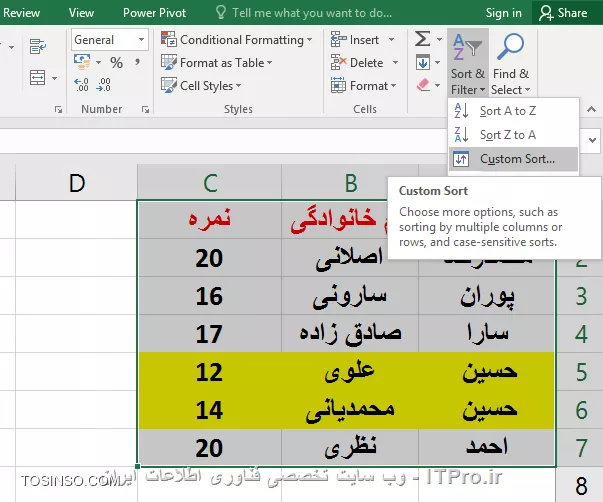 با سلام خدمت همه ITPRO های عزیز و دوستداشتنی ،در ادامه بخش اول مقاله انواع روش های مرتب سازی در اکسل با شما همراه هستیم . در ابتدای اون مقاله گفتیم که یکی از مباحث بسیار کاربردی در مجموعه نرم افزار آفیس قابلیت مرتب سازی یا همان Sort می باشد. این قابلیت در نرم افزار اکسل بسیار پرکاربرد تر و برجسته تر می باشد چون معمولا بحث محاسبات در این نرم افزار صورت می گیرد این ویژگی کمک زیادی به کاربران آن در انجام راحت تر این محاسبات و مرتب سازی آنها می کند. مثلا همین الان کاربران برتر در این وب سایت را در نظر بگیرید که به ترتیب از امتیاز بالا به پایین مرتب شده اند این یک نمونه مرتب سازی نزولی می باشد. ما در این مقاله به بررسی انواع مرتب سازی یا SORT های باقیمانده می پردازیم. 

1- مرتب سازی ستونی (Columns) در اکسل
2- مرتب سازی سطری (Rows) در اکسل 
3 - مرتب سازی صعودی (از A به Z) بر اساس محتویات سلول ها در اکسل
4 -مرتب سازی نزولی (از Z به A) بر اساس محتویات سلول ها در اکسل
*5- مرتب سازی بر اساس یک یا چند ستون یا سطر در اکسل*
*6 - مرتب سازی بر اساس لیست در اکسل*
*7 - مرتب سازی بر اساس رنگ سلول ها در اکسل*
*8 - مرتب سازی بر اساس رنگ فونت محتویات سلول ها در اکسل*
*9 - مرتب سازی بر اساس آیکون های سلول ها در اکسل*

در ادامه با روش پنجم مرتب سازی از لیست بالا  این آموزش رو ادامه می دهیم .

*5- مرتب سازی بر اساس یک یا چند ستون یا سطردر اکسل *
ما در بخش یک این مقاله فقط به مرتب سازی صعودی و نزولی در حد یک ستون یا سطر پرداختیم . اما در واقع اکثر کاربرگ های اکسل شامل اطلاعات در چندین سطر یا ستون می باشد . گاها چون این اطلاعات مرتبط به هم هست ما باید همه آنها را با هم مرتب کنیم و گاهی هم دربین سطرها و ستون های زیادی که شامل اطلاعات هست ما فقط می خواهیم یک سطر یا ستون را مرتب سازی کنیم . ما در این مثال می خواهیم سه ستون را که شامل اطلاعاتی مرتبط بصورت سطری هست را مرتب سازی کنیم. ستونی را که می خواهیم بر اساس آن مرتب سازی را انجام دهیم انتخاب می کنیم که ما در اینجا بر اساس ستون نام خانوادگی اینکار را انجام می دهیم. سپس روی یکی از گزینه های مرتب سازی صعودی و یا نزولی کلیلک می نماییم.

||http://tosinso.com/files/get/7bde2ba1-6da1-46b8-99bc-434aa0d2b569||

با کلیلک کردن روی گزینه مرتب سازی صعودی پنجره کوچکی ظاهر می شود به شکل زیر 

||http://tosinso.com/files/get/9ac53e38-df3e-44ac-8a6e-6dbb88bacef0||

که شامل دو گزینه می باشد .گزینه اول Expand The Selection به این معنی که تمام ستون های مجاور هم به همراه محدوده انتخابی مرتب سازی می شوند.

||http://tosinso.com/files/get/d27cb965-ce51-4500-8044-9942dd39e686||

گزینه دوم Continue with The Current Selection به این معنی که فقط محدوده انتخابی مرتب سازی می شود.

||http://tosinso.com/files/get/a3c5963c-c34b-4054-9ae2-f5b6734a4665||

||http://tosinso.com/files/get/be9405c9-3bfd-422d-a2fc-08a10fa9b0ee||

در تصویر زیر مشاهده می کنید که فقط ستون نام خانوادگی مرتب سازی شده است و اطلاعات دو ستون دیگر تغییری نکرده است . با توجه به اینکه معمولا یک کاربرگ اکسل شامل سطرهایی از اطلاعات مربوط به یک موضوع خاص می باشد ، معمولا در انجام این نوع مرتب سازی دقت لازم را داشته باشید که باعث بهم ریختگی اطلاعات شما نشود .

||http://tosinso.com/files/get/c818c6fb-8770-4947-bb13-c58dfa13a5c5||

روش مرتب سازی برای سطرها هم همانند روش بالا نیز می باشد .یک نکته قابل توجه در این روش این هست که گاها شما در هنگام مرتب سازی بر اساس یک ستون ممکن است به موارد مساوی در آن بخش برخورد کنید در اینجا شما می توانید ملاک مرتب سازی در آن ستون را بر اساس ستون های دیگر مشخص کنید .در مثال زیر ما مرتب سازی را براساس ستون نام بصورت صعودی انجام می دهیم اما با دو نام یکسان روبرو می شویم و ملاک مرتب سازی را برای این موارد ستون نام خانوادگی انتخاب می کنیم و در آن نوع مرتب سازی را روی نزولی قرار می دهیم .

||http://tosinso.com/files/get/f7e41b00-91f8-49fc-a747-9b72a4c13124||

||http://tosinso.com/files/get/db640466-2f1c-4c1e-86bf-3e1e8164489d||

با استفاده از گزینه Add Level در تصویر زیر یک مرحله دیگر جهت مرتب سازی اضافه می کنیم و آن را روی ستون نام خانوادگی و از بزرگ به کوچک تنظیم می نماییم.

||http://tosinso.com/files/get/8db87dbc-fa6d-4765-8600-20dabc52568b||

در تصور زیر مشاهده می کنید که به نسبت قبل از مرتب سازی دو نام خانوادگی که اسامی یکسانی داشتند جابجا شده اند .

||http://tosinso.com/files/get/b34a0ee1-d56f-4244-8de5-6d29e8943607||

*6 - مرتب سازی بر اساس لیست در اکسل*
بعضی مواقع می توانیم مرتب سازی را براساس لیست هاانجام دهیم . مثلا روزها و ماه ها ی لاتین بصورت پیش فرض در لیست های اکسل موجود می باشند چنانچه شما لیست خاصی مد نظرتان هست می توانید آن را بسازید و بر اساس آن مرتب سازی را انجام نمایید .ابتدا محدوده مورد نظر جهت مرتب سازی را انتخاب نمایید در کادر Sort در قسمت Order گزینه Custom List را انتخاب نمایید و گزینه New List را انتخاب و لیست مورد نظرتان را به ترتیب وارد نمایید و سپس گزینه Add را انتخاب تا به لیست های پیش فرض اکسل اضافه گردد.

||http://tosinso.com/files/get/44777d33-e132-4633-8f7a-0b1524f75f30||

||http://tosinso.com/files/get/ce2dfb62-a672-4161-b8cd-6947686593d5||

مرتب سازی بر اساس لیست ساخته شده  را در تصور زیر مشاهده می کنید.

||http://tosinso.com/files/get/42621836-7fe7-4d47-b2c4-9a5411516da2||

*7 - مرتب سازی بر اساس رنگ سلول ها در اکسل*
یکی از روش های جالب مرتب سازی بر اساس *رنگ سلول ها* می باشد. برای انجام اینکار محدوده مورد نظر را انتخاب و در کادر SORT به تعداد مورد نیاز روی گزینه Add Level کلیلک می نماییم و در بخش SORT ON گزینه Cell color را انتخاب می نماییم  و در بخش Order  نوع چینش ترکیب رنگ را برای سطرهای مختلف انتخاب می نماییم.

||http://tosinso.com/files/get/a44e4179-ea16-4efc-9af6-2fdd17e7d4cf||

||http://tosinso.com/files/get/6e2d3f9a-bc5c-4830-a05d-190b3bcb7362||

مرتب سازی بر اساس چینش مشخص شده را در تصویر زیربر اساس رنگ سلول ها  مشاهده می نمایید.

||http://tosinso.com/files/get/94f532c8-285f-4d4a-a56f-7ad440dffc27||

*8 - مرتب سازی بر اساس رنگ فونت محتویات سلول ها در اکسل*
 روش متفاوتی دیگر جهت مرتب سازی سلول ها در اکسل که بر اساس *رنگ فونت محتویات سلول ها* انجام می گیردو برای انجام اینکار محدوده مورد نظر را انتخاب و در کادر SORT به تعداد مورد نیاز روی گزینه Add Level کلیلک می نماییم و در بخش SORT ON گزینه font color را انتخاب می نماییم  و در بخش Order  نوع چینش ترکیب رنگ را برای سطرهای مختلف انتخاب می نماییم.

||http://tosinso.com/files/get/9a494c22-2354-4381-892a-66665f958c53||

||http://tosinso.com/files/get/a7d6656c-5dae-4a04-adde-1880c6f8b39a||

مرتب سازی بر اساس چینش مشخص شده را در تصویر زیر بر اساس رنگ فونت ها  مشاهده می نمایید.

||http://tosinso.com/files/get/136aea32-1905-4877-a6b5-e9ae68aabedd||

*9 - مرتب سازی بر اساس آیکون های سلول ها در اکسل*
و باز هم روش جالب دیگر جهت مرتب سازی سلول ها در اکسل که بر اساس *آیکون های موجود در سلول ها* انجام می گیرد جهت استفاده از این آیکون ها بایدبه بخش Conditional Formatting  و گزینه Sets Icon مراجعه نمایید. جهت اطلاع از کاربرد های دقیق این بخش به مقاله زیر مراجعه نمایید.
|ویژگی های جالب Conditional Formatting در نرم افزار اکسل (Excel)::https://tosinso.com/articles/42797/Conditional-Formatting-%da%86%db%8c%d8%b3%d8%aa%d8%9f-%d9%85%d8%b9%d8%b1%d9%81%db%8c-%d9%82%d8%a7%d8%a8%d9%84%db%8c%d8%aa-%d9%82%d8%a7%d9%84%d8%a8-%d8%a8%d9%86%d8%af%db%8c-%d8%b4%d8%b1%d8%b7%db%8c-%d8%af%d8%b1-%d8%a7%da%a9%d8%b3%d9%84(excel)|
||http://tosinso.com/files/get/80665d9d-628b-43e0-a733-6c56dd6b4007||

و برای انجام اینکار محدوده مورد نظر را انتخاب و در کادر SORT به تعداد مورد نیاز روی گزینه Add Level کلیلک می نماییم و در بخش SORT ON گزینه Cell Icon را انتخاب می نماییم  و در بخش Order  نوع چینش آیکون ها را برای سطرهای مختلف انتخاب می نماییم.

||http://tosinso.com/files/get/7b98f5a0-c2f1-4588-8a04-148fc0ff6700||

مرتب سازی بر اساس چینش مشخص شده را در تصویر زیر بر اساس آیکون ها مشاهده می نمایید.

||http://tosinso.com/files/get/45a82ce4-0b9c-4cce-95db-52d70bfb0667||

امیدوارم که مفید واقع شده باشد.

نویسنده : احمد نظری
منبع : |جزیره مبانی کامپیوتر و مهارت های هفتگانه وب سایت توسینسو::https://tosinso.com/icdl|
هرگونه نشر و کپی برداری بدون ذکر منبع و نام نویسنده دارای اشکال اخلاقی می باشد.  