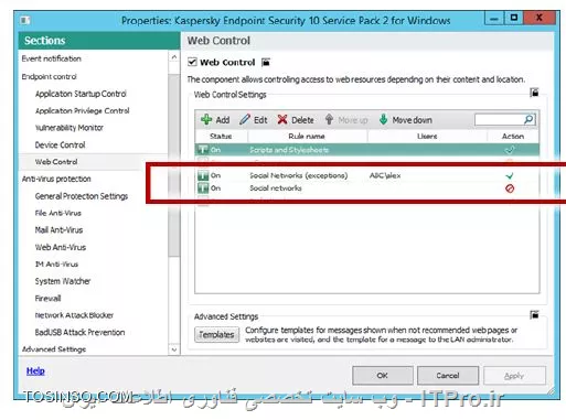!! Web Control 
وب کنترل یک ساختار فیلترینگ اینترنت برای دسترسی به صفحات وب است ، وب کنترل خیلی شبیه به فایروال کار می کند مدیر شبکه می تواند رول هایی از نوع Allow و Block برای آن تعریف کند و به صورت پیش فرض رول بر روی مد Default rule بوده و دسترسی به تمامی صفحات وب امکان پذیر است . 

نکته : تنها ترافیک های HTTP و HTTPS اسکن می شوند 

- مسدود کردن تهدید 

برای بلاک کردن و جلوگیری از دسترسی صفحات وب مورد نظر فرمت نوشتاری به صورت ? و * خواهد بود مثلاً * shop * یا *.fm . کسپرسکی Endpoint انالیز صفحات وب را انجام می دهد و دارای کلاس بندی زیر است :

- سایت های فروشگاه اینترنتی 

- سایت بانک ها 

- سایت های پرداخت آنلاین 

- سرویس دهندگان ایمیل 

- شبکه های اجتماعی 

- چت روم ها و فروم ها 

- وبلاگ ها 

- سایت های دوست یابی 

- شبکه های کاریابی 

- شبکه های خرید اسلحه و سلاح گرم و سرد 

- سایت های مدیا 

- سایت های دانلود 

- سایت های بازی 

- سایت های قمار بازی 

- سایت های بزرگسالان 

محتوای سایت ها و ادرس URL آنها اسکن می شود و پالیسی بر روی این ویژگی ها پیاده سازی می شود . 

- نحوه مستثنا کردن وب کنترل 

با توجه به مراحل زیر می توان محتوایی که می خواهیم مستثنی شوند ( تراست باشند ) را تعیین کنیم :

||https://tosinso.com/files/get/dbfd1086-824f-4f7d-9df4-ea4a32f0f3c0||

||https://tosinso.com/files/get/d4743af4-ad10-4e2f-92a4-3881dce9ff63||

||https://tosinso.com/files/get/be2f43c5-3993-4dc0-96a8-18a2fb8b207b||

- نحوه گزارش گیری از وب کنترل 

با استفاده از مراحل تصویری زیر می توانید گزارش گیری وب کنترل را چک کرد :

||https://tosinso.com/files/get/b27bc006-c9dd-4cde-aafd-72587cc5822c||

||https://tosinso.com/files/get/930d0792-e586-4feb-8086-f65ae707e20d||

- مشاهده نتایج وب کنترل به کاربران 

همچنین می توان در ابزار وب کنترل آنچه کاربران در هنگام باز کردن یک آدرس یا محتوای ممنوعه اقدام میکنند صفحات هشداری را سفارشی و طراحی کرد :

||https://tosinso.com/files/get/66feae1b-f5c5-490a-9691-a57b473106ae||

ایجاد متن اخطاری  :

||https://tosinso.com/files/get/2aaf85f7-137c-4692-a197-4b02a4cfa4c1||

||https://tosinso.com/files/get/605d781d-afed-4ba4-adc5-931890ab776b||

||https://tosinso.com/files/get/6afa35a2-c4c7-48a9-9014-4ac181a65f59||

||https://tosinso.com/files/get/46d969f9-5f0c-48de-8518-7590cda8a078||


نویسنده : سید احمد توسلی
منبع : |جزیره امنیت اطلاعات و ارتباطات وب سایت توسینسو::https://tosinso.com/security|
هرگونه نشر و کپی برداری بدون ذکر منبع و نام نویسنده دارای اشکال اخلاقی است
