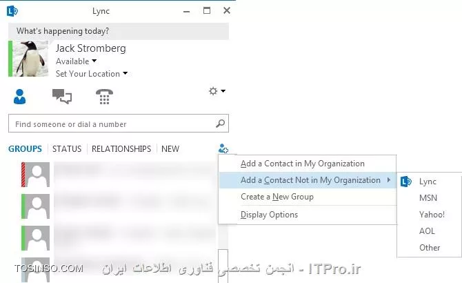 خب در مقاله قبل که اولین مقاله از سری مقالات آموزش گام به گام Lync Server بود، به معرفی اجمالی این محصول و تاریخچه آن پرداختیم. با توجه به گستردگی امکانات این محصول، معرفی قابلیت ها و سرویس ها را در چند مقاله به صورت جداگانه بررسی خواهیم کرد. در این مقاله که دومین مقاله از این سری آموزشی می باشد، سرویس IM & Presence را با هم بررسی می کنیم.در مقاله قبل به امکانات و قابلیت های Lync Server 2010 به طور خلاصه اشاره کردیم. برای اینکه از امکانات ذکر شده استفاده کنید، Lync Server 2010 از سرویس های متعددی استفاده میکند. در حقیقت این سرویس ها هستند که امکانات ذکر شده را برای شما فراهم میکنند. در زیر به معرفی اجمالی این سرویس ها میپردازم. برای درک بهتر و اهداف آموزشی، این سرویس ها و امکانات را به چند گروه دسته بندی می کنم.

* Instant Messaging & Presence
* Audio/Video Calling & Conferencing
* Sharing & Presentation
* Enterprise Voice
* Mobility
در این مقاله با هم سرویس Instant Messaging & Presence را بررسی می کنیم.

!! سرویس پیام فوری و وضعیت حضور (Instant Messaging & Presence)
این گروه از قابلیت ها شامل تعیین وضعیت حضور (Presence)، امکان چت شخصی و گروهی (IM & Group Chat)، مشاهده لیست تماس و اطلاعات تماس (Contact List & Contact Information)، مشاهده خلاصه فعالیت (Activity Feed) و همچنین امکان ارتباط با سرویس های چت عمومی (PIC) می باشد. در زیر به معرفی اجمالی این قابلیت ها خواهم پرداخت.

!! وضعیت حضور (Presence)
این سرویس به شما این امکان را میدهد که موقعیت و وضعیت خود را به دیگران اطلاع دهید. برای این کار نیازی نیست که وضعیت موجود خود را برای دیگران ارسال کنید. کسانی که شما را در لیست دوستان در Lync Client خود دارند، وضعیت و موقعیت شما را در جلوی اسم شما مشاهده خواهند کرد. از جمله این وضعیت ها میتوان به Available (در دسترس)، Busy (مشغول)، Do Not Disturb (مزاحم نشوید) و ... اشاره کرد.

||http://tosinso.com/files/get/8e95cf60-4b4c-4d84-865c-405545f86aa6||

!! لیست تماس و اطلاعات تماس (Contact List & Contact Information)
شما در محیطی بسیار ساده و کاربرپسند میتوانید تمامی افراد حاضر در لیست دوستان خود را مشاهده کنید. میتوانید شیوه مشاهده لیست دوستان (Contact List) را بر اساس گروه بندی دلخواه خود، Availability (Online و Offline بودن و حالات دیگر) و تنظیماتی دیگر دسته بندی کنید. این دسته بندی به شما در پیدا کردن افراد مورد نظرتان کمک خواهد کرد.
همچنان شما میتوانید اطلاعات جامعی در مورد همکاران و یا مشتریان خود از طریق Lync Server در دسترس داشته باشید. این اطلاعات میتواند شامل آدرس، شماره تلفن، سمت کاری و ... باشد. همچنین دسترسی به این اطلاعات فقط محدود به داخل سازمان نبوده و شما از خارج از سازمان نیز می توانید به این اطلاعات دسترسی پیدا کنید.

||http://tosinso.com/files/get/a1de7329-b389-4f1e-8889-7296b53cc379||

!! خلاصه فعالیت (Activity Feeds)
با استفاده از این قابلیت شما میتوانید خلاصه ای از فعالیت جاری خود را به اطلاع دوستان و همکاران خود برسانید. همچنین میتوانید خلاصه فعالیت دوستان و همکاران خود را به طور یکپارچه در محیطی ساده مشاهده نمایید و از آخرین فعالیت های آنها اطلاع پیدا کنید.

||http://tosinso.com/files/get/1d891606-7b16-48d6-95e3-38e0dd82331d||

!! پیام فوری (IM)
IM که مخفف 2 کلمه Instant Messaging می باشد، اشاره به ارتباط متنی به صورت خصوصی و یا گروهی دارد. البته این قابلیت در کشور ما بیشتر به اسم Chat شناخته شده است. بزرگترین مزیت IM نسبت به دیگر راه های ارتباط متنی (مانند Email) این است که IM به صورت Real Time کار میکند. یعنی در صورتی که هر 2 طرف مکالمه Online باشند، میتوانند به صورت لحظه به لحظه و بدون وقفه با هم گفتگو (Chat) کنند.

در حالی که در سرویس Email می بایست ابتدا دریافت کننده را انتخاب کرده، سپس موضوعی انتخابی برای Email خود انتخاب کنید (البته انتخاب موضوع کاملا اختیاری می باشد و میتوان Email ای بدون عنوان ارسال کرد)، سپس متن مورد نظر خود را تایپ کنید و در نهایت روی گزینه Send کلیک کنید. مخاطب شما نیز می بایست روی گزینه Refresh کلیک کند.البته اگر در سازمان خود از Exchange Server و همچنین Outlook برای مشاهده Email های داخلی خود استفاده می کنید، می توانید آرشیوی از کلیه چت های خود را در Mailbox خود مشاهده کنید.

||http://tosinso.com/files/get/950efbcd-fd6f-49de-8847-f2515507c7b2||

!! ارتباط با سرویس های چت عمومی (PIC)
کلمه PIC که مخفف عبارت Public IM Connectivity می باشد، به کاربران امکان ارتباط با سرویس های چت عمومی را میدهد. این ارتباط شامل پیام فوری و به اشتراک گذاری Presence می باشد. قابلیت PIC بخشی از سرویس گسترده Federation می باشد که پیشتر به آن اشاره شد. سرویس های عمومی که Lync Server 2010 از آنها پشتیبانی می کند عبارتند از سرویس Windows Live Messenger، سرویس AOL Messenger و سرویس Yahoo Messenger.

البته Lync Server 2013 از سرویس Skype نیز پشتیبانی می کند. همچنین پشتیبانی از XMPP در Lync Server 2013 باعث شده است تا سرویس های که از این پروتکل استفاده می کنند (مانند Google Talk و IBM Lotus Sametime) نیز قابلیت اتصال به Lync  را داشته باشند.بیان این نکته خالی از لطف نیست که سرویس PIC مختص Lync Server 2010 و Lync Server 2013 نمی باشد. بلکه این سرویس با عرضه Service Pack 1 برای Live Communications Server 2005 به این سری محصولات دوست داشتنی و کاربردی اضافه شد.

||http://tosinso.com/files/get/ddb16cf6-6e29-4ae9-abd9-4108ea2a8f80||

!! چت گروهی (Group Chat)
قابلیت Group Chat به شما امکان ایجاد Chat Room های دائمی می دهد. دائمی بودن این Chat Room ها از آن جهت است که حتی اگر کسی در این Room ها نباشد، این Room ها همچنان وجود خواهند داشت و بسته نخواهند شد. این Chat Room ها میتوانند برای اهداف مختلف ایجاد شده باشند. برای مثال میتوان این Chat Room ها را در محیط مدرسه و به ازاء هر کلاس ایجاد کرد. تصور کنید که میخواهید در محیطی امن با همکاران خود در اداره فناوری اطلاعات، گفتگو کنید. 

میخواهید با همکاران خود به صورت متنی (Text) گفتگو کنید، با آنها آدرس سایت های مرتبط با کار خود را به اشتراک بگذارید و یا برای آنها فایل ارسال کنید، کافیست که یک Chat Room ایجاد کرده و دوستان خود را به آن دعوت کنید. تمامی این کارها با استفاده از سرویس Group Chat انجام میگیرد. البته این سرویس در OCS 2007 نیز وجود داشته که در Lync Server 2010، قابلیت ها و کارایی آن بهبود یافته است. نکته جالب توجه این سرویس آن است که مشتریان و همکاران شما که خارج از سازمان هستند نیز میتوانند با استفاده از سرویس Federation، به این Chat Room ها ملحق شوند. همچنین ملحق شدن به این Room ها فقط شامل یک Room نبوده و شما میتوانید در یک زمان در چند Room عضویت داشته باشید و مکالمات درون تمامی آنها را مشاهده نمایید.

||http://tosinso.com/files/get/66ba198c-2bf5-4fca-a891-4d00998ef20a||
در این مقاله به معرفی سرویس IM و Presence پرداختم. در مقاله بعد، سرویس Audio/Video Calling & Conferencing را با هم بررسی خواهیم کرد.

نویسنده: سعید خلیفی 
منبع: |جزیره سرویس های شبکه مایکروسافت وب سایت توسینسو::https://tosinso.com/microsoft|
هرگونه نشر و کپی برداری بدون ذکر منبع دارای اشکال اخلاقی می باشد