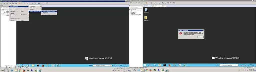 با سلام کسی از دوستان در خصوص پیغام
Error connecting remote USB device: Cannot connect the device xxxxxxxxxxxxxxx: a connection error occurred.
اطلاعاتی داره که چطوری میشه این مشکل حل کرد 
من بعد از اینکه یکی ماشین های مجازی رو از یک سرور به سرور دیگه انتقال دادم موقعه اتصال usb این پیغام میده و نمی تونم هیچ usb رو به این ماشین مجازی وصل کنم ولی بقیه ماشین های مجازیم که روی همین سرور نصب کردم این مشکل ندارن لطفا اگر کسی از دوستان راه حلی برای برطرف کردن این مشکل سراغ داره راهنمایی کنه 
ماشین مجازیم workstation 12 هستش
||http://tosinso.com/files/get/de19b3b1-5b67-4a07-a571-fcbfeb449f39||