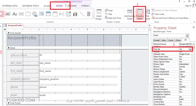 پاسخ سوال 2: از طریق تب design گزینه property sheet رو انتخاب کن و سپس مقدار فیلد pop up رو Yes کن.
||http://icdl.tosinso.com/files/get/de23fd0a-abb3-401e-85b9-0f49092c4a98||