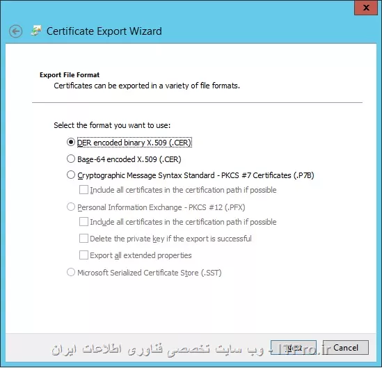 سلام
ما یه Exchange Server 2013 داریم و2012 Active Directory R2
_متن_حالا یه لپ تاپ داریم که Join به دامین نیست و وجود Certificate اکسچنج هم بسیار مهم هست برای متصل شده از طریق Outlook . من میخوام برای این کلاینت از Certificate خودمون یه Export بگیرم و اونجا Import بکنمش . *چه طوری می تونم این کا رو انجام بدم و توی چه مدی؟ /از این سه حالت زیر/_متن_ باید این کار رو انجام بدم؟ *و این که توی کلاینت کجا باید Import بکنم؟

||http://tosinso.com/files/get/de71c926-fd23-421d-aa55-0e307580d3cd||