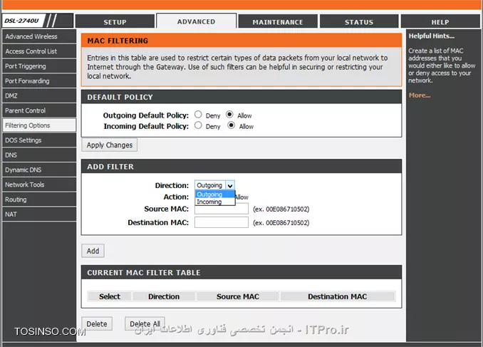 سلام جناب خانلری
ممنون از راهنماییتون. هر دو فایل رو خوندم فقط در یکی از فایل ها اشاره کوچکی به قسمت مک فیلترینگ شده بود که البته تنظیمات اون مربوط به ورژن قدیمی تر مودم D-Link 2740 بود. توی مودم من قسمت مک فیلترینگ یکم تفاوت داره که دو موردش رو نمیدونم دقیقا باید چه گزینه ای انتخاب کنم. تصویرشو پایین گذاشتم ممنون میشم راهنمایی کنید که در قسمت Direction باید Outgoing رو انتخاب کنم یا Incoming و همینطور مک آدرس دیوایس مورد نظرمو که میخوام به اون اجازه دسترسی به مودم رو بدم باید در قسمت Source MAC وارد کنم یا Destination MAC. و سوال دیگه اینکه اجازه دسترسی از راه دور رو از کدام قسمت میشه قطع کرد.


||http://network.tosinso.com/files/get/deb56f8a-a287-45a2-b45a-1027f1eb5894||
