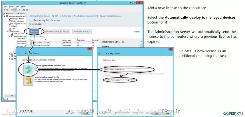 !! بروزرسانی Network Agent 
بروزرسانی Network Agent را  می توان بدون ایجاد Task به صورت خودکار انجام داد ، هنگامی که بروزرسانی از کسپرسکی اعلام می شود مدیر شبکه می تواند Agent را دانلود کند و آن را به صورت محلی نصب کند ، به صورت پیش فرض در Administration Server نصب Network Agent و بروزرسانی آن انجام می شود :

1- وارد تب پالیسی شوید و روی گزینه Policy of Network Agent کلیک کنید 

2- حالا بر روی Manage patches and updates کلیک کنید 

3- حذف چک باکس Install application updates with Undefined approval 

||آموزش کسپرسکی سرور 10 ::https://tosinso.com/files/get/9744d5d5-a4df-4ece-a303-7a9b30bd1749||

نکته : برای نصب نسخه جدید Network Agent ابتدا آن را بر روی یک کامپیوتر در گروه امتحان کنید و بررسی کنید که نصب موفقیت آمیز هست یا خیر 

همچنین مدیر شبکه می تواند برای جلوگیری از بروزرسانی همیشگی از گزینه Update Approval در بخش Declined استفاده کند ، برای جلوگیری از بروزرسانی Network Agent نسخه های قدیمی ( قبل از سرویس پک 1 ) می توانید از تسک Download updates to the repository استفاده کنید :

1- در نود Task وارد پراپرتیس شوید و تسک Download updates to the repository را انتخاب کنید 

2- سوییچ کنید روی Settings و در Other settings روی عبارت Configure ...  کلیک کنید 

3- بردارید چک باکس Update Agent modules ( for Network Agent version earlier than 10 Service Pack 10 ) 

- آگاهی از بروزرسانی های جدید 

برای آگاهی یافتن از بروزرسانی جدید در خش Update از صفحه Monitoring می توانید نسخه و سرویس پک را بررسی کنید . پیام هایی نظیر :

- بروزرسانی کامپوننت های Kaspersky Security Center 10 

- بروزرسانی ابزار های Kaspersky Lab  

- اخرین نسخه از ابزارهای Kaspersky Lab  

بخش Current application versions تمامی این آیتم ها را نشان می دهد 

||https://tosinso.com/files/get/543f1418-7242-434f-8f92-04721f88bdde||

همچنین برای یافتن آخرین بروزرسانی های نسخه و تولید و زبان برنامه ها می توانید :

||https://tosinso.com/files/get/44e479a5-b606-47e5-ac7f-0cc6f880205f||

- بروزرسانی لایسنس 

هنگامی که لایسنس کسپرسکی سرور 10 به اتمام می رسد نیاز هست که مجدداً خریداری شود ، در هنگام خرید به پارامترهای تعداد کلاینت ها و سرور ها - و نیاز به ابزار هایی نظیر رمزگذاری روی اطلاعات و نصب اپدیت های ویندوز به صورت خودکار دقت کنید برای مشاهده تاریخ و زمان انقضا لایسنس به تصویر زیر دقت کنید :

||احمد توسلی می نویسد از کسپرسکی سرور 10::https://tosinso.com/files/get/7e35e9b9-6136-4925-964a-4cf08e16558c||

- همچنین برای مشاهده فعال بودن تعداد لایسنس هایی که خریداری کردید :

||احمد توسلی نویسنده اولین مجموعه تمام پارسی کسپرسکی سرور 10::https://tosinso.com/files/get/63440cb4-1571-4aac-b7e0-9530c542f149||

* برای اعمال لایسنس ها روی یک کامپیوتر هم می توانید از راهنمای زیر استفاده کنید :

||https://tosinso.com/files/get/df2d2f0a-a7f3-4abc-bb53-0cac6ccfe926||

- برای فعال سازی لایسنس Administration Server :

||https://tosinso.com/files/get/fb240bd0-fb86-497b-9761-19c80e9e4b3b||

این فعال سازی تنها برای نسخه 10 مورد نیاز است و در نسخه Core پشتیبانی نمی شود و یک KESB لایسنس پیشرفته است . 

* تغییر لایسنس ها  

گاهی اتفاق می افتد که مدیر شبکه قصد دارد لایسنس جدید را مجدداً عوض کند  ، بنابراین برای این کار روی نود Tasks بروید و سپس در مسیر Distribute key on the client computer رفته و روی Advanced | Application management | Kaspersky Lab licenses کلیک کنید . 

||https://tosinso.com/files/get/543f1418-7242-434f-8f92-04721f88bdde||

نویسنده : سید احمد توسلی
منبع : |جزیره امنیت اطلاعات و ارتباطات وب سایت توسینسو::https://tosinso.com/security|
هرگونه نشر و کپی برداری بدون ذکر منبع و نام نویسنده دارای اشکال اخلاقی است