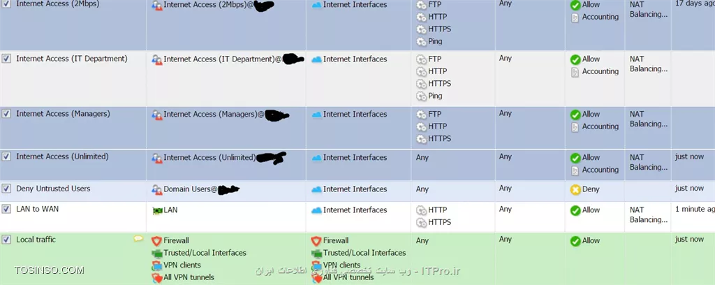 برای مثال به وسیله کریو اگر بخواهیم به گروهی از کاربران داخل دامین دسترسی به اینترنت را فراهیم کنیم بعد از اینکه ترافیک رول های دسترسی گروهای کاربران را به اینترنت تعریف کردیم برای مثال:
<c#>
Source: internet access 11-12@rcs.org
Destination: Internet Interfaces
Services: any
IP Version: any
Action: Allow
Transaction: Nat
Time Range 11-12
<c#>
بعد از تعریف آخرین رول برای دسترسی کاربران به اینترنت و قبل از رول پیش فرض Traffic Rule این رول را تعریف می کنیم:
<c#>
Source: Trusted/Local Interfaces
Destination: Internet Interfaces
Services: any
IP Version: any
Action Allow
Transaction: Nat
<c#>
در قسمت سرویس با توجه به سناریو می تونه Any باشه یا (HTTP,HTTPS,Ping,FTP)، این رول برای این است تا کاربران به صورت خودکار به صفحه ورود و شناسایی کاربران Redirect شوند و به واسطه گزینه 
<c#>
Enable automatic authentication using NTLM
<c#>
خودکار شناسایی شده و به اینترنت دسترسی داشته باشند، اما قبل از این رول باید یک ترافیک رول دیگر تعریف شود:
<c#>
Source: Domain Users@rcs.org
Destination: Internet interfaces
Services: any
IP Version: any
Action: Deny
Transaction: Nat
<c#>
هدف از این رول این است تا کاربرانی که در دامین عضو گروه های اینترنتی نیستند به اینترنت دسترسی نداشته باشند. اگر این رول تنظیم نشود به واسطه رول قبلی تمامی کاربران در دامین چه آنها که عضو گروه های اینترنتی و چه عضو گروه های اینترنتی نیستند به اینترنت دسترسی خواهند داشت.
||http://security.tosinso.com/files/get/df6094db-aa56-40b4-8cd1-db83564503d8||