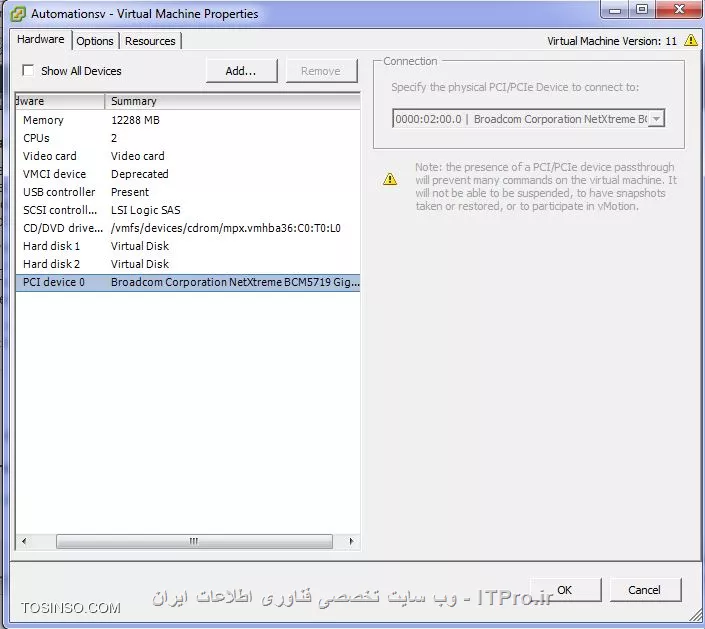 سلام
ممنونم از راهنماییتون.مقاله رو مطالعه کردم و طبق اون پیش رفتم.اما کارت شبکه ای که اضافه شده مدام ریپ میزنه.یعنی وقتی ازش پینگ میگیرم دائما بین reply ها request time out میده و همچنین وقتی کنسولش رو از esxi لود می کنم در حین کار باهاش دائم اتصالم قطع و وصل میشه.همه فایروال ها رو هم off کردم.نکته دیگه اینکه وقتی میخوام این ماشین رو به دامین Join کنم خطای زیر رو میده
||http://network.tosinso.com/files/get/b320baf2-744a-4708-9e89-c208a5f7076f||
و این هم لیست سخت افزارهای تخصیص داده شده به این سرور هست که در ردیف آخر کارت شبکه دیده میشه
||http://network.tosinso.com/files/get/df6b62c6-e1ab-4d3e-8f9f-9ec9b94870b3||
در ضمن وقتی پنجره ای باز میشه در بالای پنجره یه عبارت میاد که گفتم شاید کمک کنه که راحتتر بتونید راهنماییم کنید
توی شکل زیر این عبارت رو مشخص کردم
||http://network.tosinso.com/files/get/7fb80451-7236-490b-9bdb-7fc4300cff2d||
ممنونم