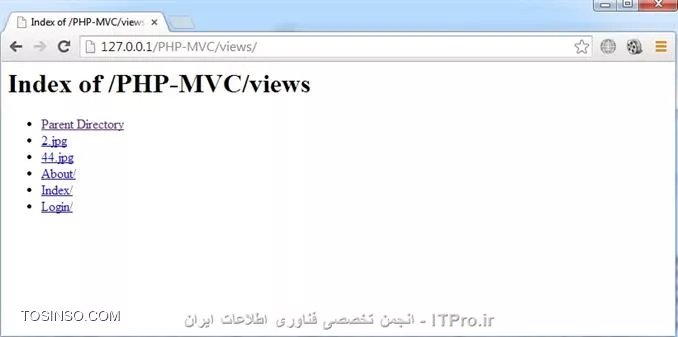 سلام به همه دوستان گلم در ITPro ابتدا قبل از شروع این قسمت یه عذر خواهی کنم بایت وقفه طولانی که ایجاد شد بین قسمت قبلی و این قسمت ، خوب توی قسمت قبلی درباره ErrorDocument ، Redirects  و password protection توضیح دادم و توی این قسمت توضیحات تکمیلی .htaccess براتون میگم بهمراه کد نویسی MVC  . نکته مهم : قبل از اینکه فایل .htaccess بسازید و توش کد بنویسید، برید توی فایل httpd.conf (اگه از wamp استفاده میکنید برید توی منوی wamp توی قسمت apache) و این خطی که در زیر انتخابش کردم پیدا کنید و اگه اول خط، کاراکتر # داشت ، کاراکتر # از اول خط پاک کنید و فایل ذخیره کرده و wamp ریستارت کنید . 
||https://tosinso.com//files/get/370a523a-186b-4d5a-b48f-5af01e053d2a||
4) Deny visitors by IP address : میتونیم جلوگیری کنیم از بازدید بعضی بازدیدکنندگان از وب سایتمون یا اجازه بدیم فقط کاربران با یه رنج آی پی خاص بتونن از وب سایتمون بازدید کنن .مثلاً فقط به ادمین سایت اجازه بدیم که بتونه صفحات حساس وب سایت ببینه و بقیه کاربران قادر نباشن .
<htm>
order allow,deny
deny from 123.45.6.
allow from all
<htm>
کد بالا به همه اجازه میده بتونن وب سایتو ببینن ولی کاربرانی که  سه اکتد آی پی شون این 123.45.6 هست اجازه بازدید از سایت ندارن .
<htm>
order allow,deny
allow from 162.1.1.1
deny from all
<htm>
کد بالایی هم فقط به کاربری با آی پی 162.1.1.1 اجازه میده از وب سایت بازدید کنه و اگه کاربری توی محدوده آی پی تعریف نشده باشه و بخواد وارد سایت بشه با خطای Forbidden مواجه میشه .
||https://tosinso.com//files/get/110262ac-52d4-466f-98ee-ab65f203e558||

5) DirectoryIndex : بصورت پیشفرض Apache بدنبال فایل index.php میگرده تا وب سایت با اون صفحه بیاره بالا (یعنی نشون بده) ، ولی میشه این پیشفرضو تغییر داد ، 
من یه صفحه index.php توی آموزش قبلی ساختم که موقعی که نمایش داده میشد بصورت زیر بود 
||https://tosinso.com//files/get/960448ad-c06f-433d-8c36-4aecd1c75ffb||
و حالا نمیخوام موقعی که وب سایتمو کسی باز میکنه صفحه index.php بصورت پیشفرض براش باز بشه میخوام index.html باز بشه .
کد index.html : فقط یه welcome توش نوشتم :-)
<htm>
<!DOCTYPE html PUBLIC -//W3C//DTD XHTML 1.0 Transitional//EN http://www.w3.org/TR/xhtml1/DTD/xhtml1-transitional.dtd>
<html xmlns=http://www.w3.org/1999/xhtml>
<head>
<meta http-equiv=Content-Type content=text/html; charset=utf-8 />
<title>Untitled Document</title>
</head>
<body>
welcome
</body>
</html>
<htm>
و حالا این کد توی .htaccess مینویسم .
<htm>
DirectoryIndex index.html
<htm>
و بعدش دوباره وب سایتمو باز میکنم میبینید که پیشفرضش تغییر کرد و صفحه که میخواستم باز شد .
||https://tosinso.com//files/get/f8cf8f64-1222-4f5c-a0f5-13c2c60cc21f||
خوب حالا اگه کدمونو به این صورت نوشته بودیم
<htm>
 DirectoryIndex index.html index.cgi index.php
<htm>
Apache ابتدا به دنبال صفحه index.html میگرده تا نمایشش بده و اگه وجود نداشت میره سراغ index.cgi  و در نهایت اگه این صفحه هم وجود نداشت index.php نمایش میده .

6) Disable directory listings : با استفاده از این قابلیت میتونیم جلوگیری کنیم از نمایش بعضی از فایل ها با پسوند های مورد نظر خودمون، یا کلاً جلوگیری کنیم از نمایش فولدرهای وب سایت .
من سه تا فولدر با نام های About,Index,Login توی فولدر Views میسازم (فولدر views توی قسمت قبلی ایجاد کردیم) ، یه چند تا فایل با پسوند jpg. و txt. هم توی فولدر views میسازم (البته این فایل هارو بعدش پاک کنید، چون فقط واسه توضیح disable directory این فایهارو ایجاد کردم بدردمون نمیخوره)  و حالا توی URL آدرس فولدر Views تایپ میکنم و enter میزنم .
||https://tosinso.com//files/get/c93ac99e-d6db-4197-be80-cbe624ea0723||
میبینید که تمام محتویات views نمایش داده شد حالا اگه بخوایم فایل هایی با پسوند txt نمایش داده نشن بصورت زیر کد مینویسیم (توی فایل .htaccess)
<htm>
IndexIgnore *.txt
<htm>
||https://tosinso.com//files/get/df7c03aa-0666-4a24-871c-81e767c61ae7||
یا اگه خواستیم فایل با پسوند jpg هم نمایش داده نشه کد بصورت زیر مینویسیم 
<htm>
IndexIgnore *.txt *.jpg
<htm>
||https://tosinso.com//files/get/14ce8ba5-d20c-417b-9113-4ca6ea8f79ba||
اگه کد بصورت زیر بنویسیم هیچ فایل و فولدری نمایش داده نمیشه ( انگار فولدر خالی هست )
<htm>
IndexIgnore *
<htm>
||https://tosinso.com//files/get/395d0ba6-8db8-4888-b2a9-f94c2e7e3161||
خوب حالا اگه وب سروری که شما وب سایتتونو روش آپ کردید فولدرهارو نمایش نمیده، میتونید با دستور زیر نمایش فولدر برای خودتون فعال کنید .
<htm>
Options +Indexes
<htm>
اگه خواستید کلاً فولدرهای سایتتون نمایش داده نشن میتونید از کد زیر استفاده کنید .
<htm>
Options -Indexes
<htm>
||https://tosinso.com//files/get/7ed0dba8-5af5-47f4-a797-5274439d0dab||
میبینید که دیگه اجازه نمایش فولدر بهمون نمیده .
خوب تا اینجا توضیحاتی که واسه .htaccess دادم کافی هست میریم سر بحث اصلیمون یعنی MVC ( توی ادامه آموزشها، قابلیت های دیگه htaccess براتون میگم ) واسه اطلاعات بیشتر میتونید به سایت زیر سر بزنید .
<left>
http://www.htaccess-guide.com
<left>
خوب حالا قبل از شروع MVC، کدهای زیر توی فایل .htaccess مینویسیم .
<htm>
Options -indexes

ErrorDocument 401 http://127.0.0.1/PHP-MVC/
ErrorDocument 403 http://127.0.0.1/PHP-MVC/
ErrorDocument 404 http://127.0.0.1/PHP-MVC/
ErrorDocument 500 http://127.0.0.1/PHP-MVC/
<htm>
به جای PHP-MVC (اسم وب سایت من هست)، شما اسم وب سایت خودتونو بنویسید .
||https://tosinso.com//files/get/279ca742-b8a9-4ca7-95d9-8cdb67bc8eae||
میبینید بعد از index.php هرچیزی وارد کنیم به ما خطایی نمیده که این خودش یه باگ محسوب میشه و حالا میاییم این باگ برطرف میکنیم.
فایل htaccess. بصورت زیر ویرایش میکنیم :
<htm>
Options +FollowSymlinks
RewriteEngine on

Options -indexes

ErrorDocument 401 http://127.0.0.1/PHP-MVC/
ErrorDocument 403 http://127.0.0.1/PHP-MVC/
ErrorDocument 404 http://127.0.0.1/PHP-MVC/
ErrorDocument 500 http://127.0.0.1/PHP-MVC/

RewriteCond %{REQUEST_FILENAME} !-d
RewriteCond %{REQUEST_FILENAME} !-f
RewriteCond %{REQUEST_FILENAME} !-l

RewriteRule ^(.*)$ index.php?url=$1 [QSA,L]

<htm>
زمانی که بخوایم از Rewrite استقاده کنیم باید قبلش دو خط اول هم بنویسیم . ( البته واسه بعضی از سرورها )
d- و f- و l- یعنی بتونیم با تایپ کردن اسم فایل و فولدر توی URL به اون فایل یا فولدر دسترسی داشته باشیم ،  $(*.)^  یعنی هر فایل و فولدری که توی URL وارد میکنیم ، url هم یه متغییر هست که بعداً توی کدها ازش استفاده میکنیم و 1$ هم تمام مقادیری که بعد از اسم سایت وارد میکنیم شامل میشه .
کد زیر به index.php اضافه میکنیم :
<php>
<?php
	echo $_GET['url'];	
?>
<php>
بصورت شکل زیر :
||https://tosinso.com//files/get/ffd5f0d8-0a96-4abd-91ab-0d0f55a33d3a||
این کد مقادیری که توی متغیر url وارد میکنیم (متغیر url توی کدهای htaccess تعریف کردیم) نمایش میده .
||https://tosinso.com//files/get/b32fc5c9-fb42-4b57-9026-79b6e554f2e2||
مثلاً زمانی که بعد از اسم سایت، مقداری بصورت بالا وارد میکنیم یعنی میخوایم تابعی (در اینجا run یه تابع هست) که توی کدهای کلاس Login نوشته شده اجرا بشه و اگه مقداری نیز بعد از run بیاد،این مقدار به عنوان مقادیر تابع (پارامتر تابع) به حساب میاد .
[QSA] زمانی به درد ما میخوره که بخوایم URL بصورت زیر وارد کنیم و از متغیری به نام b هم استفاده کنیم که در این صورت باید کد زیر به انتهای کد index.php (بعد از دستور echo) اضافه کنید تا نتیجه رو ببینید .
<php>
echo '<br>'.$_GET['b'];
<php>
||https://tosinso.com//files/get/64267654-e9e2-4274-9fb4-98929d5b7035||
ولی اگه این [QSA] نزاریم در موقعی که میخوایم از متغیر b استفاده کنیم بهمون خطا میده .
||https://tosinso.com//files/get/6d8880f7-936b-4984-b635-71f9b90b845f||
خوب حالا میایم مقادیر url جدا میکنیم با استفاده از تابع ()explode ، کدهای php صفحه index.php بصورت زیر تغییر بدید  :
<php>
<?php
	//echo $_GET['url'];
	//echo '<br>'.$_GET['b'];
	
	$url = $_GET['url'];
	$url = explode('/', $url);
	print_r($url);
?>
<php>
دو خط اول غیر فعال کردم چون دیگه بدردمون نمیخورن .
تابع explode مقادیر متغیر url$ جدا سازی میکنه بر حسب کاراکتر /  و خروجیش هم یه آرایه هست .
دستور print_r مقادیر آرایه رو چاپ میکنه .
||https://tosinso.com//files/get/fbb4c01c-984c-42ae-bada-455180885704|| 
خوب طبق چیزی که با لا گفتم اگه URL چرت و پرت هم بنویسیم (بصورت زیر) به ما خطا نمیده
||https://tosinso.com//files/get/e6e71890-0318-4572-bf4f-e2e72616ca21||
 حالا با دستور زیر میگم فقط صفحاتی رو نشون بده که توی وب سایت هست . (کدهای php صفحه Index.php بصورت زیر ویرایش کنید)
<php>
<?php
	//echo $_GET['url'];
	//echo '<br>'.$_GET['b'];
	
	$url = $_GET['url'];
	$url = explode('/', $url);
	//print_r($url);
	
	if(!file_exists(Controllers/.$url[0]..php))
	{
		echo Not Found Page;
	}
?>
<php>
خوب حالا اگه دوباره چرت و پرت بنویسیم (بصورت زیر) به ما خطایی که خودمون نوشتیمو نشون میده، حتی میشه یه صفحه خطا درست کرد و کاربر رو به صفحه ی خطا منتقل کرد .
||https://tosinso.com//files/get/e76e2185-9c9a-4250-9a44-c1d94e4db402||
خوب حالا اگه URL بصورت زیر بنویسیم بهمون خطا میده و اینم یه باگ دیگه هست که باید رفع بشه .
||https://tosinso.com//files/get/6ce34e29-c25f-41c9-8a57-3e9b357cb502||
بصورت زیر این باگ هم برطرف میشه . (کدهای php صفحه index.php بصورت زیر ویرایش کنید)
<php>
<?php
	//echo $_GET['url'];
	//echo '<br>'.$_GET['b'];
	
	if(!isset($_GET['url']))
	{
		$url = 'index';
	}
	else
	{
		$url = $_GET['url'];
	}
	
	$url = explode('/', $url);
	//print_r($url);
	
	if(!file_exists(Controllers/.$url[0]..php))
	{
		echo Not Found Page;
	}
?>
<php>
تابع isset چک میکنه که همچین متغیری ست شده یا نه ( یعنی همچین متغیری اصلاً وجود داره یا نه )
توی کد بالا گفتم اگه چیزی برای url ست نشده باشه، index براش ست بشه .امیدوارم از این قسمت هم استفاده لازم برده باشید . توی قسمت بعدی کلاسها رو توضیح میدم . 


نویسنده : مهدی رزمجویی
منبع : |جزیره طراحی و توسعه وب وب سایت توسینسو::https://tosinso.com/web|
هرگونه نشر و کپی برداری بدون ذکر منبع و نام نویسنده دارای اشکال اخلاقی می باشد