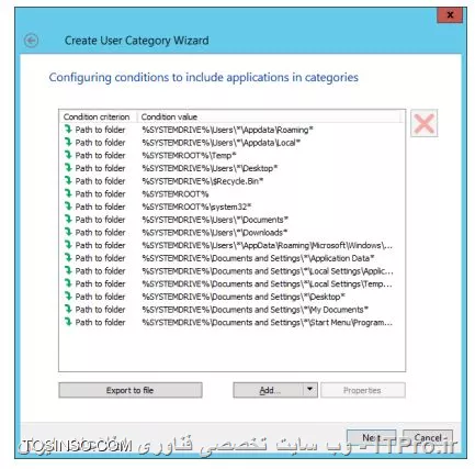 !! مسدودسازی اجرای یک برنامه ناشناس 
* ماشین های DC - Security-Center را روشن کنید 

* ماشین  PC1 را روشن کنید 

- Security-Center 

1- در Administration Console بروید 

2- باز کنید Application categories 

3- کلیک Create a category 

||https://tosinso.com/files/get/33bc6b30-e0bf-40a1-8f00-0d32864ae9ea||

4- روی بالاترین گزینه کلیک کنید 

||https://tosinso.com/files/get/a23db86e-9098-4d93-8bae-9478ce9cd228||

5- نام دسته بندی Protection_Cryptomalware و Next کنید 

||https://tosinso.com/files/get/aba2b412-021e-4b3d-ab8b-b1547107bdc5||

6- فایل Conditions_Protection_Cryptomailware.txt را کپی کنید و آن را باز کنید ( این فایل توسط نویسنده ایجاد شده و هدف فقط آموزش است )

||https://tosinso.com/files/get/68c5f0fd-5d60-4ca8-839c-2a67cc90b8bc||

7- حالا از لیست Add را بزنید 

8- در لیست روی Application folder بروید 

||https://tosinso.com/files/get/f3a41382-acd6-4d39-9b09-35767b6e59f0||

9- حالا به صورت زیر خط زیر را در Conditions_Protection_Cryptomailware.txt کپی کنید 

||https://tosinso.com/files/get/9e1025ce-f10d-423d-8e84-a275440243c9||

10- در مسیر زیر خط را پیست کنید 

||https://tosinso.com/files/get/5509d43d-9a6a-48da-bb1f-6cad62b582a5||

11- در واقع ما مسیر فایل Conditions_Protection_Cryptomailware.txt را شبیه سازی کردیم حالا Next کنید 

||https://tosinso.com/files/get/dfacface-3837-4b63-9166-3e4492815f23||

12- حالا Next را بزنید و در لیست روی KL category کلیک کنید 

||https://tosinso.com/files/get/8cad9a05-7be4-4399-b8b3-9c284af42110||

13- حالا تمامی باکس های KL categories انتخاب کنید و OK را بزنید 

||https://tosinso.com/files/get/a84d6c33-76c0-4043-8826-e7184808efce||

14- روی figuring conditions for exclusion of applications from categories و  Next کنید 

||https://tosinso.com/files/get/9159c9b1-50fc-4ccb-8786-939edc2881b4||

15- روی Finish کلیک کنید 

||https://tosinso.com/files/get/6d444193-2e2a-417a-9224-21ce81a39a19||

- تغییر در پالیسی برای جلوگیری از اجرای فایل توسط کاربران 

1- وارد Workstations و روی تب Policies کلیک کنید 

||https://tosinso.com/files/get/650bdf2e-5bea-4c36-8d08-2b9045254907||

2- حالا پراپرتیس KES 10 SP2 workstation policy را بگیرید 

3- حالا Application Startup Control باز کنید 

||https://tosinso.com/files/get/6e1cccdc-9a94-456e-bb5a-30a903e0825b||

4- کلیک کنید Add

||https://tosinso.com/files/get/f63b9598-8918-4f83-be93-93248dc08905||

5- روی OK کلیک کنید 

6- مجدداً OK را بزنید 

||https://tosinso.com/files/get/ba162616-d646-477f-9ff3-88c773081d39||

7- حالا منتظر باشید تا پالیسی اعمال شود 


نویسنده : سید احمد توسلی
منبع : |جزیره امنیت اطلاعات و ارتباطات وب سایت توسینسو::https://tosinso.com/security|
هرگونه نشر و کپی برداری بدون ذکر منبع و نام نویسنده دارای اشکال اخلاقی است