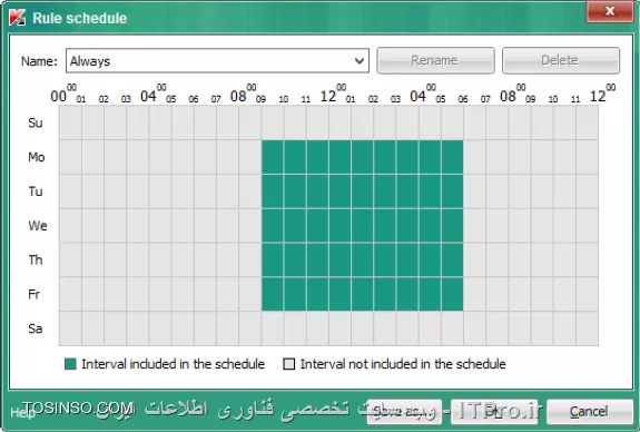 !! تنظیمات  Web Access Control 
در این آزمایش قصد داریم تا حوزه فعالیت کاربران در داخل سازمان را برای دسترسی به شبکه های اجتماعی محدود کنیم 

_ ماشین های DC و Security-Center را روشن کنید 

- ماشین PC1 را روشن کنید 

- مسدود سازی social networks 

ممکن است شما به عنوان مدیر شبکه یک سازمان بخواهید تا دسترسی کاربران به شبکه های اجتماعی در ساعات کاری را محدود کنید 

- Security-Center 

1- باز کنید Administration Console 

2- باز کنید Workstations و روی تب Policies کلیک کنید 

3- انتخاب کنید KES 10 SP2 workstation policy 

4- بخش properties پالیسی را باز کنید 

||https://tosinso.com/files/get/568a6f75-ae55-45ea-8cb2-2cbf8d25d182||

5- حالا روی Web Control سوییچ کنید 

||https://tosinso.com/files/get/91c15806-b16f-476d-a29d-fb280e11edac||

6- روی Add کلیک کنید 

7- در فیلد Name بنویسید Social networks 

8- در Filter content بر روی By content categories کلیک کنید 

||https://tosinso.com/files/get/5219fd23-9ed4-4423-8043-d92728221730||

9- در لیست Content categories زیر بخش Internet communication انتخاب کنید Social networks 

10- انتخاب کنید چک باکس Specify users and / or groups 

11- کلیک کنید روی Select و انتخاب گروه Everyone 

12- در بخش Action انتخاب کنید وضعیت Block 

||https://tosinso.com/files/get/7ea0257e-3da1-4618-b214-ab2f02f0efcb||

13- روی دکمه Settings کلیک کنید 

||https://tosinso.com/files/get/e44d74c9-3b3a-45f7-b92b-7f4e2c73e569||

14- تنظیمات زمانبندی را روی Monday تا Friday از ساعت 9:00am تا 6:00pm و روی OK کلیک کنید 

||https://tosinso.com/files/get/dfbe0985-ff95-4c12-93dc-e4ff4671a399||

15- نام فیلد را Working hours قرار دهید 

||https://tosinso.com/files/get/94892e69-309c-45d7-852f-36112a537cd3||

16- کلیک کنید روی OK 

||https://tosinso.com/files/get/3a9f42be-3c29-49e2-8f30-59d8b3af84ee||

17- و در آخر روی OK کلیک کنید 

||https://tosinso.com/files/get/a7221c26-8aba-49ff-8a96-b051c4f81b84||

18- صبر کنید تا پالیسی اعمال شود 

19- حالا مرورگر Internet Explorer را باز کنید و وارد سایت www.instagram.com شوید 

||https://tosinso.com/files/get/76dc8c78-5295-467a-a659-d36d33b60508||

نویسنده : سید احمد توسلی
منبع : |جزیره امنیت اطلاعات و ارتباطات وب سایت توسینسو::https://tosinso.com/security|
هرگونه نشر و کپی برداری بدون ذکر منبع و نام نویسنده دارای اشکال اخلاقی است