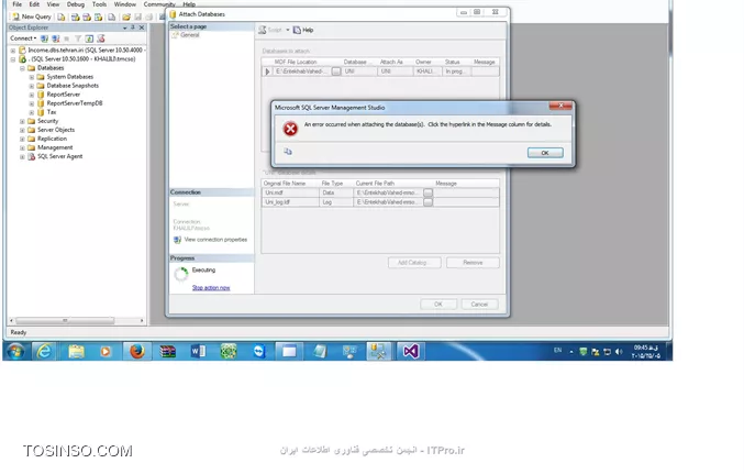 سلام.
من یه پروزه  انتخاب واحد دانلود کردم.فایل دیتا بیش  هست تو زیپ پروژه  ، من برای استفاده باید دیتا بیس رو اتچ کنم تو اس کیو ال.اما این ارور و میدهد. ورژن sql من 2008 هست. یک اسکریپت هم داره.من نمیدونم باید چیکار کنم
||http://tosinso.com/files/get/dfe8c025-0cf8-40d0-ab9b-2ca68be5f624|| 