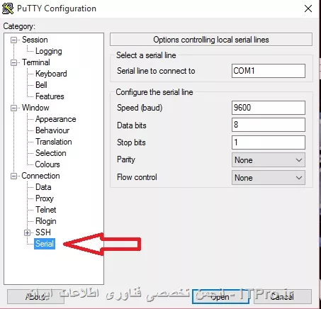 دوست من ابتدا نرم افزار Putty رو دانلود میکنی بعد به قسمت serial میری مثل شکل زیر 
||http://network.tosinso.com/files/get/e07bfe3b-3021-4679-bf16-b3436e0950f2||
بعد تنظیمات رو مثل شکلی که در پست قبل گذاشتم انجام میدی
بعد میری قسمت session و گزینه Serial رو انتخاب میکنی و Open رو میزنی شکل زیر میتونه کمکت کنه
||http://network.tosinso.com/files/get/e90626f6-5110-481e-a8e9-292d12c5bd1f||

این مراحل رو برید و نتیجه رو اعلام کنید
موفق باشی