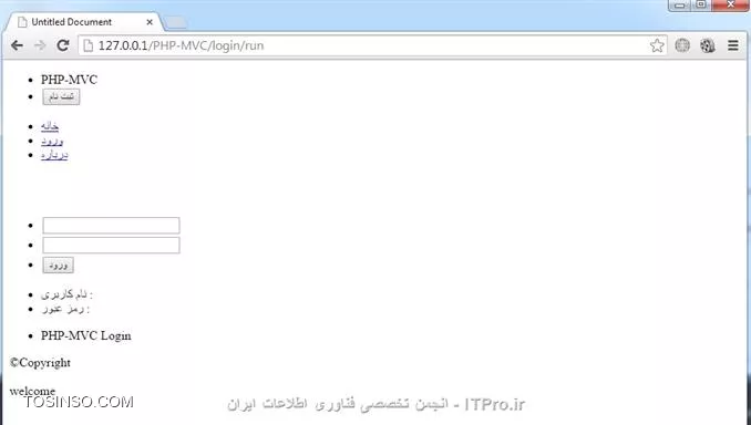 سلام به همه دوستان خوب در ابتدا یه تغییراتی انجام میدیم، میخوایم این کادر بالای صفحه Login توی کل صفحات باشه به عنوان هدر سایت و در ادامه یه قالب واسه لیست منو ها مینویسیم .توی کد Index.php (توی فولدر Login) تگ div با id بنام SingUp داریم که این تگ رو انتقال میدیم به کدهای Header.php .البته به غیر از انتقال تگ ، یکمی هم کد header.php بصورت زیر تغییر میدیم .کد header.php :
<htm>
<!DOCTYPE html PUBLIC -//W3C//DTD XHTML 1.0 Transitional//EN http://www.w3.org/TR/xhtml1/DTD/xhtml1-transitional.dtd>
<html xmlns=http://www.w3.org/1999/xhtml>
<head>
<meta http-equiv=Content-Type content=text/html; charset=utf-8 />

<link rel=stylesheet type=text/css href=CSS/Header.css/>

<title>Untitled Document</title>
</head>

<body>
	
    <div id=Header>
    	<div id=SingUp>
            <ul>
                <li id=title>
                    PHP-MVC
                </li>
                <li>
                    <input type=button id=Btn_SingUp value=ثبت نام name=Btn_SingUp />
                </li>
            </ul>
    	</div>
        
        <div id=MainMenu>
            <ul>
                <li>
                    <a href=Index>خانه</a>
                </li>
                <li>
                    <a href=Login>ورود</a>
                </li>
                <li>
                    <a href=About>درباره</a>
                </li>
            </ul>
        </div>        
    </div>

</body>
</html>
<htm>
خوب حالا یه فایل بنام header.css توی فولدر CSS میسازیم و سپس کدهای CSS مربوط به تگ SingUp رو از فایل Login.css انتقال میدیم به فایل header.css (با کمی تغییرات) .

کد header.css :
<css>
#Header
{
	margin: 0 auto;
	background-color: #6260b6;
}

#SingUp
{
	margin: 0 auto;
	width: 1000px;
	height: 80px;
	background-color: #6260b6;
}

#SingUp ul
{
	list-style: none;
}

#SingUp li
{
	float: left;
	margin-top: 20px;
}

#SingUp #Btn_SingUp
{
	background-color: #168500;
	border: 1px solid #999;
	width: 70px;
	height: 30px;
	color: #FFF;
	font-weight: bold;
	cursor: pointer;
	
	text-shadow: 0px 0px 10px #FFF;
}

#SingUp #title
{
	font-size: 30px;
	font-weight: bold;
	color: #FFF;
	margin-right: 40px; 
	margin-left: 100px;
	
	text-shadow: 0.5px 0.5px 5px #000;
}
<css>

کد Login.css :
<css>
#Login
{
	margin: 0 auto;
	width: 550px;
	height: 200px;
	border: 1px solid;
	border-radius: 5px;
	border-color: #999;
}

#Login #textbox
{
	position: absolute;
	margin: 45px 0 0 170px;	
}

#Login #label
{
	position: absolute;
	margin: 50px 0 0 80px;
}

#Login ul
{
	padding: 0;
	list-style: none;
}

#Login #title
{
	border-bottom: 1px solid #999;
	margin: 0 20px 30px 20px;
}

#Login #title div
{
	color: #4d279c;
	font-weight: bold;
	padding-bottom: 5px;
}

#Login label
{
	color: #615f64;
}

#Login #label li
{
	margin-bottom: 5px;
}

#Login #textbox #txt_Pass
{
	margin-top: 5px;
}

#Login #textbox #btn_Login
{
	margin-top: 12px;
	background-color: #005caa;
	border: 1px solid #000;
	color: #FFF;
	width: 50px;
	height: 27px;
	font-weight: bold;
	margin-left: 3px;
}
<css>

حالا یه خروجی میگیریم :
||https://tosinso.com//files/get/c12e6551-a622-4583-8498-b8102150e264||
||https://tosinso.com//files/get/779059f9-849e-47d2-8e5f-52d9ae879ee5||

خوب الان میایم یه قالب واسه منوها مینویسیم .
کد زیر رو به کدهای header.css اضافه میکنیم :
<css>
#MainMenu
{
	margin: 0 auto;
	width: 1000px;
	background-color: #6260b6;
	border: 1px solid #000;
	height: 40px
}

#MainMenu li
{
	float: right;
	margin: 0 10px;
	border: 1px solid #000;
	text-align: center;
	line-height: 30px;
}

#MainMenu ul
{
	margin: 0 20px 0 0; 
	padding: 0;
	list-style: none;
}
<css>
خروجی رو باهم میبینیم :
||https://tosinso.com//files/get/c7717d97-50bc-4218-a8a9-78eafeda9bfc||

حالا این کدهارو هم اضافه میکینم :
<css>
#MainMenu a
{
	font: Arial, Helvetica, sans-serif;
	font-size: 16px;
	color: #bdbbbb;
	background-color: #3f44a0;
	text-decoration: none;
	display: block;
	width: 80px;
	height: 30px;	
}
<css>
خروجی :
||https://tosinso.com//files/get/463ad652-3d1e-492e-9289-e1c8e7247776||
خوب حالا میخوایم زمانی که کاربر نشانگر موس رو روی منو ها میبره، رنگ پس زمینه منو ها عوض بشه :
این کد رو به header.css اضافه میکینم :
<css>
#MainMenu a:hover
{
	color: #fff;
	background-color: #000676;
	text-shadow: 0px 0px 5px #fff;

     box-shadow: 0 0 20px #9b9b9b;
	-moz-box-shadow: 0 0 20px #9b9b9b;
	-webkit-box-shadow: 0 0 20px #9b9b9b;
	-ms-box-shadow: 0 0 20px #9b9b9b;
	-o-box-shadow: 0 0 20px #9b9b9b;
}
<css>
خروجی :
||https://tosinso.com//files/get/d10618d1-d962-47bd-b62e-03c61fc1872c||
خوب میبینید که با موس روی منو خانه رفتیم و رنگ پس زمینه عوض شد همچنین با استفاده از کد box-shadow یه سایه هم دور دکمه منو ها گذاشتیم ، بخاطر اینکه box-shadow روی browser های مختلف کار کنه در نتیجه به اول این کد moz و webkit و ms و o اضافه میکنیم . (این کد جز کدهای CSS3 هست) ولی خوب این قضیه 100% جواب نمیده یعنی با اینکه به ابتدای کدها ms یا moz اضافه کردیم ولی ممکنه بازم روی بعضی از browser ها کار نکنه .
moz واسه mozila 
webkit واسه google chrome 
ms واسه Internet Explorer
o واسه Opera

حالا میایم کدهایی رو بصورت زیر تغییر میدیم :
<css>
#MainMenu
{
	margin: 0 auto;
	width: 1000px;
	background-color: #6260b6;
	/*border: 1px solid #000;*/
	height: 40px
}

#MainMenu li
{
	float: right;
	margin: 0 10px;
	border: 1px solid #9b9b9b;
	text-align: center;
	line-height: 30px;
}
<css>
خروجی میگیریم :
||https://tosinso.com//files/get/6f0e52b6-49af-4352-8f69-5516128b9056||

خوب توی قسمت قبلی دیدیم که کدمون اشکال داشت و یه هکر راحت میتونست بدون اینکه یوزر و پسورد داشته باشه به سایت نفوذ کنه حالا میایم این باگ رفع میکنیم .
میتونیم از تابعی به نام  mysql__real__escape__string استفاده کنیم ابتدا قبل استفاده از این تابع، کد Login__Model.php بصورت زیر تغییر میدیم ( فقط یه تابع die اضافه میکنیم تا ببینیم مقادیری که وارد میکنیم به چه صورتی میشه )
<php>
             .
             .
             .
$user = $_POST[txt_User];
$pass = md5($_POST[txt_Pass]);
$sql = select * from tlb_UserPass where username='{$user}' and password='{$pass}';
		die($sql);
             .
             .
             .
<php>

خوب الان یه خروجی میگیریم :
||https://tosinso.com//files/get/cdef762c-38a4-45b0-a8ff-2f780d265331||
||https://tosinso.com//files/get/7f83a8f5-a715-43d1-b77a-8a973db1be50||
خوب توی عکس میبینید که با توجه به ورودی ما، برنامه زمانی خروجی برمیگردونه که یا یوزر برابر مقدار alaki باشه یا هم 1 برابر 1 ، پس همیشه نتیجه شرط درست میشه و هکر میتونه به سایت نفوذ کنه و بقیه دستورات بعد از کاراکتر # نیز نادیده گرفته میشه (یعنی بقیه دستورات بصورت کامنت یا توضیحات در نظر گرفته میشه)
حالا میایم یه مقدار کد تغییر میدیم و تابع mysql__real__escape__string اضافه میکنیم .
<php>
                  .
                  .
                  .
//$user = $_POST[txt_User];
//$pass = md5($_POST[txt_Pass]);
$user = mysql_real_escape_string($_POST[txt_User]);
$pass = md5(mysql_real_escape_string($_POST[txt_Pass]));

$sql = select * from tlb_UserPass where username='{$user}' and password='{$pass}';
$result = mysql_query($sql);
                  .
                  .
                  .
<php>
و خروجی میگیریم ببینیم بازم میتونیم به سایت نفوذ کنیم یا نه ؟؟
||https://tosinso.com//files/get/cdef762c-38a4-45b0-a8ff-2f780d265331||
||https://tosinso.com//files/get/5f29e5df-c89e-4817-aaad-d7e74dd5f045||
خوب میبینید که دیگه اجازه نداد به سایت نفوذ کنیم، الان میایم از تابع die استفاده میکنیم ببینیم این تابع mysql__real__escape__string چه بلایی سر ورودی که ما بهش دادیم آورد که دیگه بهمون Welcome نداد (یعنی نتونستیم به سایت نفوذ کنیم)
کد بصورت زیر تغییر میدیم (فقط یه die بهش اضافه میکنیم) :
<php>
             .
             .
             .
//$user = $_POST[txt_User];
//$pass = md5($_POST[txt_Pass]);
$user = mysql_real_escape_string($_POST[txt_User]);
$pass = md5(mysql_real_escape_string($_POST[txt_Pass]));

$sql = select * from tlb_UserPass where username='{$user}' and password='{$pass}';
die($sql);
           .
           .
           .
<php>

خروجی :
||https://tosinso.com//files/get/6db43116-e261-404c-8bcc-86497d2d31b2||
خوب میبینید که کاراکتر های ' (تک کوتیشن) رو با استفاده از کاراکتر \ غیر فعال میکنه .

با این حال که باگ کد گرفتیم ولی بازم شاید یه هکر بتونه به سایت نفوذ کنه ، بهترین راه حل اینکه که از توابع PDO واسه اتصال به بانک اطلاعاتی و اجرای دستورات روی جداول استفاده کنیم اینجوری هم امنیت سایت بالا میره هم اینکه با استفاده از توابع PDO میتونیم به راحتی با تغییر خیلی کوچیک توی کدها، به انواع دیگه ای از بانکهای اطلاعاتی (مثلاً MSSql، SQLite و Oracle و...) متصل بشیم و ازشون استفاده کنیم ولی اگه از توابع PDO استفاده نکنیم زمانی که مثلاً دیگه نمیخوایم توی سایتمون از بانک Mysql استفاده کنیم و ترجیح میدیم از بانک Oracle استفاده کنیم در نتیجه مجبوریم خیلی از کدهایی که نوشتیمو تغییر بدیم که کلی دردسر داره و  وقت زیادی میبره ولی با استفاده از توابع PDO این کار خیلی راحت با تغییر چند خط کد انجام میشه ، پس حالا میایم یه تغییراتی توی کدهامون میدیم که بتونیم از توابع PDO استفاده کنیم .
یه فولدر میسازیم بنام Config و یه فایل بنام database.php توش میسازیم ، حالا این کدهارو توش مینویسیم .
<php>
<?php
define(DB_TYPE, mysql);
define(DB_HOST, localhost);
define(DB_NAME, ITPro);
define(DB_USER, root);
define(DB_PASS, mehdi!1230);
<php>
تابع define یه متغیر میسازه و یه مقدار داخلش میزاره، که میتونیم همه جای سایت به این متغیر دسترسی داشته باشیم و مقدارش هم ثابت هست (یعنی قابل تغییر نیست) .
الان میایم یه فایل دیگه بنام Database.php توی فولدر Libs میسازیم و کدهای زیر توش قرار میدیم (میخوایم یه کلاس بنام Database ایجاد کنیم که از PDO ارث میبره و میتونیم از توابع PDO استفاده کنیم توی سایتمون)
<php>
<?php
class Database extends PDO
{
	function __construct()
	{
		parent::__construct(DB_TYPE.:host=.DB_HOST.;dbname=.DB_NAME, DB_USER, DB_PASS);
	}
}
<php>
ورودی تابع سازنده PDO به ترتیب نوع بانک اطلاعاتی، هاست، نام دیتابیس، یوزر و پسورد هست که با استفاده از متغیرهایی که ساختیم مقدار دهی کردیم .
الان با این خط کد به بانک اطلاعاتی متصل شدیم حالا از این کلاس استفاده میکنیم توی فایل Login_Model.php  .
ابتدا یه کلاس دیگه هم تولید میکنیم و کدهایی که مشترک هستن واسه کار با دیتابیس رو اونجا مینویسیم و سپس بقیه کلاس ها از این کلاس ارث میبرن .
یه فایل بنام Model.php توی فولدر Libs میسازیم و کدهای زیر توش مینویسیم (میخوایم کلاس Model ایجاد کنیم تا بقیه کلاسها که عملیاتی روی دیتابیس انجام میدن از این کلاس ارث ببرن)
<php>
<?php

class Model
{
	function __construct()
	{
		$this->db = new Database();
	}
}
<php>
یه شی از نوع کلاس Database میسازه (و تابع سازنده اش فراخوانی میشه) و مقدار برگشتی رو توی یه متغیر به نام db میریزه که بعداً از این متغیر استفاده میکنیم .
حالا میایم کد Login_Model.php کمی تغییر میدیم بصورت زیر (فقط کاری میکنیم که این کلاس از کلاس Model ارث ببره و تابع سازنده کلاس Model فراخوانی میکنیم)، در ضمن کدهای اتصال به دیتابیس و MYSql غیر فعال میکنیم (یا بهتر که حذفشون بکنیم) چون دیگه این کدهارو توی کلاس Databese نوشتیم و دیگه نیازی بهشون نداریم .
کد Login_Model.php :
<php>
<?php

class Login_Model extends Model
{
	function __construct()
	{
		parent::__construct();
	}
	
	function run()
	{
		/*$link = mysql_connect('localhost', 'root', 'mehdi!1230');
		if (!$link) {
			die('Could not connect: ' . mysql_error());
		}
		$db_selected = mysql_select_db('ITPro', $link);
		if (!$db_selected) {
			die ('Can\'t use user_pass : ' . mysql_error());
		}*/
		
		$user = $_POST[txt_User];
		$pass = $_POST[txt_Pass];
		
		//$user = mysql_real_escape_string($_POST[txt_User]);
		//$pass = md5(mysql_real_escape_string($_POST[txt_Pass]));
		
		//$sql = select * from tlb_UserPass where username='{$user}' and password='{$pass}';
		//$result = mysql_query($sql);
		
		$qurey = $this->db->prepare(select * from tlb_UserPass where 
										username = :userlogin and password = md5(:passlogin));
		
		$qurey->execute(array(:userlogin => $user, :passlogin => $pass));
		
		//die($sql);
		
		$count = $qurey->rowcount();
		
		/*if (!$result) {
			die ('Invalid query : ' . mysql_error());
		}
		if($row = mysql_fetch_row($result))
		{
			echo <br>welcome;
		}
		else
		{
			echo <br>Invalid Username Or Password;
		}
		die();*/
		
		if($count > 0)
		{
			echo <br>welcome;
		}
		else
		{
			echo <br>Invalid Username Or Password;
		}
	}
}
<php>
توضیح کدهای بالا، Query که مینویسیم رو توی تابع prepare قرار میدیم و تابع execute میاد Query که نوشتیمو اجرا میکنه و اگه این Query باید ورودی بگیره توی تابع execute ورودی هارو بصورت آرایه بهش میدیم (که اینجا من ورودی هارو بصورت آرایه به Query دادم) و سپس با تابع rowcount چک میکنیم که اگه بزرگتر از صفر بود یعنی Query با موفقیت اجرا شده و یه رکورد برای ما (به عنوان خروجی) برگردونده ولی اگه کمتر از صفر باشه یعنی نتونست نسبت به شرط و مقداری که به Query دادیم رکوردی برای ما برگردونده .
||https://tosinso.com//files/get/097a2b03-9f31-4553-9319-c376c0a773e4||
||https://tosinso.com//files/get/89b1c566-a9d5-4fcd-8c64-8a477a273417||
خطا میده ، میگه نتونست کلاس Model پیدا کنه ، پس ما باید با دستور require این خطا رو برطرف کنیم، کد زیر رو اضافه میکنیم به فایل Index.php (توی پوشه اصلی سایت)  .
کد Index.php :
<php>
             .
             .
             .
require(libs/view.php);
	
require(libs/Model.php);

require(libs/Bootstrap.php);
             .
             .
             .
<php>
فقط خط دوم به کدها اضافه میکنیم (مابقی خطها توی Index.php هست)
یه بار دیگه که امتحان کنیم به این خطا برخورد میکنیم :
||https://tosinso.com//files/get/7b93b03e-c632-417a-89dc-053407360393||
این سری کلاس Database پیدا نکرد در نتیجه همون کاری که بالا انجام دادیم واسه کلاس Database هم انجام میدیم، کد زیر به Index.php اضافه میکنیم :
<php>
require(Libs/Database.php);
<php>

همین جوری هی خروجی میگیریم تا ببینیم به چه خطاهایی برخورد میکنیم و اونارو رفع کنیم :
||https://tosinso.com//files/get/27493487-3c66-496f-8f84-84a24b7764d8||
این خطا هم میگه که نتونست اون متغیرهایی که با دستور define تعریف کردیمو پیدا کنه پس این خطا رو هم مثل بالا رفعش میکنیم، کد زیر به Index.php اضافه میکنیم :
<php>
require(Config/database.php);
<php>
خروجی میگیریم :
||https://tosinso.com//files/get/5bbc2f64-e4ce-45b4-803b-ce302cff829f||
میبینید که الان جواب داد ، حالا میایم یه تغییرات دیگه هم به کدهای سایتمون میدیم .
در ابتدا کد Bootstrap.php بصورت زیر تغییر میدیم .
<php>
                 .
                 .
                 .
$controller = new $url[0]();
$controller->loadModel($url[0]);

if(!empty($url[1]))
                 .
                 .
                 .
<php>
فقط خط دوم به کدها اضافه میکنیم (مابقی خطها توی Bootstrap.php هست)، یه تابع فراخوانی میکنیم بنام loadModel و مقدار [0]url$ بهش میدیم (در ادامه این تابع توی کلاس Controller تعریف میکنیم)
کد Controller.php بصورت زیر تغییر میدیم :
<php>
<?php

class Controller
{
	function __construct()
	{
		//echo <br>Main Controller<br>;
		
		$this->view = new View();
	}
	
	function loadModel($name)
	{
		$path = models/.$name._model.php;
		
		if(file_exists($path))
		{
			require($path);
			
			$ModelName = $name._model;
			$this->model = new $ModelName();
		}
	}	
}
<php>
تابع loadModel یه ورودی میگیره که این ورودی اولین خانه آرایه url هست (یعنی [0]url$) و این ورودی رو به model.php__ و /models میچسبونه و یه مقدار جدید (که میشه یه فایل بهمراه مسیرش) درست میشه و توی متغیر path$ قرار میگیره و سپس چک میکنه که اگه این فایل با همچین مسیری وجود داشت که یه شی ازش میسازه (که در نتیجه تابع سازندش فراخوانی میشه) و سپس نتیجه رو توی متغیر model میریزه که بعداً توی کلاس Login ازش استفاده میکنیم . (این کد رو واسه این نوشتیم چون در آینده توی فولدر Models یا Controllers کلاس های دیگه ای به غیر از Login__Model یا Login اضافه میکنیم و بخاطر اینکه از تعداد خط های کد اضافی بکاهیم این تابع رو نوشتیم اگه این تابع رو نمی نوشتیم باید توی هر کلاسی که (در آینده) توی فولدر Models یا Controlers تعریف میکنیم چند خط کد بنویسیم (مثلاً همین کدی که توی تابع run از کلاس Login نوشتیم) و اینجوری هم تعداد خط کد بالا میره هم بیشتر پیچیده میشه در نتیجه خطا یابیش مشکل تر میشه) .
خوب طبق چیزایی که در بالا گفتم باید تابع ()run توی کلاس Login بصورت زیر تغییر بدیم :
<php>
function run()
{
	//require(models/Login_Model.php);
	
	//$L_M = new Login_Model();
	//$L_M->run();
	
	$this->model->run();
}
<php>
کدهای قبلی رو غیر فعال کردم و بجاش فقط خط آخر اضافه میکنم . (که پیچیدگی کمتر بشه و خطایابیش سریع تر انجام بگیره)
خوب الان یه خروجی میگیریم :
||https://tosinso.com//files/get/e14ef9a0-04c2-46fe-97b9-4a380c1c6c2a||
میبینید که داره درست جواب میده .

امیدوارم این آموزش هم استفاده لازم برده باشید .

نویسنده : مهدی رزمجویی
منبع : |جزیره طراحی و توسعه وب وب سایت توسینسو::https://tosinso.com/web|
هرگونه نشر و کپی برداری بدون ذکر منبع و نام نویسنده دارای اشکال اخلاقی می باشد