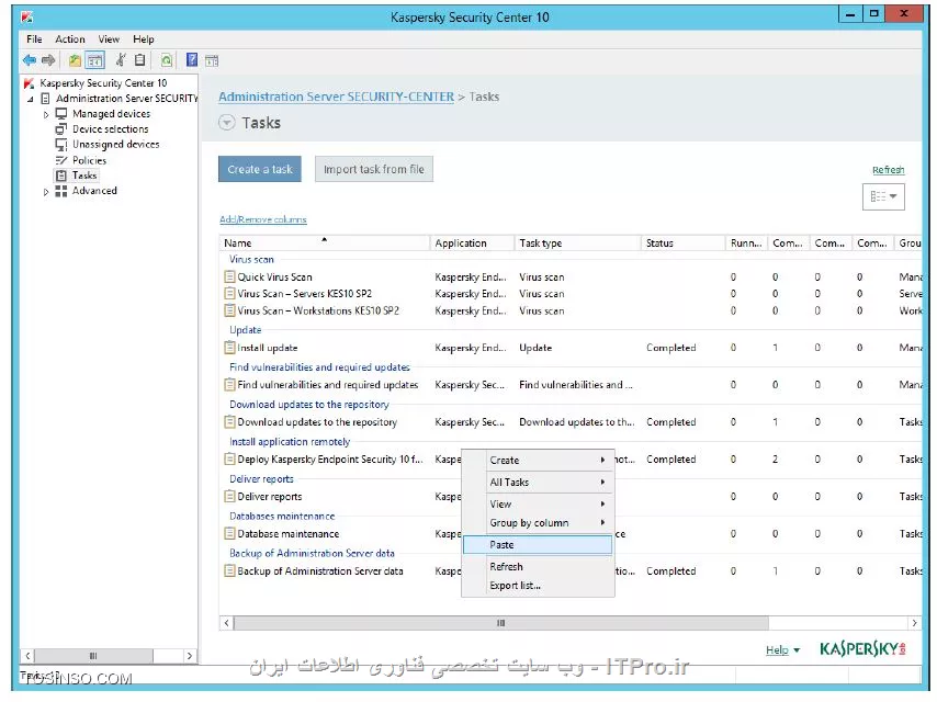 !! اماده سازی تسک ویروس اسکن در یک زمان مشخص 

-Security-Center 

1- باز کردن Managed devices و سوییچ روی Tasks 

2- حالا از تسک Quick Virus Scan یک کپی و شورتکات ایجاد کنید 

||https://tosinso.com/files/get/09d802f3-9f6b-4a3e-8eec-65ae3b709d83||

3- حالا وارد بخش Tasks ها شوید 

4- تسک کپی شده قبلی در مرحله 2 را را در اینجا Paste کنید 

||https://tosinso.com/files/get/e183e075-7716-41d2-b788-21c64ee5dd77||

نویسنده : سید احمد توسلی
منبع : |جزیره امنیت اطلاعات و ارتباطات وب سایت توسینسو::https://tosinso.com/security|
هرگونه نشر و کپی برداری بدون ذکر منبع و نام نویسنده دارای اشکال اخلاقی است