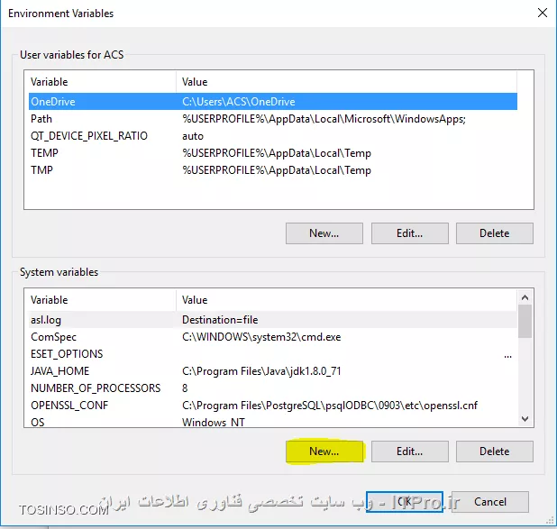 درود بر شما
برای رفع این مشکل ابتدا باید تنظظیماتی را در سیستم خود ایجاد بفرمایید
اگر از ویندوز 8 و یا بالاتر استفاده میکنید
ابتدا کلیدهای ویندوز و ایکس را هم زمان فشار دهید و سپس کلید وای را فشار دهید
حالا باید پنجره سیستم باز شده باشد مانند عکس اول
||عکس اول::https://programming.tosinso.com/files/get/4d5e9413-c9fb-4c95-add7-1918a3f9cde5||
با کلیک بر روی گذینه Advanced System seting پنجره جدیدی برای شما باز میشود مانند عکس زیر
||https://programming.tosinso.com/files/get/35cbad9b-fc79-4507-aede-9bf399616f33||
از پنجره جدید گدینه Environment Variables... را انتخاب کرده و بر روی آن کلیک کنید
در پنجره جدید گذینه new را انتخاب کنید
||https://programming.tosinso.com/files/get/e1b6a0c5-dc4e-427a-a102-1120b6e81147||
پنجره آخر مربوط به آدرس دهی و ایجاد JAVA_HOME میباشد
||https://programming.tosinso.com/files/get/c3621561-de8e-415e-a4e3-aa827fc416ea||
در تکست فیلد اول  (JAVA_HOME (Variable name را عینن با حروف بزرگ قرار دهید و در تکست فیلد دوم 
(Variable Value) هم آدرس jdk که قبلا نصب کرده اید را قرار دهید
مرحله آخر کلید Ok را کلیک کنید و پنجره بسته میشود، باقی پنجره های باز شده را هم با کلیک بر روی ok ببندید، پنجره سیستم را هم بسته و سیستم را رریست کنید
برای اطمینان از صحت عملیات و اینکه سیستم ورژن جاوای شما را میشناسد، پس از بارگذاری دوباره ویندوز به قسمت کامند پرامت (cmd) بروید و دستور java -version را تایپ نمایید در پاسخ باید ورژن نصب شده جاوا برای شما نمایش داده شود
موفق باشید