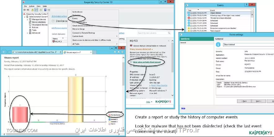 !! انتخاب رویدادهای مورد نیاز 
شما به عنوان یک مدیر شبکه لازم است تا هر کدام از پیام هایی که کسپرسکی سرور دریافت می کند را چک کنید در اینجا تعدادی از پیام های و رخداد های مهم را بررسی می کنیم :

- Active threat detected Advanced Disinfection should be started : هنگامی یک برنامه خرابکارانه جلوی اجرای برنامه ها را می گیرد اما کسپرسکی Endpoint نمی تواند آن را شناسایی کند کاربر یا مدیر شبکه باید یک دیواره دفاعی پیشرفته را ایجاد کند 

- Malicious object detected (KSN) : یک بدافزار هنگامی که شناسایی می شود درخواستی به KSN ارسال می شود مبنی بر امضای دیجیتالی آن بدافزار همراه با اخرین بروزرسانی ، مدیر شبکه باید به دقت این بخش را مانیتور کند تا اتفاقی برای شبکه نیفتد . 

- Previously opened phishing link detected : اطلاعات که لینک های فیشینگ دارند قبل از آنکه کاربر آنها را باز کند سریعاً مسدود می شوند 

- Process terminated : باج افزار ها هنگامی که در یک کامپیوتر شروع به کار می کنند ممکن است با فعال بودن Endpoint نیز صدمه وارد کنند 

- Network attack detected : حملات محلی در شبکه را نشان می دهد 

- Application Privilege Control rule triggered : اگر شما بخش Application Privilege Control را تنظیم کرده باشید ( در مباحث قبلی درباره این ابزار بحث شده است ) بر روی اسناد متنی که باج افزار ها می توانند از طریق آنها وارد کامپیوتر شوند حفاظت خواهد شد حتی زمانی که شما اسناد متنی را ویرایش و یا تغییر می دهید .  

هر بخش پالیسی مانند Kaspersky Endpoint Security Policy دارای بخشی به نام Event notification است که آخرین رویداد ها را در بخش Info آرشیو می کند و بخشی هم به نام Critical events که ارشیوی از اخرین رویداد های تهدید آمیز و مخرب است 

بعضی از رویداد ها که شامل طلاعات مهمی هستند شامل بیش از چندین نوع رویداد و گزارش هستند نظیر رویداد Threats have been detected که شامل اطلاعاتی درباره یک ویروس انتشار یافته و ده ها و صد ها فراخوان و رویداد دیگر است . 

شما می توانید تعداد رویداد ها را محدود کنید برای تنظیم می توانید به بخش Administration Server رفته و وارد پراپرتیس شده و گزینه Notification delivery settings را انتخاب کنید و روی لینک Configure numeric notification limit کلیک کنید . 

- برخورد با باج افزار ها ( Malware ) 

یکی از بحث های عمده امنیت با کسپرسکی سرور 10 بر روی تهدیدات باج افزار ها متمرکز بود ، باج افزار ها از جمله تهدیداتی هستند که با کدگذاری های بسیار پیچیده مشکلات زیادی را برای کاربران و شبکه شما ایجاد می کنند در اینجا طرحی که KES برای حذف باج افزار استفاده می کند را بررسی می کنیم :

- قابلیت حذف و مسدود سازی و پاکسازی مقدور است 

- تمامی ردپای به جا مانده از ویروس حذف و یا مسدود می شود 

- اگر کامپیوتری آلوده شده باشد ان را ایزوله می کند 

- ارتباط با Endpoint کسپرسکی را مدام چک می کند 

- کامپیوتر ها کامل اسکن می شوند 

چنانچه راهکار های بالا قادر به جلوگیری از باج افزار نباشند ، بازیابی کامپیوتر از یک ایمیج پیشنهاد می شود 

||https://tosinso.com/files/get/07c202d6-ae52-483c-b974-3b62a1942b72||

همچنین برای شناسایی کامپیوتر کلاینت هایی که به باج افزار آلوده شده اند می توان از بخش پراپرتیس نود Managed devices بر روی Device status کلیک کنید و با انتخاب چک باکس Many viruses detected وضعیت آنها را مشاهده کنید در ایجا وضعیت Warning با رنگ زرد مشخص شده است همچنین وضعیت Critical به رنگ قرمز مشخص شده و با انتخاب چک باکس Set status to Warning if تنظیمات اعمال می شود . 

||https://tosinso.com/files/get/ea5ae0c9-9998-4d27-902d-1db63f91b6f9||

در بخش monitoring در نود Administration Server می توان بخش عمده ای از اطلاعات حفاظتی را مشاهده کرد این اطلاعات را می توان در بخش های There are unprocessed objects یا در Many viruses detected با جزییات بیشتری چک کرد . 

در بخش Protection settings می توانید وضعیت تهدیدات را مشاهده کنید همچنین می توانید لیست کلاینت هایی که از وضعیت حفاظت خارج شده اند با protection is off و there are unprocessed objects چک کنید . 

||https://tosinso.com/files/get/e1e05898-9b0b-4e4c-be7f-146c2ee34011||

نکته : چنانچه می خواهید لیستی از ویروس های شناسایی شده در کامپیوتری را مشاهده کنید کافیست از آن پراپرتیس گرفته و وارد بخش Protection و روی لینک View report on viruses کلیک کنید 

||https://tosinso.com/files/get/d48aed99-c3b6-4f70-8399-52644ab0f654||

- اسکن ناحیه آلوده 

با استفاده از تسک Critical Areas Scan می توانید کامپیوتر های زیادی را اسکن و از وجود ویروس ها پاکسازی کنید :

1- بر روی کامپیوتر مورد نظر پراپرتیس بروید 

2- بر روی Tasks کلیک کنید 

3- حالا پیدا کنید تسک Critical Area Scan و ان را اجرا کنید 

این تسک یک تسک محلی است و همراه با Kaspersky Endpoint Security نصب می شود . چنانچه بخواهید اسکن گروهی بر روی کلاینت ها اجرا کنید باید از گزینه Quick Virus Scan استفاده کنید . وارد بخش Tasks شده و حالا تسک Quick Virus Scan را ایجاد کنید ، اگر قصد دارید تا این تسک بر روی یک تعداد خاص انجام شود بر روی کامپیوتر های مورد نظر راست کلیک کنید و از گزینه All Task وارد Run a task شوید . 

تسک دیگری به نام Perform Task می تواند تمامی کامپیوتر های بخش Selection را اسکن کند 

||https://tosinso.com/files/get/31350333-b2a7-448e-8360-b05b3c390433||

نویسنده : سید احمد توسلی
منبع : |جزیره امنیت اطلاعات و ارتباطات وب سایت توسینسو::https://tosinso.com/security|
هرگونه نشر و کپی برداری بدون ذکر منبع و نام نویسنده دارای اشکال اخلاقی است
