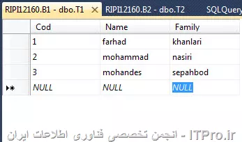 سلام و درورد کد شما اشتباه هست چون دارید Sum که یه عملیات aggregate هست رو بدون استفاده از Group By در قسمت Select به کار میبری.
کدتون رو تغییر بدید به حالت زیر ضمناً تو کد خودت قبل از عدد 14 که نوشتی اسم جدول که T1 باشه رو اوردی اما فیلدش رو که cod هست ننوشتی.
<sql>
 Select B1.[dbo].T1.Name ,B1.[dbo].T1.Family , SUM(B2.[dbo].T2.Number) from B1.[dbo].T1 , B2.[dbo].T2 
		 where B1.[dbo].T1.Cod = B2.[dbo].T2.Code and B1.[dbo].T1.Cod='3'group by  B1.[dbo].T1.Name ,B1.[dbo].T1.Family
<sql>

جدول T1:

||http://dba.tosinso.com/files/get/e2bfa70a-686e-42c5-8a7f-96f4e9dbd17d||

جدول T2:

||http://dba.tosinso.com/files/get/ceac3030-0270-4efd-9bdc-5fb76d9cecb0||

خروجی و جواب نهایی:

||http://dba.tosinso.com/files/get/2b53b798-14a8-411f-a0a6-41ad44c02b98||

موفق باشید