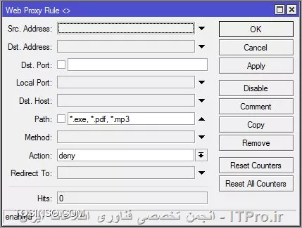 سلام . شما از چند طریق میتوانید این عمل را انجام دهید 

الف ) استفاده از webproxy
1- ابتدا وارد بخش ip--->firewall---->Nat شده و مانند تصویر زیر یک رول dst-nat  ایجاد کنید :
||http://network.tosinso.com/files/get/00308f41-d0ab-42c3-b4d4-11ea32e7b21e||

||http://network.tosinso.com/files/get/6fa7ef3d-f70f-40d2-b8f6-d703adc2d4c6||

2- وارد بخش ip--->webproxy شده و از تب General ؛enable را انتخاب کرده و مراحل را انجام دهید :

||http://network.tosinso.com/files/get/779a8040-426e-49ec-9e68-91183b835de7||

با توجه به تصویر سوم ، اگر کاربران در شبکه سایت network.tosinso.com را در مرورگر اجرا کنند بصورت خودکار به سایت google.com هدایت خواهند شد ... اگر که میخواهید به طور مستقیم سایت مسدود گردد ؛مانند تصویر زیر عمل نمائید :

||http://network.tosinso.com/files/get/666a7f57-0667-43ef-b741-89fb56a8495b||

3- اگر که میخواهید جلوی دانلود فایلهای خاص مانند mp3 ، exe و غیره را از  کاربران بگیرید مانند تصویر زیر عمل کنید :

||http://network.tosinso.com/files/get/e2d1f609-8ce1-4e05-aa9c-d050f3ca273f||

4- اگر که میخواهید جلوی پورت خاصی را بگیرید کافیست پورت برنامه مربوطه را در باکس dst port اضافه کنید ...

||http://network.tosinso.com/files/get/1c9d12b3-2220-496f-886e-aa8d47f8e81c||


ب ) استفاده از رول اختصاصی در Firewall : 
وارد بخش ip--->firewall--->Filter Rules  شده و یک رول جدید ایجاد کنید :

1-
||http://network.tosinso.com/files/get/58292a2b-1815-4b42-8cd0-cd9538d0ddc0||
2-
||http://network.tosinso.com/files/get/95a8ea4b-b143-446a-853d-836347042ea5||
3- 
||http://network.tosinso.com/files/get/68d627e9-45a6-4dcb-87f7-3d34ccb8ab60||
4- 
||http://network.tosinso.com/files/get/631e9ff9-742f-471e-89f3-737f40bb6ff6||

توضییحات : بطور کلی تصاویر بالا  نشان میدهد که سایت youtube.com را برای همه کاربران شبکه 192.168.0.0/24 ، بر روی پورتهای 80 و 443 ، به جز کاربرانی که در address list با نام weballow  ای پی آنها تعریف شده است با action از نوع Drop مسدود کند.

حالا شما میتوانید همین موضوع را با سایتهای مختلف و پورتهای برنامه مختلف تعمیم دهید ....
