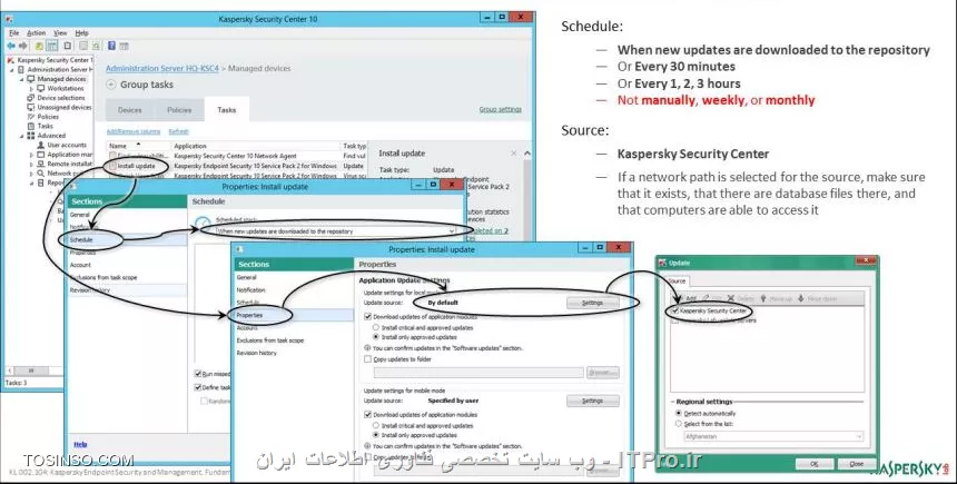 !! حفاظت راه دور از یک کامپیوتر 

||https://tosinso.com/files/get/cabbd1c6-5f96-4125-98a0-8b36551fe575||

چنانچه وضعیت Kaspersky Anti-Virus is not running باشد ، برای حل این مشکل در بخش Application در پراپرتیس کامپیوتر مورد نظر وارد شوید ، همچنین وارد تب Tasks شوید و کامپوننت های جداگانه را بررسی کنید که غیر فعال هستند یا خیر ، یکی دیگر از روش های بررسی شروع به کار Endpoint کسپرسکی ورود به تسک Start or stop application است که در هر گروه از پالیسی های ایجاد شده وجود دارد . همچنین در تسک گروه یک رویدادی به نام Virus outbreak وجود دارد که هنگامی که کامپیوتر ها در شبکه شروع به کار می کنند فعال می شود 

||https://tosinso.com/files/get/e501f43f-eda3-4870-b48c-315dcfe288f1||

- عدم سرویس دهی کسپرسکی سرور 

اگر حفاظت از کلاینت ها و سرور ها کارایی خود را از دست بدهد ، وضعیت بدی اتفاق خواهد افتاد  . از جمله مواردی که می توان بررسی کرد :

- ساخت تسک بروزرسانی برای کلاینت ها که پیش فرض ساخته شده است 

- زمانبندی برای تسک ها ، مدیر شبکه می تواند برای اجرای تسک ها زمانبندی هایی ترتیب دهد ، گزینه ای هم برای اینکه تسکی در زمان تعریف شده امکان کار کردن را نداشت مجدداً شروع به کار کند 

- مبدا تسک ، در شبکه می توانید کسپرسکی سرور را با تسک خاصی بهینه سازی کرد 

- تسک  Download update to the repository  برای Administration Server فعال باشد ، به صورت پیش فرص فعال است و ممکن است تصادفی حذف شده باشد 

- از کار افتادن دیتابیس 

اهمیت صفحه Monitoring را نادیده نگیرید گزینه مهمی برای بررسی تمامی عیب ها و عملکرد های نادرست کسپرسکی سرور و ابزار های آن است :

||احمد توسلی کسپرسکی سرور ده ::https://tosinso.com/files/get/c0591161-3b60-4470-a1e7-230f714ef744||

چنانچه با غیر فعال شدن دیتابیس کسپرسکی سرور 10 مواجه شدید شما اولین کاری که باید انجام دهید بررسی فعال بودن تسک Download updates to the repository است تا اخرین بروزرسانی های سرور را دریافت کند . چنانچه مشکل با بروزرسانی حل نشد می توانید از بخش بروزرسانی  Go to Kaspersky Lab softwareدر بخش Update در صفحه Monitoring وارد شوید و در بخش Advanced / Repositories / Kaspersky Lab software updates and patches اقدام به بروزرسانی برنامه کسپرسکی سرور کنید . 

||اموزش کسپرسکی سرور 10 ::https://tosinso.com/files/get/0c5686fc-599f-4351-b87a-4115519ab0cd||

- بروزرسانی Administration Server 

هنگامی که کسپرسکی سرور 10 بروزرسانی ها را دریافت می کند آنها را برای کلاینت ها ارسال می کند ، همچنین شما به عنوان یک مدیر شبکه باید بررسی کنید که آیا کامپیوتر هایی که در تب Managed computers هستند بروزرسانی می شوند !!! همچنین شما می توانید با طی کردن ویزارد Quick Start تسک Install update را ایجاد کنید . 

نکته : شما نمی توانید همزمان تسک های مشابه را در گروه ها و زیر گروه ها اجرا کنید ، همچنین اگر در شبکه کامپیوتر هایی دارید که مثلاً محصولات اپل هستند باید تسک های جداگانه ای را ایجاد کنید 

||کسپرسکی سرور پارسی کامل ::https://tosinso.com/files/get/c7e7b101-b843-46da-b42b-10746b4cc635||

- بروزرسانی Endpoint کسپرسکی 

به طور کلی بروزرسانی Endpoint کسپرسکی سرور با تسکی به نام When new are download to the repository انجام می شود ، بروزرسانی کلاینت ها با پورت UDP - 15000 صورت می گیرد این پورت را Agent کسپرسکی بررسی می کند سپس به سمت Endpoint آن را ارسال می کند . 

از منابعی که بروزرسانی کلاینت ها انجام می شود :

- Kaspersky Lab update servers : یکی از پارامتر های پیشنهادی برای وقتی که کلاینت ها از سرویس دهی کسپرسکی سرور خارج می شوند است 

- Local - Network update folder : یک ادرس HTTP یا FTP آدرس است ، که شما می توانید آن با تعریف یک پوشه در شبکه ایجاد کنید .

||https://tosinso.com/files/get/e3214731-8c83-4970-86c5-5f3ddfbfd099||

- بروزرسانی کسپرسکی سرور 

یکی از مهمترین تسک های بروزرسانی Administration Server تسک Download updates to the repository است که به صورت خودکار می توانید در بخش Task ها با یک ویزارد آن را ایجاد کنید . 


- Kaspersky Lab update servers : سرور هایی که با HTTP و FTP کار می کنند لیست شده اند ، این سرور ها در بخش هاش مختلف جهان قرار گرفته اند و کمک می کنند که پروسه بروزرسانی خیلی سریع انجام شود . 

- Master Administration Server : برای زمانی استفاده می شود که چندین کسپرسکی سرور در شبکه داشته باشید ( این مبحث در دوره KL 302.10 هست و موضوع بحث ما نیست )

- Local  یا Network folder : این منبع بروزرسانی را مدیر شبکه ایجاد می کند بر اساس یک پوشه در شبکه و با پروتکل های FTP و HTTP کار می کند .

||اموزش کسپرسکی سرور 10 احمد توسلی ::https://tosinso.com/files/get/a13fd4c1-7f22-4765-8540-a29c62fbf5fb||

نویسنده : سید احمد توسلی
منبع : |جزیره امنیت اطلاعات و ارتباطات وب سایت توسینسو::https://tosinso.com/security|
هرگونه نشر و کپی برداری بدون ذکر منبع و نام نویسنده دارای اشکال اخلاقی است