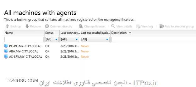 بعد از نصب و راه اندازی Acronis backup advanced و تعین جائی برای ذخیر سازی اطلاعات قدم بعدی Deploy کردن Agent بر روی Client/Serverها می باشد.
! قبل از شروع چند نکته را بخاطر بسپارید :
--
* گاهی وقتا UAC باعث عدم نصب Componentها از راه دور می شود. برای غلبه بر این مشکل بصورت موقت UAC را غیرفعال کنید.
* برای نصب Acronis Agent بر روی remote computer باید پورت 445 و 9876 و 25001  بر روی Firewall باز باشد. با فعال کردن  File and Printer Sharing پورت 445 بصورت اتومات بر روی Firewall باز می شود.
* قابلیت Use simple file sharing باید بر روی Windows XP and Windows server 2003 غیرفعال باشد.
* می توانید با استفاده از Group Policy پورت 25001 را بر روی همه firewallهای Client/Serverها بصورت exceptions باز کنید. از مسیر زیر استفاده کنید:
<ltr>
Administrative Templates -> Network -> Network Connections -> Windows Firewall -> Domain Profile -> Windows Firewall: Define inbound port exceptions
<ltr>
و پارامتر آن را بصورت زیر اضاف کنید:
<c#>
25001:tcp:*:enabled:Acronis remote install
9876:tcp:*:enabled:Acronis remote install
<c#>
||http://tosinso.com/files/get/9395539a-18ce-451e-8d6e-95f968a3ede9||
بعد از آماده سازی مراحل اولیه می توانید دست بکار شوید
بوسیله Console Management به Management Server وصل شوید و از منوی :
||http://tosinso.com/files/get/d83b2fd8-f3ae-4be7-8eb2-774ec24d817e||
گذینه بالا را انتخاب کنید
||http://tosinso.com/files/get/159ea00e-21ea-4fcb-9a4f-b8f0d6eda9d0||
گذینه های آن آسان می باشد و نیازی به تعریف نیست. طبق معمول من گذینه From Active Directory را کلیک و کامپیوترهای که می خواهم را اضافه می کنم.
||http://tosinso.com/files/get/83e053ce-9e54-49a7-b09e-c395f1d8e8fa||
نکته : برای اضافه کردن این دو باید اکانتی را انتخاب کنید که مجوز مدیریتی بر روی کامپیوترهای بالا را داشته باشد.
||http://tosinso.com/files/get/2793a366-9698-4469-a0a6-90da135a3b3a||
اینجا میگه چه Componentی می خواهید بر روی این کامپیوترها نصب کنید؟؟؟ که ما فقطagent for Windows  را انتخاب و Next
||http://tosinso.com/files/get/62d1e975-7361-4d69-8da7-1376c99537d1||
اینجا میگه باید یک License Server معرفی کنید. من همه این Componentها را بصورت آزمایشی نصب می کنم.
||http://tosinso.com/files/get/de768cbb-750e-48a1-955a-97b4640c7723||
همان بحث تکراری Machine account service می باشد که من یک User از پیش تعریف شده برای اینکار در نظر گرفتم. 
Next, next and Proceed
بعد از اتمام نصب باید کامپیوترها را به Management Server اضاف کنید (قائدتا بعد از نصب باید بصورت اتومات به سرور add بشن ولی این برنامه اینطوریه)
از منوی 
||http://tosinso.com/files/get/92696a1c-a71f-4625-b9da-45645f99157f||
را انتخاب و کامپیوترهای قبلی را دوباره انتخاب 
||http://tosinso.com/files/get/cc13c372-5966-4e98-8402-08380552ee2e||
||http://tosinso.com/files/get/e3a68b06-01a9-4f67-908c-132af5d04af6||
در انتهای این آموزش به این نکته هم اشاره کنم. وقتی شما قابلیت  Management Web-baseرا بر روی Management Server نصب و کانفیگ کرده باشید می توانید از هر جای شبکه با وارد کردن ادرس Management Server و پورت آن به Management Web-base وصل و Component مناسب را بر روی آن Client/Server نصب کنید:
||http://tosinso.com/files/get/e18940a6-08e6-4761-b6aa-97fbf1d0145e||
--
موفق و پیروز باشید 

نویسنده: احمد جهلولی 
منبع: |جزیره راهکارهای ذخیره سازی اطلاعات وب سایت توسینسو ::https://tosinso.com/virtualization|
نشر و کپی برداری، صرفاً با ذکر نام نویسنده و منبع مجاز می باشد. 
