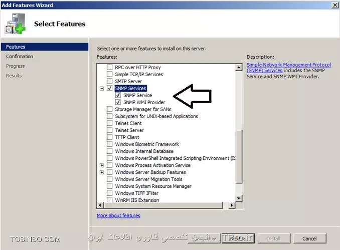 تصویر دوم انتخاب SNMP Services  و SNMP WMI Provider در کنسول Server Manager
