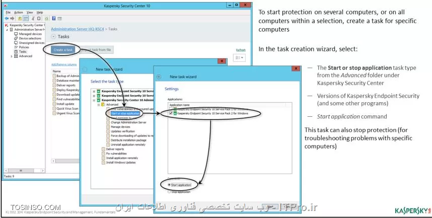 !! حفاظت راه دور از یک کامپیوتر 

||https://tosinso.com/files/get/cabbd1c6-5f96-4125-98a0-8b36551fe575||

چنانچه وضعیت Kaspersky Anti-Virus is not running باشد ، برای حل این مشکل در بخش Application در پراپرتیس کامپیوتر مورد نظر وارد شوید ، همچنین وارد تب Tasks شوید و کامپوننت های جداگانه را بررسی کنید که غیر فعال هستند یا خیر ، یکی دیگر از روش های بررسی شروع به کار Endpoint کسپرسکی ورود به تسک Start or stop application است که در هر گروه از پالیسی های ایجاد شده وجود دارد . همچنین در تسک گروه یک رویدادی به نام Virus outbreak وجود دارد که هنگامی که کامپیوتر ها در شبکه شروع به کار می کنند فعال می شود 

||https://tosinso.com/files/get/e501f43f-eda3-4870-b48c-315dcfe288f1||

- عدم سرویس دهی کسپرسکی سرور 

اگر حفاظت از کلاینت ها و سرور ها کارایی خود را از دست بدهد ، وضعیت بدی اتفاق خواهد افتاد  . از جمله مواردی که می توان بررسی کرد :

- ساخت تسک بروزرسانی برای کلاینت ها که پیش فرض ساخته شده است 

- زمانبندی برای تسک ها ، مدیر شبکه می تواند برای اجرای تسک ها زمانبندی هایی ترتیب دهد ، گزینه ای هم برای اینکه تسکی در زمان تعریف شده امکان کار کردن را نداشت مجدداً شروع به کار کند 

- مبدا تسک ، در شبکه می توانید کسپرسکی سرور را با تسک خاصی بهینه سازی کرد 

- تسک  Download update to the repository  برای Administration Server فعال باشد ، به صورت پیش فرص فعال است و ممکن است تصادفی حذف شده باشد 

- از کار افتادن دیتابیس 

اهمیت صفحه Monitoring را نادیده نگیرید گزینه مهمی برای بررسی تمامی عیب ها و عملکرد های نادرست کسپرسکی سرور و ابزار های آن است :

||احمد توسلی کسپرسکی سرور ده ::https://tosinso.com/files/get/c0591161-3b60-4470-a1e7-230f714ef744||

چنانچه با غیر فعال شدن دیتابیس کسپرسکی سرور 10 مواجه شدید شما اولین کاری که باید انجام دهید بررسی فعال بودن تسک Download updates to the repository است تا اخرین بروزرسانی های سرور را دریافت کند . چنانچه مشکل با بروزرسانی حل نشد می توانید از بخش بروزرسانی  Go to Kaspersky Lab softwareدر بخش Update در صفحه Monitoring وارد شوید و در بخش Advanced / Repositories / Kaspersky Lab software updates and patches اقدام به بروزرسانی برنامه کسپرسکی سرور کنید . 

||اموزش کسپرسکی سرور 10 ::https://tosinso.com/files/get/0c5686fc-599f-4351-b87a-4115519ab0cd||

- بروزرسانی Administration Server 

هنگامی که کسپرسکی سرور 10 بروزرسانی ها را دریافت می کند آنها را برای کلاینت ها ارسال می کند ، همچنین شما به عنوان یک مدیر شبکه باید بررسی کنید که آیا کامپیوتر هایی که در تب Managed computers هستند بروزرسانی می شوند !!! همچنین شما می توانید با طی کردن ویزارد Quick Start تسک Install update را ایجاد کنید . 

نکته : شما نمی توانید همزمان تسک های مشابه را در گروه ها و زیر گروه ها اجرا کنید ، همچنین اگر در شبکه کامپیوتر هایی دارید که مثلاً محصولات اپل هستند باید تسک های جداگانه ای را ایجاد کنید 

||کسپرسکی سرور پارسی کامل ::https://tosinso.com/files/get/c7e7b101-b843-46da-b42b-10746b4cc635||

- بروزرسانی Endpoint کسپرسکی 

به طور کلی بروزرسانی Endpoint کسپرسکی سرور با تسکی به نام When new are download to the repository انجام می شود ، بروزرسانی کلاینت ها با پورت UDP - 15000 صورت می گیرد این پورت را Agent کسپرسکی بررسی می کند سپس به سمت Endpoint آن را ارسال می کند . 

از منابعی که بروزرسانی کلاینت ها انجام می شود :

- Kaspersky Lab update servers : یکی از پارامتر های پیشنهادی برای وقتی که کلاینت ها از سرویس دهی کسپرسکی سرور خارج می شوند است 

- Local - Network update folder : یک ادرس HTTP یا FTP آدرس است ، که شما می توانید آن با تعریف یک پوشه در شبکه ایجاد کنید .

||https://tosinso.com/files/get/e3214731-8c83-4970-86c5-5f3ddfbfd099||

- بروزرسانی کسپرسکی سرور 

یکی از مهمترین تسک های بروزرسانی Administration Server تسک Download updates to the repository است که به صورت خودکار می توانید در بخش Task ها با یک ویزارد آن را ایجاد کنید . 


- Kaspersky Lab update servers : سرور هایی که با HTTP و FTP کار می کنند لیست شده اند ، این سرور ها در بخش هاش مختلف جهان قرار گرفته اند و کمک می کنند که پروسه بروزرسانی خیلی سریع انجام شود . 

- Master Administration Server : برای زمانی استفاده می شود که چندین کسپرسکی سرور در شبکه داشته باشید ( این مبحث در دوره KL 302.10 هست و موضوع بحث ما نیست )

- Local  یا Network folder : این منبع بروزرسانی را مدیر شبکه ایجاد می کند بر اساس یک پوشه در شبکه و با پروتکل های FTP و HTTP کار می کند .

||اموزش کسپرسکی سرور 10 احمد توسلی ::https://tosinso.com/files/get/a13fd4c1-7f22-4765-8540-a29c62fbf5fb||

نویسنده : سید احمد توسلی
منبع : |جزیره امنیت اطلاعات و ارتباطات وب سایت توسینسو::https://tosinso.com/security|
هرگونه نشر و کپی برداری بدون ذکر منبع و نام نویسنده دارای اشکال اخلاقی است