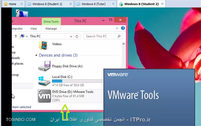 در این آموزش قصد دارم نحوه راه اندازی و استفاده از نرم افزار Net Support School رو بر روی VMware به صورت شماتیک توضیح بدم گرچه این روش در عمل کاربردی نداره ولی یک روش تمرینی خوب برای یاد گرفتن این نرم افزار کاربردی است. قسمت اول این اموزش مربوط به راه اندازی ماشین مجازی هست (اگر اشنایی دارید به بخش دوم مراجعه کنید) و بخش دوم استفاده از نرم افزار Net Support  ، در این مطلب آموزشی بر اساس یک سناریو نصب و راه اندازی VMWare و اتصال آنها به اینترنت و ایجاد یک شبکه داخلی و سپس راه اندازی نرم افزار کاربردی Net Support بر روی 3 ماشین VMWare که یکی از آنها به عنوان دستگاه معلم (Tutor) و 2 دستگاه دیگر به عنوان دانشجو (Student) شبیه سازی میشود.بر طبق این سناریو به ترتیب زیر 3 ماشین VMWare ایجاد میشود.
قدم اول : ایجاد یک ماشین مجازی جدید به ترتیب زیر:
||http://tosinso.com/files/get/c422d8d5-5359-4b5d-90c2-fcb1334963ef||
قدم دوم : یکی از دو حالت Typical یا Custom را انتخاب کرده و Next را میزنیم.
||http://tosinso.com/files/get/823e8f27-f990-4c0b-aecc-6d8c7c62d77e||
قدم سوم : در این مرحله میتوانیم محل فایل ایزوی ویندوز 8 را مشخص کرده و یا ان را به بعد موکول کنیم.
||http://tosinso.com/files/get/e76fa852-0add-402d-bf8f-fbc98eacfa0f||
قدم چهارم : در این مرحله نوع سیستم عامل و ورژن محصول را انتخاب میکنیم.
||http://tosinso.com/files/get/cf51fbad-5deb-4a73-a59a-382aec627b84||
قدم پنجم : نام ماشین مجازی را مشخص میکنیم.
||http://tosinso.com/files/get/3e1aa1aa-a0ca-4a3f-a1b6-4395d6e32c1f||
قدم پنجم : سپس با زدن Customize Hardware میتوانیم تنظیمات سخت افزاری ماشین مجازی را به دلخواه خود انجام دهیم.
||http://tosinso.com/files/get/25545a3a-c7b0-4914-b95c-03aed588ef1b||
قدم ششم : در این مرجله مقدار RAM ماشین مجازی را از طریق اسکرول تعبیه شده در سمت راست تعیین میکنیم
||http://tosinso.com/files/get/da09ec39-1df7-4d9b-aac9-fd883305fda9||
قدم هفتم : سپس تعداد پردازنده ها را مشخص میکنیم.
||http://tosinso.com/files/get/1d0edb30-b02e-40c6-85c2-5574c6e1d227||
قدم هشتم : در این مرحله حالت کارت شبکه خود را تعیین میکنیم. با توجه به شکل زیر 5حالت کارت شبکه مجازی در Vmware در نطر گرفته شده است که با توجه به سناریو NAT میتواند بهترین گزینه باشد.(نیاز به انصال هر ماشین به اینترنت بوده و ماشین ها باید به یکدیگر متصل شده و همدیگر را ببینند.)
||http://tosinso.com/files/get/f8e997b9-4baa-4268-86ad-4f2e0f0222f0||
قدم نهم : سپس مسیر فایل ایزوی سیستم عامل را تعیین میکینم.(در این سناریو هر 3 ماشین VM ویندوز 8.1)
||http://tosinso.com/files/get/87f047ce-6fe4-4f63-b3d0-e83871c302d7||
قدم دهم : سپس ویندوز 8 را نصب میکینم.
||http://tosinso.com/files/get/216fe59a-573e-4caa-ab1b-b3cd65d782ed||
قدم یازدهم : بعد از نصب هر VM میبایست برای هر ماشین VM Tools را هم برای راحتی کار و همچنین انتقال فایل نصب نرم افزار net support به ترتیب زیر نصب میکنیم
||http://tosinso.com/files/get/63d756e9-0dce-49e3-9133-8748cf1b65d6||
 قدم دوازدهم : همانطور که در شکل زیر میبینیم درایو مجازی VM Tools بر روی ماشین مجازی Mount شده و به راحتی کار نصب را انجام میدهیم.
||http://tosinso.com/files/get/e50fa9fe-5369-4f2f-9595-7865d66f7ae8||
قدم سیزدهم : فایل نصب نرم افزار Net Support را از سایت www.netsupportschool.com دانلود کرده و با توجه به نصب VM Tools فایل setup را به راحتی بر روی هر 3 ماشین کپی میکنیم.
||http://tosinso.com/files/get/3a7ac53b-a43d-4d6b-a562-f58857315000||
قدم چهاردهم : سپس بر روی ماشین Tutor فایل setup نرم افزار net support را اجرا کرده و آن را نصب میکنیم. و مراحل زیر را تا نصب کامل نرم افزار طی میکنیم.
||http://tosinso.com/files/get/1649c9b5-40b6-4119-87ab-30d4c5267f1f||
||http://tosinso.com/files/get/458a6a5a-586b-49d4-8109-ecc8097e1ae5||||http://tosinso.com/files/get/96eafb8c-56d5-477e-81ed-88eac296b9d5||
قدم پانزدهم : در این مرحله نوع کاربری net support را مشخص کرده که بر طبق سناریو برای یک ماشین Tutor و برای 2 ماشین student را نصب میکنیم.
||http://tosinso.com/files/get/36d33d42-ebea-40f2-980b-3f4f6ae16b1b||
||http://tosinso.com/files/get/db9bcd32-9c35-4e83-a9dd-cdb9e4ef1133||
قدم شانزدهم : بعد از اتمام نصب net support بر روی 3 ماشین مجازی در صورتی که هر 3 ماشین دسترسی به اینترنت نداشته باشند مراحل زیر را انجام میدهیم. ابتدا از منوی Edit گزینه Virtual Network Editor  را انتخاب کرده.
||http://tosinso.com/files/get/c7dc2761-ebdd-41a8-81d8-69dc5c804b73||
قدم هفدهم : با توجه به سناریوی تعیین شده برای هر 3 ماشین کارت شبکه در حالت NAT قرار داده شده در Virtual Network Editor بر روی VMnet 8 کلیک کرده تا تنطیمات NAT برای ماشین مجازی را انجام دهیم. همینطور که مشخص است کارت شبکه  در حالت NAT که بر روی سیستم عامل کامپیوتر میزبان ایجاد شده دارای محدوده IP : 192.168.113.0 بوده و بنابراین به منطور ایجاد ارتباط بین 3 ماشین مجازی این 3 ماشین هم باید از همین range ای پی اختصاص داده شود. به این منظور باید تیک use local DHCP service to distribute ip address to VMS را زده تا به هر سه ماشین از رنج IP مورد نطر به صورت اتوماتیک داده شود.(با این کار هم دسترسی به اینترنت برای 3 ماشین فراهم شده و هم هر 3 ماشین همدیگر را دیده و میتوانند با یکدیگر ارتباط درون شبکه ای داشته باشند.
||http://tosinso.com/files/get/3424910e-2f2b-4255-866e-2e8218e5e0ae||
بعد از این کار بر روی ماشین Tutor  آی پی های 2 ماشین دیگر را ping کرده تا از داشتن ارتباط اطمینان حاصل کنیم. بدین صورت هر 3 ماشین مجازی آماده برقراری ارتباط از طریق net support را داشته و میتوانیم محیط آموزشی net support را استفاده کنیم.
1- ایجاد یک room مجازی در ماشین Tutor: با اجرای نرم افزار net support پنجره زیر باز شده و استاد باید فیلدهای مربوطه را به ترتیب زیر پر کرده و سپس اتاق مجازی آموزشی را ایجاد کند.
||http://tosinso.com/files/get/20e36747-eb63-4f1c-9b77-ff19a8514c73||
2- بعد از کلیک کردن بر روی دکمه new پنجره زیر باز شده و استاد باید یکی از حالتهای زیر را به عنوان شروع کننده کلاس انتخاب کند. مورد اول Room Mode میباشد که این حالت به شما اجازه میدهد که کامپیوترهای داخل یک کلاس را گروه بندی کرده و دانشجویان میتوانند به این اتاق اموزشی برای شروع کلاس بپیوندند. حالت دوم  PC Mode میباشد که به شما اجازه میدهد که یک تعدادی کامپیوتر را که با هم در یک اتاق در اتصال هستند از طریق کابل را به هم متصل کرده و یک کلاس مجازی آموزشی تشکیل دهید. حالت سوم User Mode میباشد که به شما اجازه میدهد یک تعداد دانشجو را با استفاده از پروفایل های انها به کلاس اضافه کنید. حالت چهارم یک حالت ساده بوده که در ان شما به سادگی میتوانید شبکه موجود را جستجو کرده و همه دانشجویان را به کلاس مورد نظر اضافه کنید.
در این سناریو ما از حالت دوم استفاده میکنیم.
||http://tosinso.com/files/get/6b6cc5f8-5dcb-4fc8-8146-14b1744ccfa2||
3- در این مرحله پنجره Create Class باز شده و در این مرحله باید PC های دانشجویان کلاس را ابتدا جستجو کرده و سپس همه انها رو به کلاس اضافه کنیم.
||http://tosinso.com/files/get/be28d2da-cf20-4773-b06f-c3fdb16da00a||
||http://tosinso.com/files/get/7661349e-a09e-4f09-92e9-af40f2774d9b||
4-دبعد از ایجاد کلاس پنجره اصلی نرم افزار به صورت زیر میباشد و دانشجویان اضافه شده قابل روئیت میباشند.
||http://tosinso.com/files/get/4b4fd644-7999-4cf0-a5d8-3299d62a5923||
5- تب دوم این اجازه را به استاد داده تا نمایی از desktop های دانشجویان حاضر در کلاس را روئیت کرده و به نوعی انها را کنترل کند. علاوه بر ان استاد قادر است با کلیک کردن بر روی هر کدام از پنجره های پیش نمایش دسکتاپ دانشجویان به صورت remote به کامپیوتر دانشجوی مورد نظز دسترسی پیدا کند.
||http://tosinso.com/files/get/ace1446a-e122-460d-9987-f9b463cb2894||
6- در تب سوم که با ایکون های هد ست مشخص شده است استاد قادر است با کلیک بر روی Announce نوعی اطلاع رسانی را به دانشجویان ارسال کند. علاوه بر این استاد قادر بوده که با برداشتن تیک های بلندگو و میکروفون انها را از در کامپیوترهای دانشجویان از کار بیندازد.
||http://tosinso.com/files/get/9f032a1c-4787-4699-b565-85d2642adce8||
||http://tosinso.com/files/get/0379be7c-1a46-4d1c-b867-a36e50371cf6||
7-  در تب بعدی استاد قادر بوده که انواع سوالات را برای کل کلاس یا بخشی از کلاس مطرح کرده و جواب را هم از سوی دانشجویان دریافت کند.
||http://tosinso.com/files/get/c43fd40a-56a3-4579-afa2-0d3c41e151c3||
اولین مدل از سوالات First to answer میباشد که استاد با مطرح کردن یک سوال در کلاس گزینه مورد نظر را کلیک کرده و دانشجویان بر روی کامپیوترشان با پیغام زیر مواجه شده و اولین دانشویی که بر روی answer کلیک کند قادر خواهد بود تا سوال را جواب دهد.
||http://tosinso.com/files/get/95439e52-493b-4c49-9402-0a32e6e1f655||
||http://tosinso.com/files/get/38b943ed-8471-4716-adaf-fb8c6d71ded0||
بعد از پاسخ دادن به سوال بر روی پروفایل دانشجوی مورد نطر به شکا زیر 2 گزینه تیک و ضربدر در اختیار استاد قرار گرفته و صحیح یا نا درست بودن پاسخ دانشجوی مورد نظر را میتواند تعیین کند. 
||http://tosinso.com/files/get/a7d4b650-28eb-4d96-9b8f-c848ea3d257f||
در صورت درست بودن پاسخ دانشجوی مورد نظر یک ستاره به عنوان جایزه دریافت میکند.
||http://tosinso.com/files/get/fe29b122-7d8d-4d88-9c36-c5a5c5ab42fc||
نوع دوم سوال Enter an answer میباشد .
||http://tosinso.com/files/get/f0be3aa6-ecc8-4a26-83aa-4baf570f662d||
در این حالت استاد پاسخ صحیح را در کادر مورد نظر وارد کرده و بعد از مطرح کردن سوال بر روی Go کلیک کرده .
||http://tosinso.com/files/get/fea2b766-7725-41c2-952c-fadb8d7d2639||
همانطور که در شکل زیر نشان داده شده به محض کلیک کردن Go توسط استاد پنجره ای به شکل زیر در PC های دانشجویان ظاهر شده است
||http://tosinso.com/files/get/4e008f76-53c9-4d19-a40e-2e7d0117e3c1||
 و بعد از اتمام زمان تفکر دانشجویان قادر به پاسخگویی خواهند بود.
||http://tosinso.com/files/get/386151ee-a2eb-4cea-b35f-49f6fdb431e1||
بعد از پاسخگویی به سوال دانشجویان به شکل زیر از پاسخ دیگر دانشجویان مطلع میشوند و میتوانند خود را نسبت به کلاس ارزیابی کنند.
||http://tosinso.com/files/get/b9086a56-03ff-4c51-8ccd-47b4fdc36cd7||
همچنین استاد بعد از پاسخگوی دانشجویان به شکل زیر از پاسخ انها مطلع خواهد شد که رنگ قرمز نشان دهنده پاسخ اشتباه و رنگ سبز نشان دهنده دانشجویانی است که پاسخ صحیح را وارد کرده اند.
||http://tosinso.com/files/get/9ea7cab7-6aa7-4e01-9c4e-94cbfab24849||
در تب بعدی استاد قادر خواهد بود تا نوعی محدودیت برای دانشجویان کلاس از لحاظ دسترسی به  وب سایت های مختلف تعیین کندو ستون سمت راست برای وب سایت های ممنوعه بوده که استاد با کلیک بر روی علامت مثبت (سبز رنگ) وب سایت های ممنوعه را تعیین کند و در اینصورت دانشجویان قادر نخواهند بود به وب سایت های مذکور دسترسی پیدا کنند.
||http://tosinso.com/files/get/d8048463-751d-4453-ae99-dcd5a8c7405b||
از ستون چپ نیز استاد قادر بوده تا وب سایت های مورد تایید را اضافه کند و اجازه دسترسی را به دانشجویان داخل کلاس به وب سایت های مذکور بدهد.
||http://tosinso.com/files/get/589718f6-fc60-49b9-9985-800e2d2eb8f8||
علاوه بر این استاد قادر بوده با استفاده از دکمه های پایین صفحه  همه وب سایت ها را بلاک کند.
||http://tosinso.com/files/get/0f56aec7-c81f-4ee3-80c6-c9c1d1f93930||
در تب بعدی استاد قادر خواهد بود نوعی همه پرسی از کلاس انجام داده تا به نتیجه مورد نظر با استفاده از جواب ها برسد.
||http://tosinso.com/files/get/111fb50a-c772-4a68-85c9-6a3786756ebd||
در این تب ابتدا استاد سوال رو مطرح کرده و نوع پاسخ را از نوار کیک کشویی زیر response انتخاب کرده و سپس بر روی send کلیک کرده و ان را برای همه دانشجویان ارسال کند.
||http://tosinso.com/files/get/fe6c9156-519e-43a2-8ef5-b14047da890c||
به محض ارسال سوال پنجره زیر برای همه دانشجویان باز شده و میتوانند به سوال پاسخ دهند.
||http://tosinso.com/files/get/4700ffba-1dec-4e2f-a5f6-e13b72993e86||
بعد از پاسخ دادن همه دانشجویان استاد قادر خواهد بود تا از ستون سمت راست درصدی از پاسخ های تعیین شده را مشاهده کرده و ارزیابی مورد نظر را از سوال خود انجام دهد.
||http://tosinso.com/files/get/3371a176-c0f2-44e0-b907-2437197d2d3f||
تب بعدی دسترسی پرینتر به دانشجویان میباشد که استاد با استفاده از دکمه های پایین پنجره میتواند عملیات پرینت را متوقف و بلاک و یا برای همه دانشجویان آزاد کند.
||http://tosinso.com/files/get/6efcb071-3ec3-4396-858e-73aa8fe0ab01||
در تب بعدی استاد قادر خواهد بود تا فرایند مانیتورینگ فعالیت های دانشجویان را با کلیک بر روی Monitor Activity فعال یا غیر فعال کند و علاوه بر ان از این تب استاد قادر است دانشجویان را بلاک کند. 
||http://tosinso.com/files/get/2b3ac1f5-48b6-4860-8f14-02fe9e29cc53||
در تب بعدی استاد میتواند سطح دسترسی دانشجویان را به CD/DVD و USB تعیین کند.
||http://tosinso.com/files/get/f2d8851f-a280-4c91-b15f-781145d9dd4a||
آخرین تب یکی از پر کاربردترین تب ها بوده که استاد قادر است با ایجاد یک صفحه White Board تدریس را انجام دهد. برای نمایش White board برای همه دانشجویان استاد بر روی Show کلیک کرده که به محض کلیک صفحه White Board بر روی مانیتور دانشجویان ظاهر میشود. در این صفحه ابزارهای زیادی برای تدریس همچون ایجاد متن و استفاده از قلم و خطوط و اشکال مختلف به تدریس بپردازد. علاوه بر ان استاد میتواند رنگ قام و ضخامت ان و همچنین فونت متن ها را تغییر دهد و در نهایت میتواند صفحه کذکور را ذخیره و صفحه جدیدی ایجاد کند.
||http://tosinso.com/files/get/ada000e7-0f9b-43af-9c34-a189be039f81||
یکی از منوهای کاربردی در این نرم افزار استاد میتواند تکالیف مورد نظرش را برای دانشجویان به طریقه زیر ارسال کند.
||http://tosinso.com/files/get/2896704a-8fdd-4dae-9f3b-b79a39014eeb||
بعد از انتخاب Send Work پنجره زیر باز شده و استاد میتواند تکلیف کورد نظر را که در قالب یک فایل text ذخیره کرده است را انتخاب کرده و همچنین تایین کند که فایل مورد نظر در چه مکانی از PC های دانشجویان کپی شود.
||http://tosinso.com/files/get/c0e03536-c30b-4855-bab8-66fbb6028b8f||
 سپس با کلیک بر روس send فایل text بر روی PC دانشجویان کپی میشود .
||http://tosinso.com/files/get/57210fb5-f5ce-4204-8db9-cffb9c23b4b9||
و دانشجویان قادر خواهند بود که فایل مورد نطر را باز کنند و محتویات تکلیف تایین شده از طرف استاد را ببینند.
||http://tosinso.com/files/get/b123fd5a-c981-4f8e-93a2-6f8b19764f49||
از دیگر منوهای کاربردی برای استاد ایکون های Lock , Unlock می باشد که استاد در صورتی که نیاز داشته باشد از دیدن صفحه نمایش خود برای دانشجویان جلوگیری کند بر روی Lock کلید کند.
||http://tosinso.com/files/get/7cd4174b-5e72-4557-8829-a89cd38b499d||
به محض کلیک استاد بر روی Lock صفحه نمایش PC های دانشجویان به وضع زیر خواهد درامد.
||http://tosinso.com/files/get/824e86cf-bae2-4893-b83f-98eee194ff4d||
از منوی show استادی میتواند صفحه نمایش خود را به حالتهای مختلف برای دانشجویان برای انجام تدریس در بیاورد.
||http://tosinso.com/files/get/dab9a896-a5ad-43d2-ab1c-3dfaa806d6c6||
نحوه حضور و غیاب با استفاده از نرم افزار Net Support به شکل زیر بوده و استاد با کلیک بر روی منوی Student register انها را در کلاس ثبت نام کند. 
||http://tosinso.com/files/get/3c183ee7-76e8-4582-b18d-21d93a276350||
به محض کلیک استاد بر روی register پنجره ای به شکل زیر بر روی صفحه نمایش دانشجویان ظاهر شده که دانشجویان موظف به پر کردن فیلدهای خالی بوده و ان را تایید کنند.
||http://tosinso.com/files/get/9ada9676-2aec-4af3-a76a-2d1cd9668e05||
بعد از انجام حضور و غیاب استاد میتواند یک گزارش از ان را در قالب یک فایل با پسوند .csv ذخیره کند.
||http://tosinso.com/files/get/360717e1-6f4f-4c6f-b18d-85197b6afa0f||
همچنین استاد میتواند با کلیک بر روی registration report کلیک کند.
||http://tosinso.com/files/get/773a472f-124e-4362-b5ee-6a18a228ae53||
به محض کلیک بر روی registration report میتواند گزارشی از دانشجویان حاظر در کلاس و فعالیت های انها مشاهده کند.
||http://tosinso.com/files/get/c499c1b6-048b-4abb-a841-0fa9fb9c26cf||
از دیگر قابلیت های این نرم افزار chat , ارسال پیغام خصوصی از طرف استاد به دانشجویان میباشد.
||http://tosinso.com/files/get/e14a8f27-cb16-4a9f-aa1a-b020b050abd5||
در شکل زیر نمونه ای از محیط chat باز شده توسط استاد با یک دانشجو میباشد.
||http://tosinso.com/files/get/d3ee9b19-2dcb-45cf-add0-d4c87dba65cc||
در پایان استاد میتواند کلاس را به طرز زیر به پایان برساند.
||http://tosinso.com/files/get/13c9666a-fb77-4b8b-bddd-d6aedc050515||


نویسنده : رضا حاج فرج 
منبع : |جزیره مجازی سازی وب سایت توسینسو::https://tosinso.com/virtualization|
هر گونه کپی برداری بدون ذکر منبع غیر اخلاقی است. 
